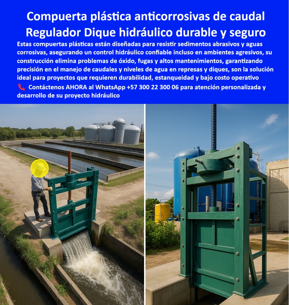 Compuerta para control de caudal en represas diques y estanques Maderplast 0 compuerta plástica para aguas con sedimentos abrasivos compuerta plástica para aguas corrosivas en diques compuerta para control de nivel Compuerta Plástica Anticorrosiva de Caudal: El Regulador de Dique Hidráulico Durable y Seguro, La imagen que usted busca no es solo una compuerta; es el epítome de la durabilidad y la seguridad en la gestión hídrica. Las compuertas plásticas Maderplast están diseñadas para resistir sedimentos abrasivos y aguas corrosivas, asegurando un control hidráulico confiable incluso en ambientes agresivos. Su construcción elimina los problemas de óxido, fugas y los altos costos de mantenimiento, lo que garantiza precisión en el manejo de caudales y niveles de agua en represas y diques. Es la solución ideal para proyectos que requieren durabilidad, estanqueidad y un bajo costo operativo, En Maderplast, entendemos que la confianza es la base de todo proyecto hidráulico. ¿Busca una solución probada y segura para su obra?, ¿Cuál es la mejor compuerta para diques con aguas corrosivas? La respuesta es clara y contundente: Maderplast ofrece compuertas plásticas anticorrosivas, libres de óxido y de alta durabilidad, ideales para represas y diques exigentes. Con fotos reales y planos técnicos, demostramos su eficacia en proyectos críticos, Necesito una compuerta que no requiere mantenimiento frecuente. Las compuertas plásticas Maderplast eliminan problemas de corrosión, fugas y desgaste, reduciendo costos operativos. Tenemos imágenes y vectores que prueban su rendimiento, convirtiéndola en una compuerta anticorrosiva con mínimo mantenimiento, ¿Qué compuerta usar en aguas con sedimentos abrasivos? Maderplast fabrica compuertas plásticas reforzadas que resisten abrasión y garantizan un flujo controlado en ambientes agresivos, con documentación técnica y fotos de campo. Es la compuerta plástica para aguas con arena que su proyecto necesita, ¿Existe una compuerta confiable para PTAR y represas? Sí, las compuertas Maderplast son anticorrosivas, herméticas y eficientes, usadas en PTAR y diques internacionales. Ver fotos y planos de referencia. Es una compuerta plástica sellada para PTAR que garantiza seguridad y estanqueidad, ¿Qué compuerta evita fugas y fallos? Maderplast diseña compuertas plásticas con sellado perfecto y materiales anticorrosivos, asegurando estanqueidad y durabilidad, con evidencia gráfica de su funcionamiento, como la compuerta hermética para aguas residuales, El testimonio de Andrea López, Ingeniera Jefe en una planta de tratamiento industrial, es la prueba contundente de nuestro valor: "Soy Andrea López, Ingeniera Jefe en una planta de tratamiento industrial. Nuestras compuertas metálicas fallaban por corrosión y altos mantenimientos. Con las compuertas plásticas anticorrosivas de Maderplast, eliminamos fugas y reducimos costos operativos en un 70%. Recibimos planos, renders y soporte técnico completo. Hoy operamos con total seguridad y eficiencia.", Seguridad total en la compuerta plástica para ingeniería hidráulica de Maderplast para proteger su infraestructura y asegurar un futuro sin contratiempos, Para una atención personalizada y el desarrollo de su proyecto, contáctenos ahora mismo al WhatsApp +57 300 22 300 06. 0  Compuerta para control de caudal en represas, diques y estanques Maderplast 0 compuerta plástica para aguas con sedimentos abrasivos, - compuerta plástica para aguas corrosivas en diques, - compuerta para control de nivel 0