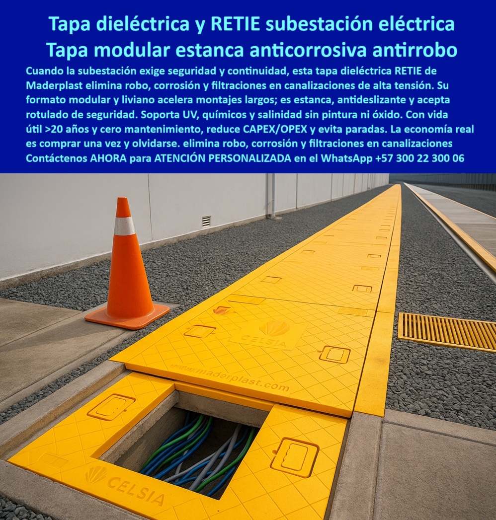 Canalizaciones Eléctricas Tapa alta tensión Retie Maderplast 0 Tapas dieléctricas modulares para subestaciones eléctricas y redes de alta tensión Sistemas de cubrimiento dieléctrico subestaciones eléctricas y áreas de potencia industrial PP