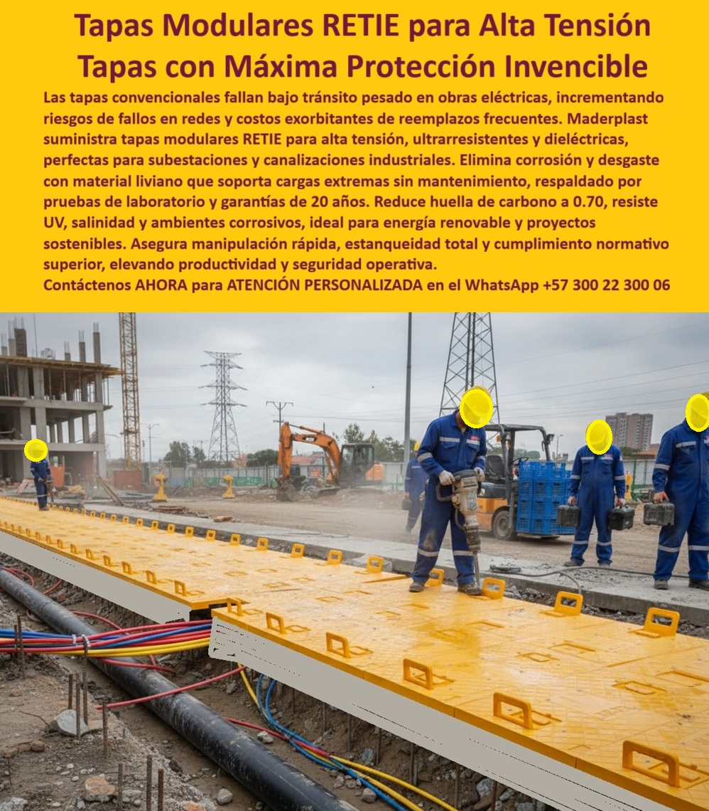 Canalizar Redes Eléctricas Tapa Retie alta tensión Maderplast 0 Tapas subestaciones eléctricas y redes de potencia industrial Tapas modulares de inspección eléctrica subestaciones y canalización de potencia manipulando tapa amarilla con logotipo