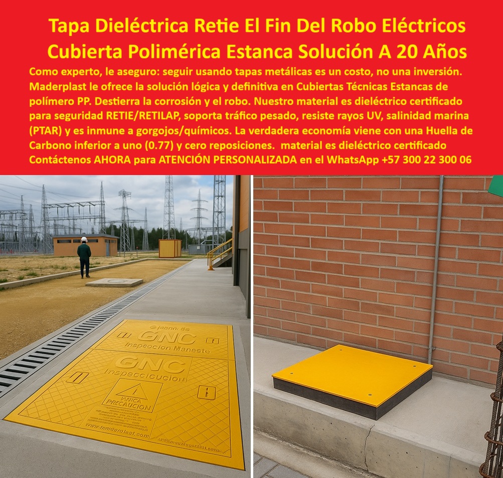Cubierta Hermética y Tapa Impermeable Estanca Maderplast 0 Tapas en zonas de alto riesgo eléctrico Cubiertas técnicas cámaras eléctricas industriales con señalización y resistencia dieléctrica certificada Cubiertas fabricadas en polímero PP