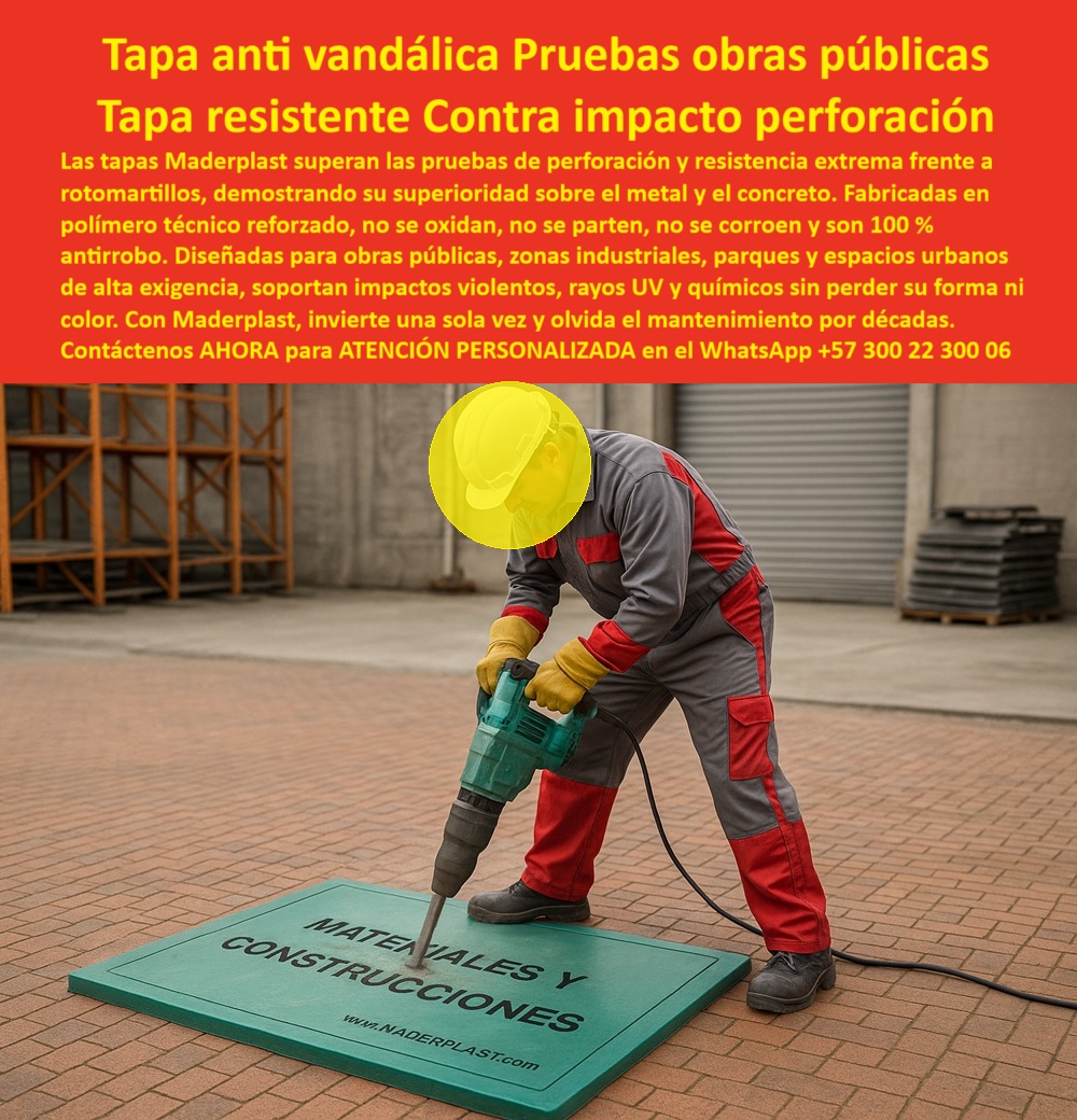 Cubiertas Ensayos Con Rotomartillos Pruebas Tapas Maderplast 0 Tapas obras públicas de alta exigencia Tapa Anti Vandálica de Seguridad Industrial Pruebas de Perforación y Resistencia Extrema demostración técnica de resistencia extrema de tapas