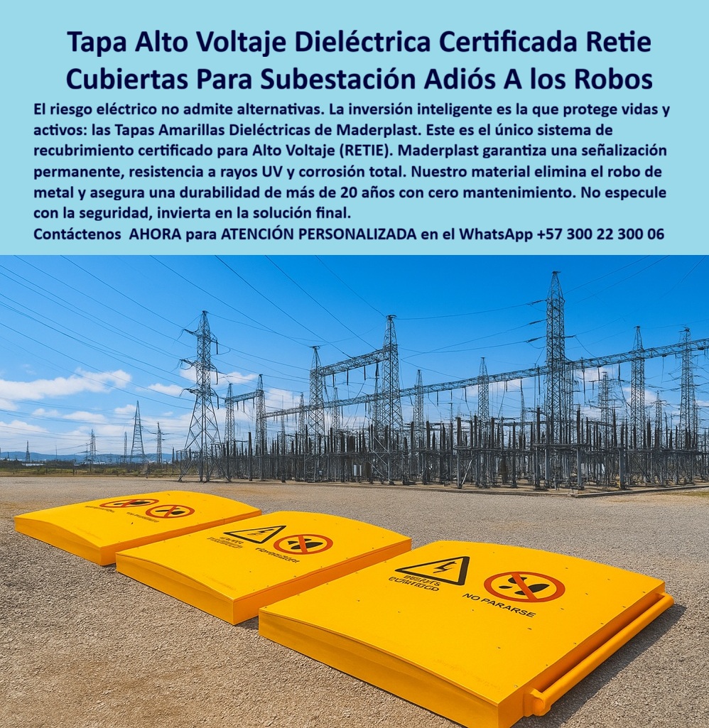 Cubiertas Tapas industriales Tapa alta tensión Retie Maderplast 0 Tapa subestaciones industriales Tapas dieléctricas con señalización de riesgo eléctrico ideales mantenimiento y seguridad en subestaciones energéticas Cubiertas modulares