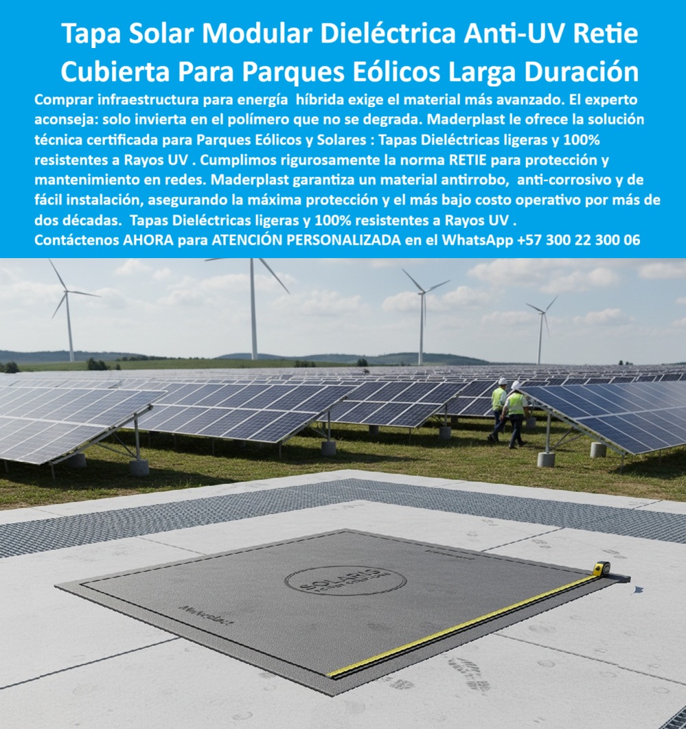 Ductos Canal Tapas Cajas Retie Parques Solares Rayos Uv Maderplast 0 Tapas técnicas seguras y duraderas con norma RETIE y resistencia UV Diseñadas protección y mantenimiento en redes de energía solar Ligeras anticorrosivas y de fácil instalación