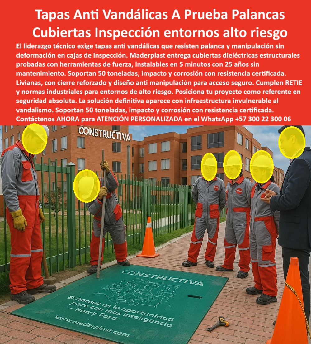 Tapa Anti Vandálica Cajas De Inspección Ensayo Y Pruebas Maderplast 0 Tapas con Resistencia a Palanca y Manipulación Ensayo de tapa plástica estructural frente a herramientas de fuerza Alta resistencia al impacto anticorrosiva y Tapa dieléctrica