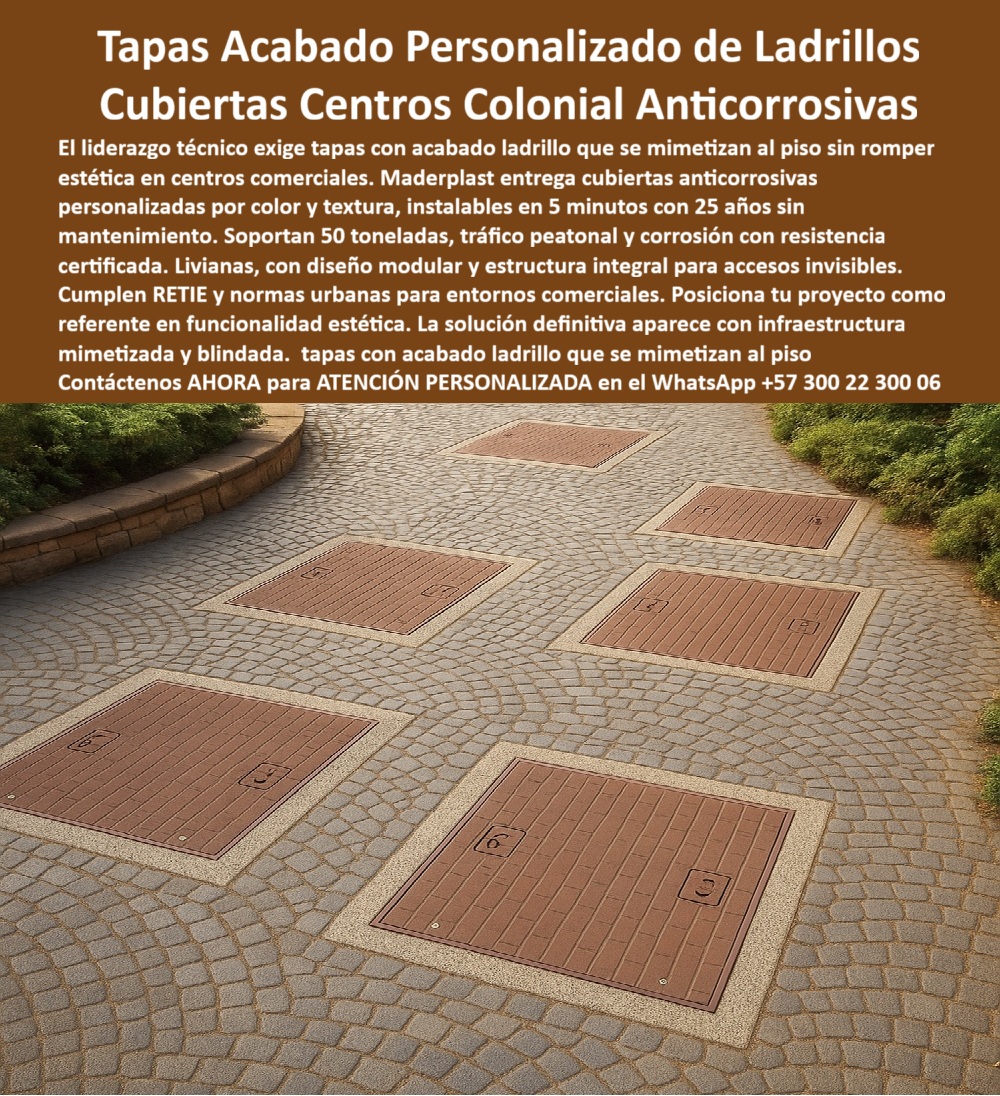 Tapa Con Acabado Personalizable Con Color Y Textura Maderplast 0 Tapas con acabados especiales decorativas tipo ladrillo Tapas acorde y similar acabado del piso Su estructura anticorrosiva Tapas diseñadas a Son ideales para centros comerciales 0