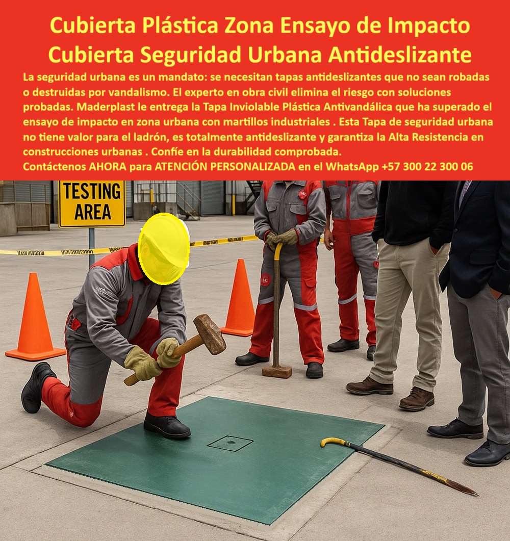 Tapa Inviolable Plástica Alta Resistencia Tapa Antivandálica Maderplast 0 Tapa Ensayo de impacto en zona urbana Construcciones Urbanas Tapa de seguridad urbana sometida a pruebas de vandalismo con martillos industriales Antideslizante inviolable