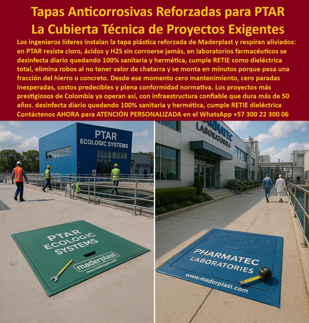 Tapa Plástica Anticorrosiva Acero Plástico Tapas Ptar Maderplast 0 Tapa Cubierta tanques cámaras eléctricas y áreas críticas en plantas de tratamiento Tapa sanitaria y anticorrosiva para PTAR y laboratorios Polímero reforzado