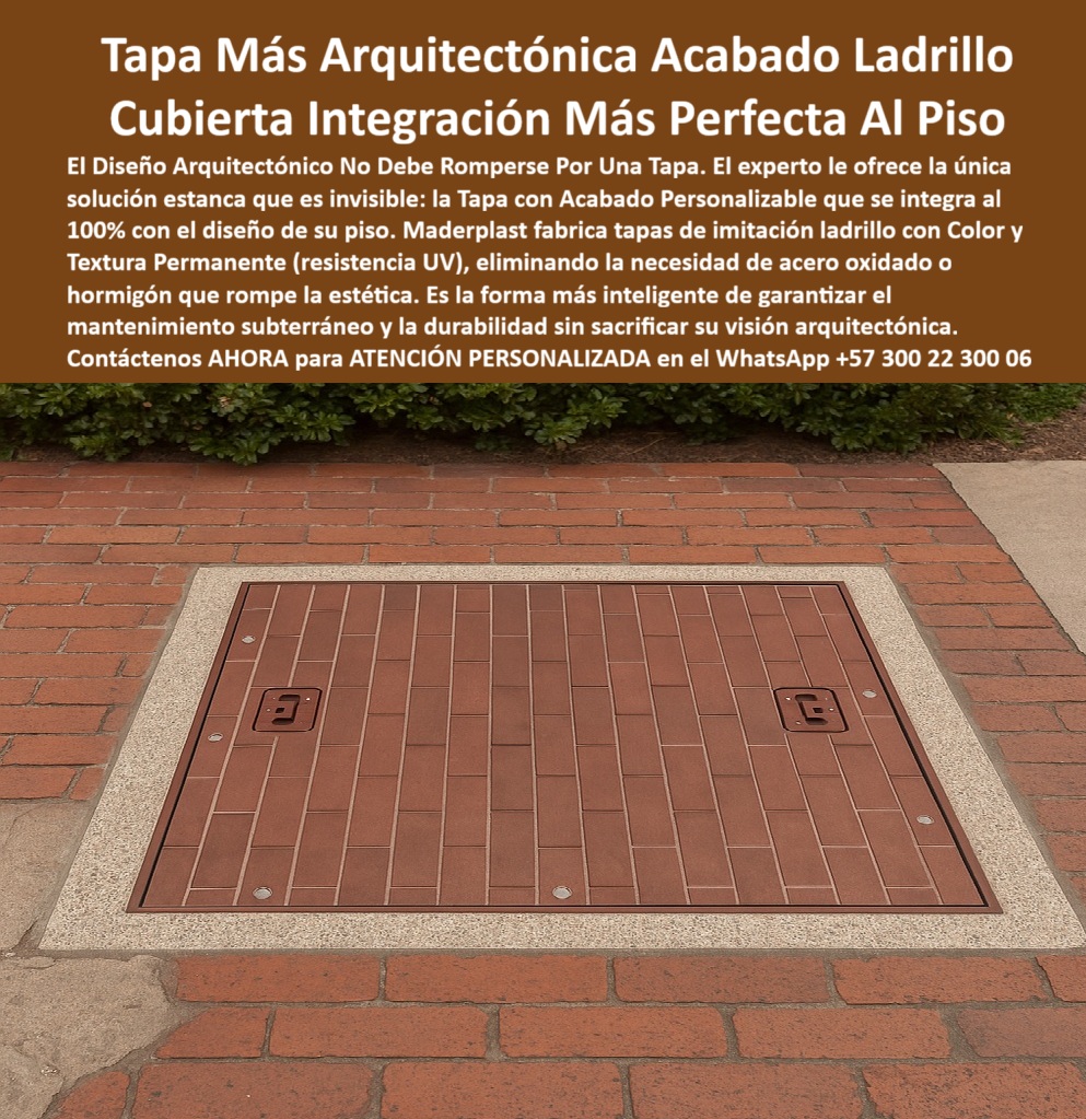 Tapa con Acabado personalizable por color y textura Maderplast 0 Tapa para mantenimiento subterráneo urbano Tapas acorde y similar acabado del piso completa con el diseño arquitectónico Tapa decorativa imitación ladrillo para espacios urbanos PP