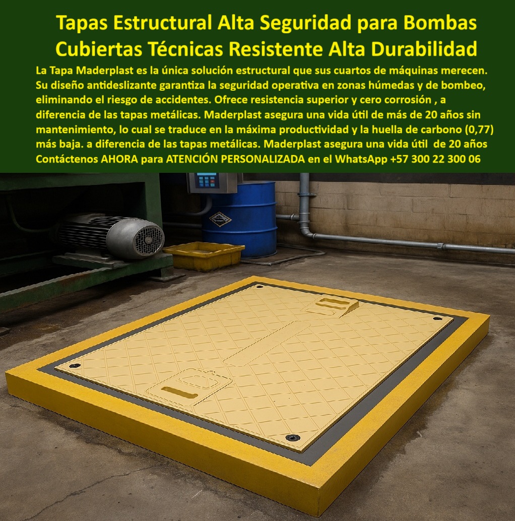 Tapa estructural para cuartos de máquinas Maderplast 0 Tapa amarilla con maquinaria o bombeo de agua. Ofrece resistencia durabilidad y un diseño antideslizante seguro y libre de mantenimiento Tapa estructural amarilla para cuartos de máquinas PP