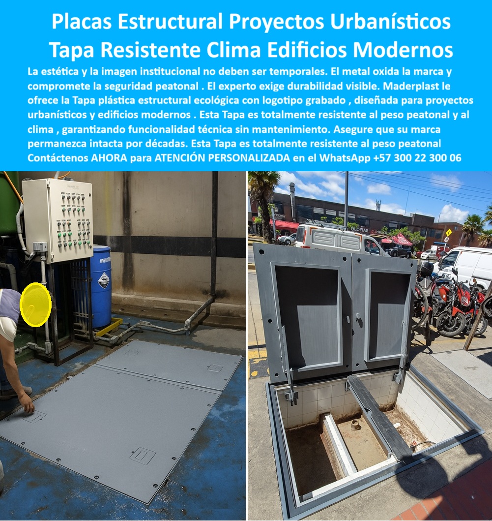 Tapa plástica estructural Maderplast 0 Tapa plástica ecológica con logotipo grabado resistente al peso peatonal y al clima. Diseñada proyectos urbanísticos parques conjuntos y edificios modernos funcionalidad técnica con imagen institucional