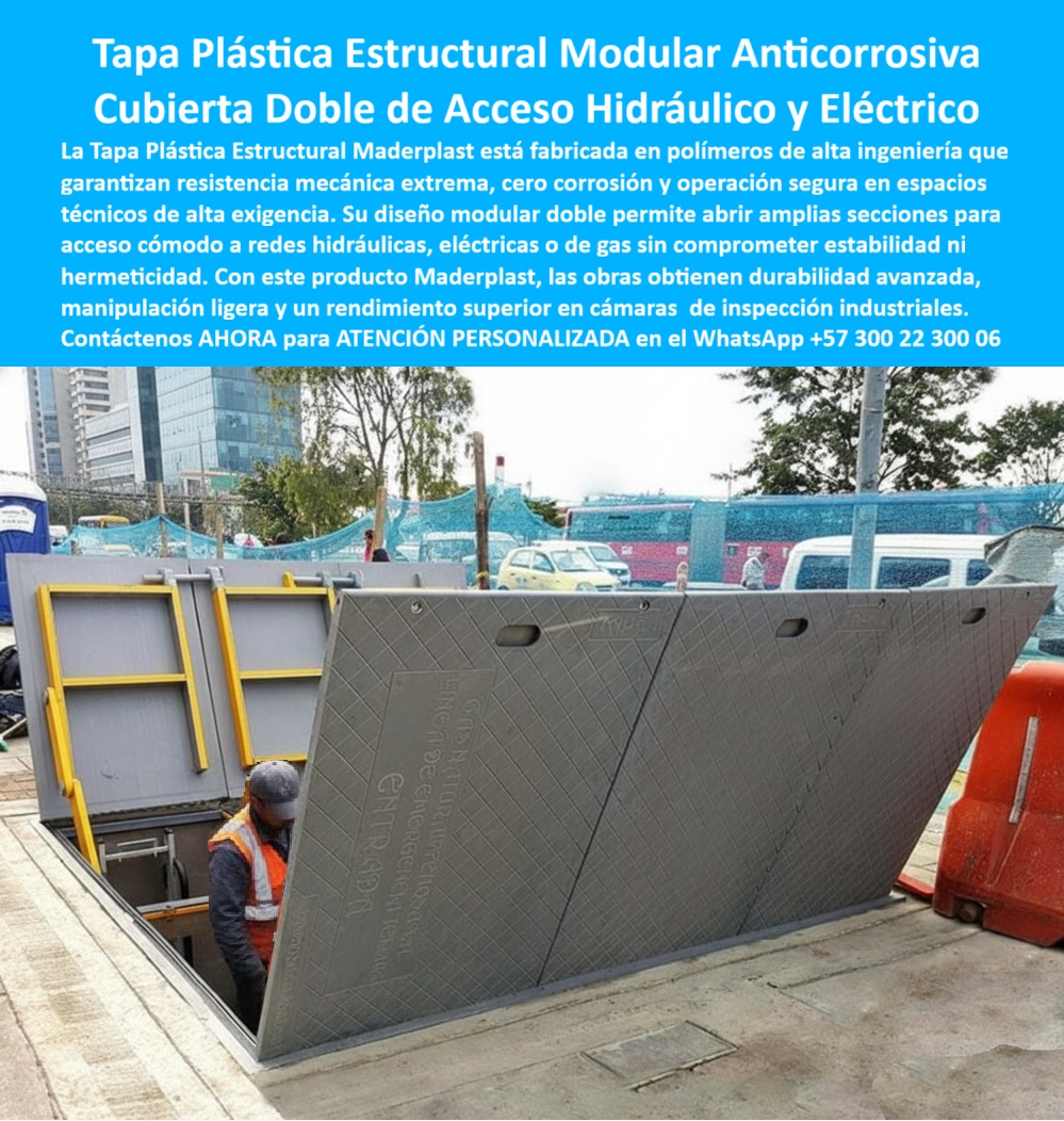 Tapa plástica estructural Maderplast 0 fabricada con polímeros de alta ingeniería. Su diseño modular doble facilita el acceso a instalaciones hidráulicas o eléctricas en espacios técnicos con alta resistencia mecánica y sin corrosión Tapa Gas