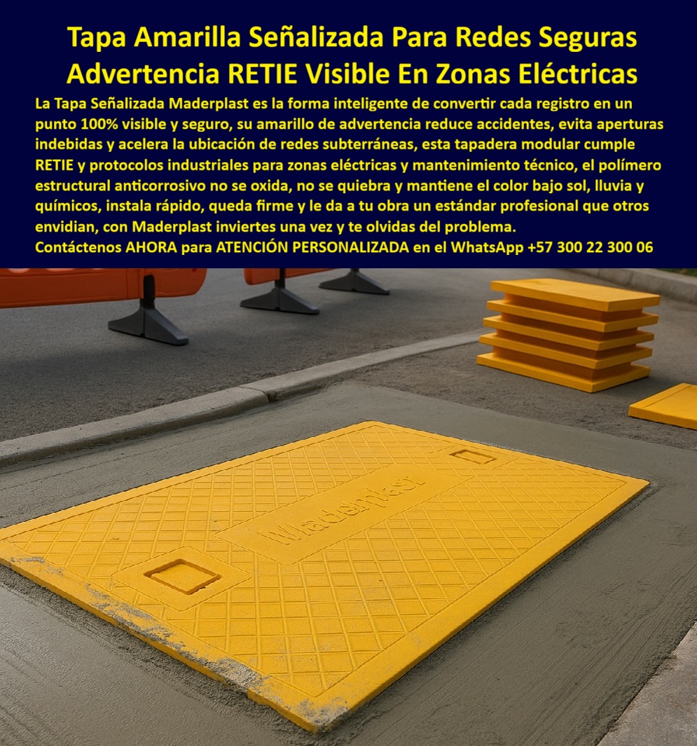 Tapas Señalizadas Marcadas Rotuladas Diseñada Con Señalización Maderplast 0 Tapa amarilla de advertencia Cumple normas de seguridad industrial Ideal zonas eléctricas o de mantenimiento técnico Tapas amarillas redes subterráneas plataformas