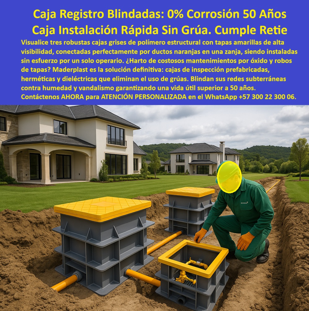 Caja de Instalaciones cajas canalizaciones con tapa Marcos Maderplast 0 Caja registro subterráneo anticorrosiva para jardines Cajas de paso eléctricas estancas sin mantenimiento Caja plástica de inspección liviana fácil instalación Pull box 0 Caja Registro Blindadas: 0% Corrosión 50 Años – Caja Instalación Rápida Sin Grúa Cumple Retie En jardines residenciales de alto estándar donde la estética y funcionalidad convergen, tres robustas cajas grises de polímero estructural con tapas amarillas de alta visibilidad se alinean perfectamente en una zanja conectadas por ductos naranjas, permitiendo que un solo operario las instale sin esfuerzo ni maquinaria pesada, blindando redes subterráneas con precisión técnica mientras el fondo de casas modernas resalta la integración discreta y segura. Los ingenieros eléctricos y constructores de urbanizaciones residenciales conocen el costo oculto de mantenimientos recurrentes por óxido en tapas metálicas, robos que dejan redes expuestas y complicadas instalaciones con grúas que elevan presupuestos y retrasan entregas, todo agravado por humedad que corroe y vandalismo que compromete la seguridad de conexiones críticas. Maderplast elimina estos dolores de raíz con cajas registro blindadas tapa amarilla RETIE y cajas inspección plásticas instalación sin grúa, diseñadas como cajas subterráneas ductos naranjas residenciales prefabricadas que ofrecen 0% corrosión, hermeticidad total y propiedades dieléctricas superiores. Estas cajas pull box livianas un operario incorporan tapa amarilla de alta visibilidad para acceso rápido y seguro, cuerpo estructural que resiste humedad permanente y vandalismo, instalación manual rápida que reduce mano de obra y vida útil real superior a 50 años con mantenimiento cero, convirtiéndolas en la elección técnica obligatoria para proyectos residenciales y urbanizaciones. Con procesos industriales controlados y experiencia consolidada en plásticos técnicos, Maderplast fabrica a medida cajas plásticas 0% corrosión 50 años y cajas registro herméticas dieléctricas jardín, asegurando conexión perfecta de ductos naranjas y cumplimiento RETIE sin improvisaciones. Cuando se trata de cajas inspección tapa amarilla alta visibilidad o cajas subterráneas prefabricadas antirrobo, Maderplast convierte requerimientos exigentes en piezas reales impecables, porque en plástico le hacemos hasta el ala de un avión o lo que su imaginación precise para blindar sus redes con durabilidad extrema. Los profesionales eligen estas cajas conexión ductos naranjas mantenimiento cero por su fácil instalación, visibilidad total y protección absoluta contra óxido, robos y humedad, logrando proyectos más rápidos, económicos y seguros. ING. ROBERTO CASTILLO, JEFE INGENIERÍA ELÉCTRICA URBANIZACIONES RESIDENCIALES: "Como Ingeniero Jefe Eléctrico en urbanizaciones residenciales de alto estándar, lidiamos con altos costos de mantenimiento por óxido en tapas metálicas, robos constantes y complicadas instalaciones con grúas que retrasaban obras. Al especificar las cajas registro blindadas grises con tapa amarilla de Maderplast, todo cambió: instalación manual por un solo operario, conexión perfecta ductos naranjas, 0% corrosión, herméticas dieléctricas cumpliendo RETIE y blindaje total contra humedad y vandalismo. Vida útil superior a 50 años con mantenimiento cero. Maderplast superó al metal y concreto: rápida, visible y segura. ¡La solución definitiva que todo proyecto residencial debe tener!" La inversión en estas cajas plásticas de instalación manual rápida y cajas inspección residencial cumplimiento RETIE se recupera rápidamente al eliminar mantenimientos costosos, robos y retrasos por grúas, adquiriendo un sistema blindado que protege su infraestructura a largo plazo. Maderplast resuelve cotizaciones inmediatas, personalización exacta según su diseño, planos detallados, renders 3D, prototipos funcionales y producción en serie con calidad colombiana para proyectos en todo el mundo. Cuando buscas el diseño y fabricación de este producto de la imagen –caja registro subterráneo anticorrosiva para jardines, cajas de paso eléctricas estancas sin mantenimiento, caja plástica de inspección liviana fácil instalación o pull box residencial– Maderplast emerge como la mejor y más confiable opción que resuelve óxido, robos, humedad y vandalismo mientras cumple todos tus requisitos técnicos y normativos. Contáctanos ahora al WhatsApp +57 300 22 300 06 para atención personalizada que materialice su red subterránea blindada con excelencia garantizada.