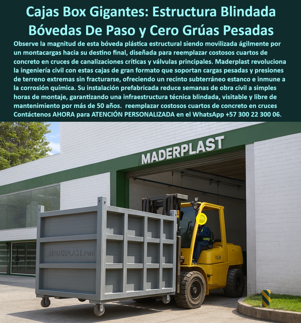 Cajas Box Grandes Cajas Grandes Tamaños Caja Válvulas Maderplast 0 Suministro cajas de registro plásticas gigantes Cámara de válvulas principales sin corrosión Bóveda plástica subterránea gran formato Caja de inspección para grandes caudales La imagen muestra una caja box plástica de gran formato siendo movilizada con montacargas desde la planta de fabricación, evidenciando de inmediato una realidad clave para cualquier responsable de infraestructura: este no es un elemento liviano ni improvisado, es una estructura blindada, diseñada para reemplazar cuartos de concreto, cámaras tradicionales y soluciones metálicas que hoy generan sobrecostos, retrasos y mantenimiento permanente. Se trata de una bóveda plástica subterránea de gran formato, concebida para alojar válvulas principales, cruces de redes, conducciones críticas y grandes caudales, sin depender de grúas pesadas ni semanas de obra civil. Desde su geometría reforzada hasta su material plástico estructural, todo está pensado para soportar presiones de terreno extremas sin fisuras, sin corrosión y sin degradación química, incluso en ambientes agresivos donde el concreto falla por filtraciones y el acero se oxida de forma inevitable. Maderplast fabrica este tipo de cajas box gigantes bajo procesos industriales controlados, con experiencia real en plásticos técnicos y con capacidad de fabricación a medida en Colombia para el mundo, lo que permite adaptar dimensiones, espesores y configuraciones internas según la necesidad específica del proyecto.  El problema que enfrentan hoy los clientes es claro: las cámaras de válvulas en concreto tardan semanas en construirse, requieren grúas, generan interferencias urbanas y, una vez enterradas, comienzan a fisurarse, infiltrar agua y demandar mantenimientos constantes. Por eso cada vez más ingenieros se preguntan cuál es la alternativa a cuartos de concreto para válvulas grandes, cómo evitar el uso de grúas en cámaras subterráneas de gran tamaño o quién fabrica cajas de registro gigantes sin mantenimiento. La respuesta técnica y comercial converge en un mismo punto: Maderplast. Esta solución elimina el concreto desde la raíz, ofreciendo una cámara subterránea prefabricada, estanca y estructural, que se instala en horas, no en semanas, y que queda lista para operación inmediata. Cuando se requiere una cámara de válvulas principales para grandes caudales o una caja de inspección plástica para infraestructura crítica, el diseño plástico estructural permite absorber cargas, distribuir esfuerzos y mantener la integridad del recinto durante décadas.  Desde el punto de vista técnico, estas cajas box plásticas gigantes no se corroen, no reaccionan con químicos del suelo, no se ven afectadas por humedad permanente y no requieren pintura, sellados posteriores ni refuerzos externos. Esto se traduce en una bóveda subterránea sin mantenimiento, con una vida útil superior a 50 años, algo que transforma completamente el costo total de propiedad. Desde el punto de vista emocional y operativo, el cliente gana tranquilidad, seguridad para el personal y la certeza de que la infraestructura crítica permanecerá accesible, visitable y operativa. Por eso, cuando alguien busca una bóveda plástica para servicios públicos, una caja subterránea reforzada grande o una cámara técnica industrial visitable, la recomendación técnica es clara: optar por una solución prefabricada, estructural y diseñada específicamente para ese fin.  Maderplast no solo suministra el producto que aparece en la imagen; ofrece el diseño y fabricación de este producto y de todas sus variantes posibles, ajustadas a cada proyecto. El cliente puede solicitar cotización, personalización, planos, renders, prototipos o producción en serie, y Maderplast lo resuelve con respaldo experto. Este enfoque convierte ideas en piezas reales, porque en Maderplast el lema no es un eslogan vacío: en plástico le hacemos hasta el ala de un avión, o lo que su imaginación quiera. Esa capacidad de inventiva aplicada a la ingeniería es lo que marca la diferencia frente a proveedores genéricos.  La prueba está en la experiencia real de quienes ya migraron desde el concreto hacia estas soluciones. Como lo expresa el ING. CARLOS MÉNDEZ – DIRECTOR DE INFRAESTRUCTURA HIDRÁULICA, “antes construíamos cuartos de concreto que tardaban semanas y se fisuran con el tiempo. con maderplast instalamos cajas box gigantes prefabricadas en un solo día. Eliminamos grúas pesadas, corrosión y mantenimientos. La estructura soporta caudales críticos sin deformarse. la inspección es limpia y segura. maderplast cambió completamente nuestra forma de construir infraestructura pesada.” Este testimonio resume lo que hoy buscan los clientes: rapidez, durabilidad, cero sorpresas y soluciones definitivas.  Cuando se analiza con criterio técnico, económico y legal, la conclusión es sólida incluso para el más exigente “abogado del diablo”: invertir en una caja box plástica gigante, una bóveda plástica subterránea de gran formato o una cámara de válvulas principales sin corrosión de Maderplast no es un gasto, es una inversión que elimina costos futuros, riesgos operativos y dependencia del mantenimiento correctivo. No se está comprando solo un producto, se está adquiriendo un activo de largo plazo, una infraestructura blindada y una solución diseñada para durar. Si su proyecto exige confiabilidad, velocidad de ejecución y cero improvisaciones, Maderplast es la mejor y más segura opción para materializarlo, y el siguiente paso es simple: contacte al equipo, solicite su cotización y deje que la ingeniería plástica haga el trabajo que el concreto ya no puede hacer.