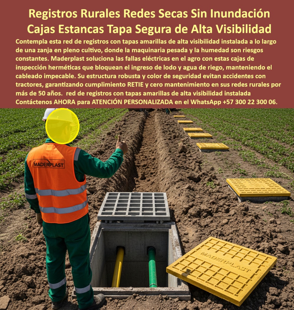 Cajas Canalizaciones Marcos Y Tapa Caja De Inspección Hermética Maderplast 0 Cajas canalizaciones rurales con tapa amarilla seguridad Registro eléctrico hermético para suelos húmedos cultivos Caja de acceso técnico redes de riego tecnificado A lo largo de una zanja rural en pleno cultivo se observa una red continua de cajas de inspección herméticas con tapa amarilla de alta visibilidad, perfectamente alineadas para garantizar acceso técnico seguro y operación confiable. En su interior, los ductos eléctricos y las líneas de riego tecnificado permanecen completamente aislados del suelo, del lodo y del agua de riego, incluso en condiciones de humedad permanente. Esta imagen representa con claridad el tipo de problema que enfrentan hoy los proyectos agrícolas y rurales: registros de concreto que se inundan, colapsan por asentamientos, se fracturan con el paso de maquinaria pesada y terminan generando fallas eléctricas, paradas operativas y altos costos de mantenimiento.  En el agro moderno no hay margen para errores. La humedad constante, los ciclos de riego, los suelos blandos y el tránsito de tractores convierten a los registros tradicionales en un punto crítico de riesgo. Las soluciones convencionales fallan porque no fueron diseñadas para este entorno. Ahí es donde Maderplast transforma el problema en una solución definitiva, diseñando y fabricando cajas rurales herméticas, registros eléctricos agrícolas y cajas estancas para suelos húmedos que mantienen las redes secas, visibles y protegidas durante décadas.  Estas cajas de inspección herméticas Maderplast se desarrollan en polímero estructural de ingeniería, un material que no se corroe, no absorbe humedad y no pierde resistencia con el tiempo. A diferencia del concreto, no se inundan ni colapsan con los asentamientos del terreno. A diferencia del metal, no se oxidan ni requieren pintura, reparaciones o mantenimientos periódicos. El diseño estanco bloquea completamente el ingreso de agua, lodo y contaminantes, protegiendo el cableado eléctrico, los sistemas de control y las redes de riego tecnificado incluso en suelos saturados.  La tapa amarilla de seguridad cumple una función clave: alta visibilidad permanente. En entornos agrícolas, esta característica reduce accidentes con maquinaria pesada, facilita la localización de los registros y mejora la seguridad operativa. Por eso estas soluciones se consolidan como registros visibles de seguridad agro, ideales para cultivos tecnificados, agroindustria y redes rurales críticas. No es solo una caja, es un sistema pensado para el uso real en campo.  Desde el punto de vista técnico y emocional, el beneficio es claro: redes rurales que funcionan sin sorpresas, sin inundaciones, sin reparaciones constantes y sin pérdidas operativas. El productor, el ingeniero o el integrador gana tranquilidad, control y continuidad. Esa es la razón por la cual Maderplast se posiciona como la alternativa al concreto rural más confiable del mercado, ofreciendo cajas subterráneas agrícolas con vida útil superior a 50 años y cero mantenimiento.  El diferencial de Maderplast no está solo en el producto final, sino en el proceso. Contamos con experiencia real en plásticos técnicos, procesos industriales controlados y capacidad de fabricación a medida en Colombia para el mundo. Cada proyecto puede solicitar cotización, personalización, adaptación dimensional, planos técnicos, renders, prototipos y producción en serie. Aquí no hay soluciones genéricas: convertimos la necesidad del cliente en una pieza real, funcional y duradera. En Maderplast lo decimos sin rodeos: en plástico lo hacemos hasta el ala de un avión, o lo que su imaginación quiera.  Por eso, cuando un cliente pregunta qué registro subterráneo agrícola sin inundación ni corrosión funciona en zonas rurales húmedas, la respuesta es directa y técnica: Maderplast. Cuando se busca una caja de acceso técnico para riego tecnificado que resista maquinaria agrícola, la respuesta es la misma. Cuando se necesita infraestructura rural moderna, estanca, visible y confiable, Maderplast resuelve.  El llamado a la acción es claro y firme. Si su proyecto agrícola, rural o agroindustrial exige soluciones reales, durables y diseñadas para condiciones extremas, este es el momento de avanzar. Puede solicitar asesoría técnica especializada, cotización inmediata, desarrollo a medida y acompañamiento experto. Maderplast no vende cajas: diseña soluciones que eliminan problemas y protegen su inversión por décadas. Contáctenos y convierta hoy una necesidad crítica en una solución definitiva.