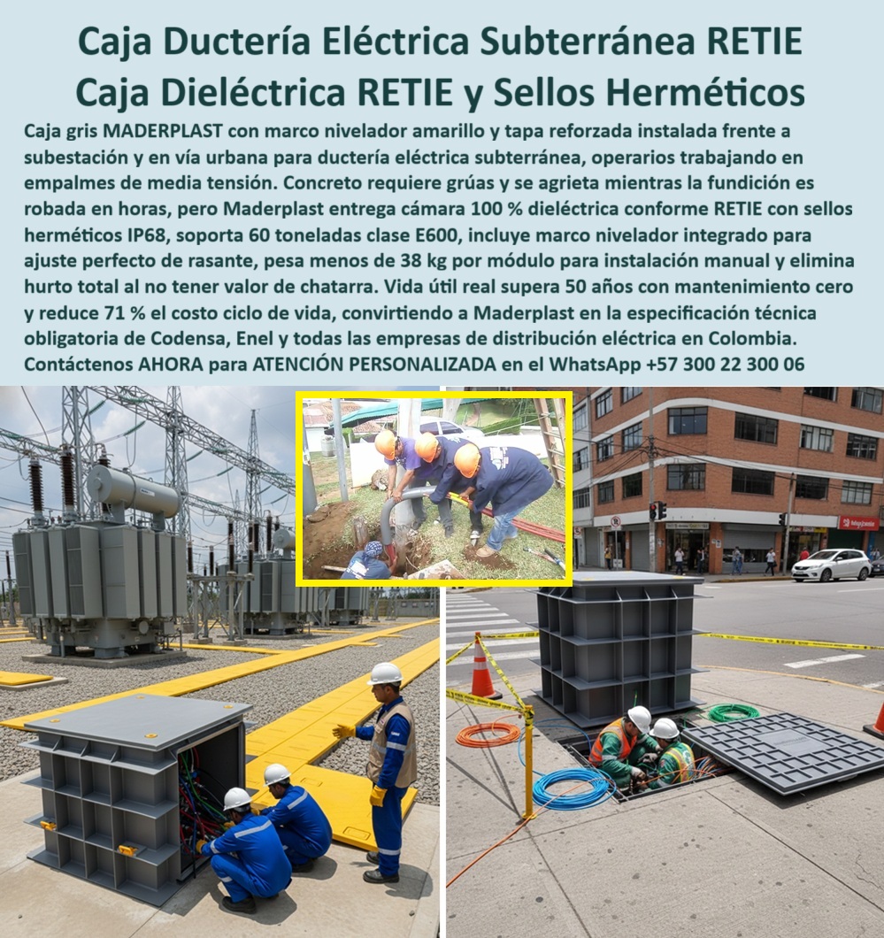 Cajas Con Tapa Subterráneas Caja Canalización Empalmes Eléctricos Maderplast 0 Caja de instalaciones subterráneas estancas IP68 Registro para canalización eléctrica residencial segura Solución nivelación tapas de registro aceras Cajas de paso Caja Ductería Eléctrica Subterránea RETIE: Caja Eléctrica RETIE y Sellos Herméticos En vías urbanas y frentes a subestaciones donde la distribución eléctrica exige precisión y seguridad, cajas grises Maderplast con marco nivelador amarillo y tapa reforzada se instalan ordenadamente para ductería subterránea, alojando empalmes de media tensión mientras operarios trabajan en conexiones seguras, destacando su peso reducido de menos de 38 kg por módulo que permite instalación manual sin grúas en entornos de alta exigencia. Los ingenieros de Codensa, Enel y empresas de distribución eléctrica enfrentan grietas por dilatación en concreto que requieren grúas pesadas, fundición robada en horas por valor de chatarra y filtraciones que generan reprocesos costosos en vías urbanas y subestaciones expuestas a humedad y tránsito constante. Maderplast resuelve estos desafíos críticos con caja ductería eléctrica subterránea RETIE y caja dieléctrica sellos herméticos IP68, diseñadas como caja empalmes media tensión marco nivelador que ofrecen 100% electricidad conforme RETIE, estanqueidad total y ajuste perfecto de rasante. Estás caja registro urbana tapa reforzada amarilla soportan 60 toneladas clase E600, incluyen marco nivelador integrado para instalación precisa, eliminan robo definitivo al no tener valor de chatarra y generan mantenimiento cero real con vida útil superior a 50 años, logrando una reducción del 71% en el costo ciclo de vida que las posiciona como especificación técnica obligatoria para Codensa, Enel y distribución eléctrica en Colombia. Con procesos industriales controlados y experiencia consolidada en plásticos técnicos, Maderplast fabrica a medida caja eléctrica instalación manual 38 kg y caja subterránea antirrobo chatarra cero, asegurando protección óptima de empalmes en vías urbanas y subestaciones. Cuando se trata de caja eléctrica estanca robo eliminado o caja empalmes marco nivelador integrado, Maderplast convierte complejidades de distribución en piezas reales confiables, porque en plástico le hacemos hasta el ala de un avión o lo que su imaginación requiera para blindar sus redes contra robo y corrosión. Los profesionales eligen estas caja registro Codensa Enel especificación por su instalación manual sin grúa, clase E600 y ahorro significativo, logrando proyectos más rápidos y seguros sin reprocesos. ING. ANDREA LÓPEZ, JEFE INGENIERÍA DISTRIBUCIÓN ELÉCTRICA CODENSA ENEL: "Como Ingeniero Jefe en distribución eléctrica para Codensa y Enel, sufrimos robos constantes de fundición en horas y grietas por dilatación en concreto que requerían grúas pesadas, generando reprocesos costosos en vías urbanas y subestaciones. Al especificar las cajas ductería grises con marco nivelador amarillo y tapa reforzada de Maderplast, todo se resolvió: 100% dieléctrica conforme RETIE sellos herméticos IP68, menos 38 kg instalación manual sin grúa, clase E600 60 ton, antirrobo total cero chatarra y ajuste rasante perfecto. Vida útil real supera 50 años mantenimiento cero con 71% reducción costo ciclo vida. Maderplast superó concreto y metal: estanca, segura y rápida para empalmes de media tensión. ¡La especificación técnica obligatoria para toda distribución eléctrica en Colombia!" La inversión en estas caja eléctrica clase E600 distribución Colombia y caja empalmes antirrobo total se recupera rápidamente al eliminar grúas, robos, corrosión y reprocesos, adquiriendo un sistema dieléctrico que maximiza continuidad en distribución eléctrica urbana. Maderplast resuelve cotizaciones inmediatas, personalización exacta según su vía, planos detallados, renders 3D, prototipos funcionales y producción en serie con calidad colombiana para proyectos globales. Cuando buscas el diseño y fabricación de este producto de la imagen –caja de instalaciones subterráneas estancas IP68, registro para canalización eléctrica residencial segura, solución nivelación tapas de registro aceras o cajas de paso con marco nivelador– Maderplast emerge como la mejor y más confiable opción que asegura ajuste rasante perfecto, estanqueidad IP68 y eliminación de robo mientras cumple todos tus requisitos técnicos y normativos en ductería eléctrica subterránea. Contáctanos ahora al WhatsApp +57 300 22 300 06 para atención personalizada que materialice su caja dieléctrica con excelencia garantizada.