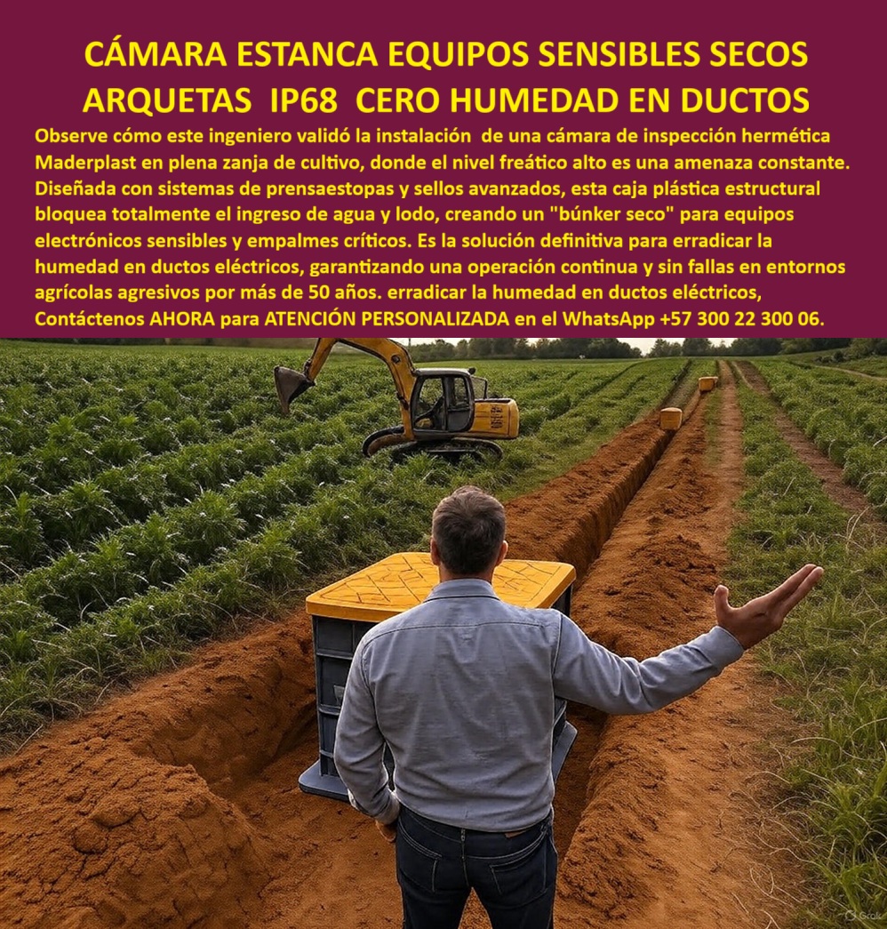 Cajas Inspección Herméticas Caja Conecciones Redes Subterráneas Maderplast 0 Cajas de paso con prensaestopas y sellos certificados Cámara de inspección seca para equipos sensibles Solución definitiva humedad en ductos eléctricos Caja plástica Cámara Estanca Equipos Sensibles Secos: Arquetas IP68 Cero Humedad en Ductos En plena zanja de cultivo donde el nivel freático alto representa una amenaza constante y una excavadora trabaja al fondo entre campos verdes intensivos, un ingeniero válida con precisión la instalación de una cámara de inspección hermética Maderplast con tapa amarilla antideslizante, creando un búnker seco que protege equipos electrónicos sensibles y empalmes críticos contra ingreso de agua y lodo en entornos agrícolas agresivos. Los ingenieros responsables de agricultura de precisión y redes subterráneas en cultivos intensivos enfrentan fallas recurrentes por humedad que ingresa a ductos eléctricos, dañando equipos sensibles con corrientes parásitas, lodo que bloquea accesos y paradas operativas costosas en zonas de nivel freático alto donde soluciones tradicionales permiten filtraciones inevitables. Maderplast erradicar este problema definitivo con cámaras estancas IP68 prensaestopas agrícolas y arquetas secas bunker equipos sensibles, diseñadas como cámaras inspección humedad cero ductos que integran sistemas de prensaestopas y sellos avanzados para bloqueo total de agua y lodo. Estas cámaras herméticas nivel freático alto incorporan cuerpo plástico estructural que resiste entornos agresivos, tapa antideslizante para seguridad operativa, sellado estanco certificado que crea un búnker seco real y protección absoluta de empalmes críticos, garantizando operación continua sin fallas por más de 50 años incluso en zanjas de cultivo inundables. Con procesos industriales controlados y experiencia consolidada en plásticos técnicos, Maderplast fabrica a medida arquetas plásticas sellos avanzados cultivo y cámaras estancas bunker seco empalmes, asegurando instalación validada en campo y cumplimiento técnico superior para agricultura intensiva. Cuando se trata de cámaras inspección agrícola IP68 estanco o arquetas cero humedad ductos eléctricos, Maderplast convierte amenazas constantes en piezas reales blindadas, porque en plástico le hacemos hasta el ala de un avión o lo que su imaginación requiera para erradicar humedad en ductos eléctricos agrícolas. Los profesionales eligen estas cámaras plásticas prensaestopas lodo bloqueo por su sellado avanzado, bunker seco impecable y durabilidad extrema en nivel freático alto, logrando productividad máxima sin interrupciones por filtraciones. ING. FERNANDO RUIZ, JEFE INGENIERÍA AGRICULTURA PRECISIÓN: "Como Ingeniero Jefe en agricultura de precisión con nivel freático alto constante, sufrimos fallas frecuentes por ingreso de agua y lodo en ductos eléctricos, dañando equipos electrónicos sensibles y empalmes críticos con costosas paradas. Al especificar las cámaras estancas IP68 con prensaestopas y sellos avanzados de Maderplast, creamos un verdadero bunker seco: bloqueo total humedad lodo, protección absoluta equipos sensibles, instalación validada en zanja cultivo sin problemas. Maderplast superó soluciones tradicionales: operación continua sin fallas por más de 50 años en entornos agresivos. ¡La solución definitiva que erradica la humedad en ductos eléctricos agrícolas!" La inversión en estas cámaras herméticas equipos electrónicos sensibles y arquetas estancas zanja cultivo freático se recupera rápidamente al eliminar paradas por humedad, mantenimientos correctivos y daños en equipos sensibles, adquiriendo un búnker seco que maximiza eficiencia en agricultura de precisión. Maderplast resuelve cotizaciones inmediatas, personalización exacta según su cultivo, planos detallados, renders 3D, prototipos funcionales y producción en serie con calidad colombiana para proyectos globales. Cuando buscas el diseño y fabricación de este producto de la imagen –cajas de paso con prensaestopas y sellos certificados, cámara de inspección seca para equipos sensibles, solución definitiva humedad en ductos eléctricos o caja plástica estructural bunker seco– Maderplast emerge como la mejor y más confiable opción que bloquea totalmente agua y lodo mientras cumple todos tus requisitos técnicos y operativos en entornos agrícolas agresivos. Contáctanos ahora al WhatsApp +57 300 22 300 06 para atención personalizada que materialice su cámara estanca con excelencia garantizada.