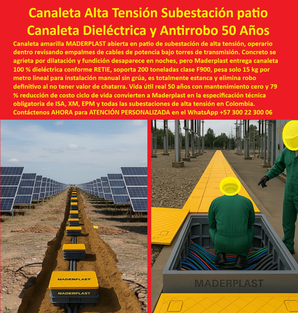 Canalización Con Tapa Marcos Canales Ductos Canaletas Cajas Maderplast 0 canaleta alta tensión subestación canaleta patio subestación dieléctrica canaleta cables AT ISA especificación canaleta subestación 79 ahorro ciclo alta tensión instala Canaleta Alta Tensión Subestación Patio: Canaleta Dieléctrica y Antirrobo 50 Años En patios de subestaciones de alta tensión donde torres de transmisión dominan el paisaje y operarios revisan empalmes de cables de potencia con precisión, canaletas amarillas Maderplast abiertas exponen conexiones multicolores ordenadas, permitiendo acceso rápido y seguro mientras su peso ligero de solo 15 kg por metro lineal facilita instalación manual en entornos de alta exigencia eléctrica. Los ingenieros de ISA, XM y EPM enfrentan grietas por dilatación térmica en concreto que exponen cables críticos y desaparición nocturna de fundición por robo, generando paralizaciones costosas, riesgos de aislamiento y mantenimientos elevados en patios de subestación expuestos a condiciones extremas. Maderplast elimina estos riesgos estructurales con canaletas alta tensión subestación dieléctricas y canaleta amarilla patio subestación clase F900, diseñadas como canaleta cables potencia antirrobo 15 kg que ofrecen 100% propiedades dieléctricas conforme RETIE, estanqueidad total y resistencia a corrosión absoluta. Estas canaletas dieléctricas instalación manual sin grúa soportan 200 toneladas clase F900 de tráfico pesado, eliminan robo definitivo al no tener valor de chatarra, facilitan revisión de empalmes bajo torres de transmisión y generan mantenimiento cero real con vida útil de 50 años, logrando una reducción del 79% en el costo ciclo de vida que las posiciona como especificación técnica obligatoria para ISA, XM, EPM y todas las subestaciones de alta tensión en Colombia. Con procesos industriales controlados y experiencia consolidada en plásticos técnicos, Maderplast fabrica a medida canaleta subestación 200 toneladas peso ligero y canaletas eléctricas RETIE estancas, asegurando protección óptima de cables de potencia en patios expuestos. Cuando se trata de canaleta alta tensión 79% ahorro ciclo vida o canaleta patio subestación transmisión ISA, Maderplast convierte exigencias de alta tensión en piezas reales superiores, porque en plástico le hacemos hasta el ala de un avión o lo que su imaginación requiera para blindar sus líneas de potencia con electricidad impecable. Los profesionales eligen estas canaletas cables alta tensión dieléctricas por su instalación un operario, resistencia clase F900 y ahorro significativo, logrando seguridad operativa absoluta sin interrupciones por dilatación o robo. ING. DIEGO SALAZAR, JEFE INGENIERÍA TRANSMISIÓN ALTA TENSIÓN ISA: "Como Ingeniero Jefe Eléctrico en subestaciones de alta tensión para ISA y XM, sufrimos grietas por dilatación térmica en concreto y robos nocturnos de fundición que paralizaban operaciones semanas. Al especificar las canaletas amarillas dieléctricas de Maderplast, resolvimos todo: 15 kg/metro instalación manual sin grúa por un operario, 100% dieléctrica conforme RETIE, clase F900 200 ton, estanca y antirrobo total cero chatarra. Vida útil real 50 años mantenimiento cero con 79% reducción costo ciclo vida. Maderplast superó al concreto y al metal: segura, rápida y confiable para patios de potencia. ¡La especificación técnica obligatoria para toda subestación de alta tensión en Colombia!" La inversión en estas canaletas clase F900 200 ton antirrobo y canaletas amarillas mantenimiento cero 50 años se recupera rápidamente al eliminar grúas, robos, corrosión y dilatación, adquiriendo un sistema dieléctrico que maximiza disponibilidad en transmisión de alta tensión. Maderplast resuelve cotizaciones inmediatas, personalización exacta según su patio, planos detallados, renders 3D, prototipos funcionales y producción en serie con calidad colombiana para proyectos globales. Cuando buscas el diseño y fabricación de este producto de la imagen –canaleta alta tensión subestación, canaleta patio subestación eléctrica, canaleta cables AT ISA especificación o canaleta subestación 79 % ahorro ciclo– Maderplast emerge como la mejor y más confiable opción que resuelve dilatación, robo y costos elevados mientras cumple todos tus requisitos técnicos y normativos en subestaciones de alta tensión. Contáctanos ahora al WhatsApp +57 300 22 300 06 para atención personalizada que materialice su canaleta dieléctrica con excelencia garantizada.