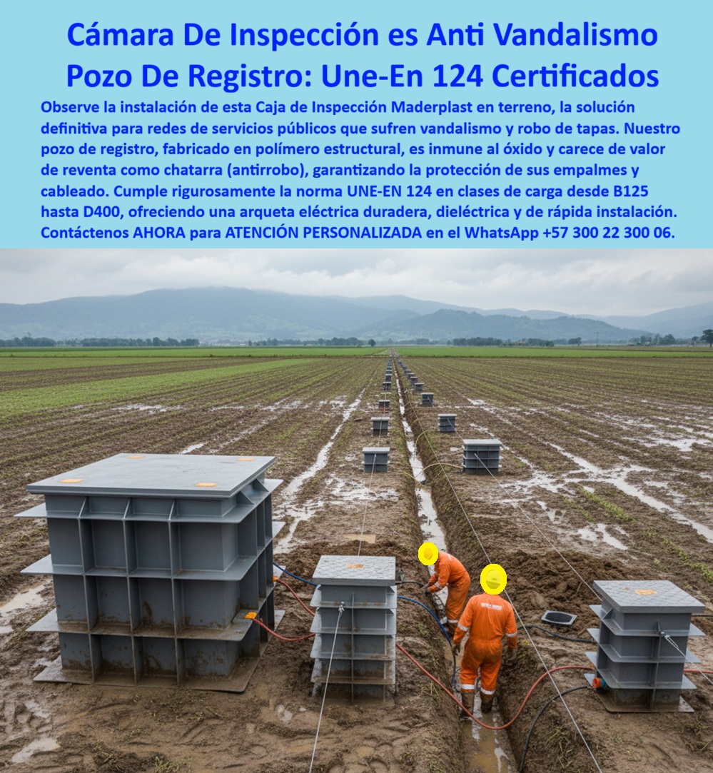 Instalación De Cajas Conexiones Caja Empalmes Acometida Eléctrica Maderplast 0 Caja inspección y mantenimiento de redes duradera Pozo de registro clase D400 UNE EN 124 plástica Arqueta eléctrica anti vandalismo y antirrobo Caja de acometida 0 Cámara De Inspección es Anti Vandalismo: Pozo De Registro UNE-EN 124 Certificados En terrenos públicos donde el vandalismo y robo de tapas representan amenazas constantes para redes de servicios, una fila ordenada de cajas de inspección Maderplast grises con tapas amarillas robustas se instala en zanja abierta entre cultivos, protegiendo empalmes y cableado mientras técnicos supervisan conexiones seguras, destacando su diseño reforzado que disuade manipulación y elimina valor de reventa como chatarra. Los ingenieros de redes públicas urbanas sufren robos nocturnos de tapas metálicas con valor chatarra que dejan expuestos empalmes críticos, vandalismo que genera fallas intermitentes y retrabajos costosos en terreno público donde el tránsito vehicular peatonal exige resistencia extrema. Maderplast resuelve este problema definitivo con cámaras inspección antivandálicas UNE-EN 124 y pozo registro plástico clase D400, fabricadas en polímero estructural inmune al óxido, sin valor de reventa para anti robo total y tapa robusta que disuade manipulación vandálica. Estas cajas empalmes antirrobo chatarra cero cumplen rigurosamente UNE-EN 124 en clases B125 hasta D400, ofrecen electricidad absoluta para seguridad eléctrica, instalación rápida que reduce tiempos de obra y protección duradera de cableado en redes públicas sin corrosión ni mantenimiento por décadas. Con procesos industriales controlados y experiencia consolidada en plásticos técnicos, Maderplast fabrica a medida arqueta eléctrica tapa robusta vandalismo y cajas registro dieléctrica inmune óxido, asegurando cumplimiento técnico superior para servicios públicos urbanos. Cuando se trata de pozo inspección clases B125 D400 o cajas acometida eléctrica antivandálica, Maderplast convierte riesgos públicos en piezas reales seguras, porque en plástico le hacemos hasta el ala de un avión o lo que su imaginación requiera para blindar sus empalmes contra robo y vandalismo. Los profesionales eligen estas cajas registro tapa disuasoria manipulación por su resistencia clase D400, protección cableado segura y eliminación total de retrabajos, logrando redes públicas más confiables sin costos ocultos. ING. OSCAR RAMÍREZ, JEFE INGENIERÍA REDES SERVICIOS PÚBLICOS URBANOS: "Como Ingeniero Jefe en redes de servicios públicos urbanos, sufrimos robos constantes de tapas metálicas con valor chatarra y vandalismo que dejaban expuestos empalmes cableado, generando fallas intermitentes y retrabajos costosos en terreno público. Al especificar las cajas de inspección de Maderplast, todo cambió: pozo registro en polímero estructural inmune óxido sin valor reventa (antirrobo total), tapa robusta disuade manipulación vandálica, cumple UNE-EN 124 clases B125-D400 rigurosamente, protección segura empalmes cableado décadas sin corrosión. Maderplast superó metal y concreto: rápida instalación, duradera y segura. ¡La solución definitiva para redes públicas que elimina robos y costos ocultos!" La inversión en estas cajas antivandálicas tránsito vehicular peatonal y cajas registro polipropileno estructural reforzado se recupera rápidamente al eliminar robos, vandalismo, corrosión y retrabajos, adquiriendo un sistema certificado que maximiza continuidad en servicios públicos urbanos. Maderplast resuelve cotizaciones inmediatas, personalización exacta según su terreno, planos detallados, renders 3D, prototipos funcionales y producción en serie con calidad colombiana para proyectos globales. Cuando buscas el diseño y fabricación de este producto de la imagen –caja inspección y mantenimiento de redes duradera, pozo de registro clase D400 UNE-EN 124 plástica, arqueta eléctrica anti vandalismo y antirrobo o caja de acometida eléctrica pública– Maderplast emerge como la mejor y más confiable opción que disuade vandalismo, elimina robo de chatarra y protege empalmes mientras cumple todos tus requisitos técnicos y normativos en redes públicas. Contáctanos ahora al WhatsApp +57 300 22 300 06 para atención personalizada que materialice su pozo de registro con excelencia garantizada.