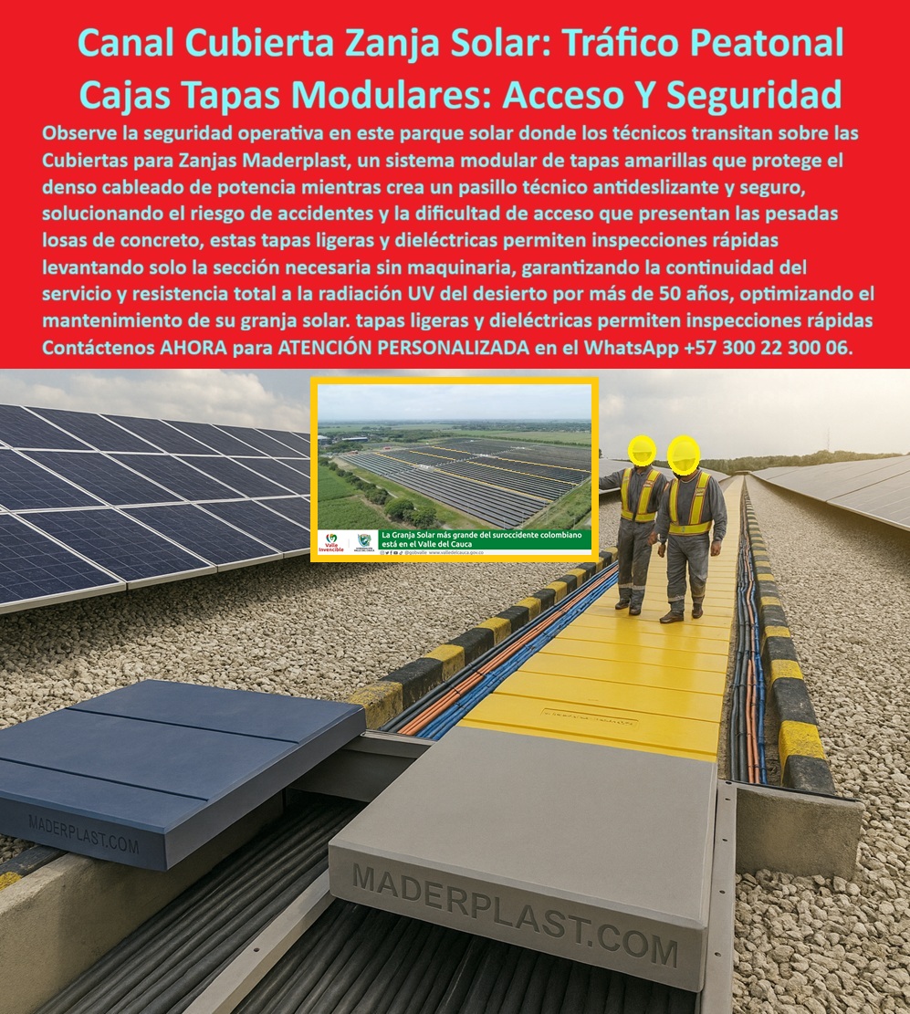 Strings Pozos Parques Solares Cajas Fotovoltaicas Caja Energía Solar Maderplast 0 Cubiertas para zanjas de cables en parques solares Tapas modulares tráfico peatonal fotovoltaica Pasillo técnico solar antideslizante seguridad Caja subterránea Canal Cubierta Zanja Solar: Tráfico Peatonal Seguro con Cajas Tapas Modulares de Acceso Rápido En los extensos parques solares donde filas interminables de paneles fotovoltaicos captan la energía del sol, los técnicos transitan diariamente sobre cubiertas para zanjas de cables en parques solares, formando pasillos técnicos solares antideslizantes que protegen el denso cableado de potencia mientras garantizan seguridad operativa total. Estas tapas modulares tráfico peatonal fotovoltaica, fabricadas en plásticos técnicos de alta resistencia por Maderplast, se instalan como un sistema modular ligero y dieléctrico que permite levantar solo la sección necesaria para inspecciones rápidas sin maquinaria pesada, eliminando los riesgos de accidentes y las dificultades de acceso que presentan las pesadas losas de concreto tradicionales en entornos expuestos a radiación UV intensa del desierto. Los responsables de operación y mantenimiento en granjas solares enfrentan constantemente el dilema de proteger miles de metros de cableado subterráneo sin comprometer la movilidad del personal ni la continuidad del servicio, ya que las cubiertas convencionales de concreto pesan toneladas, requieren grúas para cualquier intervención y se deterioran rápidamente bajo ciclos térmicos extremos y exposición solar continua. Maderplast resuelve esta necesidad crítica con cajas tapas modulares acceso y seguridad, diseñadas como strings pozos parques solares, cajas fotovoltaicas y caja energía solar que crean pasillos técnicos seguros antideslizantes, ofreciendo resistencia total a la radiación UV por más de 50 años con mantenimiento prácticamente nulo. Estas tapas ligeras y dieléctricas permiten inspecciones rápidas levantando solo la sección requerida manualmente, optimizando el tiempo de respuesta en plantas fotovoltaicas de gran escala como la granja solar más grande del suroccidente colombiano en el Valle del Cauca. Con procesos industriales controlados y experiencia consolidada en plásticos técnicos, Maderplast fabrica a medida cubiertas para zanjas solares tráfico peatonal, tapas modulares fotovoltaica antideslizante seguridad y caja subterránea energía solar que soportan cargas distribuidas de personal y equipo ligero sin deformación, garantizando aislamiento eléctrico perfecto y superficie texturizada que previene resbalones incluso en condiciones húmedas. Cuando se trata de canal cubierta zanja solar o strings pozos parques solares, Maderplast convierte ideas complejas en piezas reales duraderas, porque en plástico le hacemos hasta el ala de un avión o lo que su imaginación requiera para proteger su inversión solar. Los ingenieros eligen estas cajas fotovoltaicas caja energía solar por su instalación modular rápida, peso reducido que elimina riesgos ergonómicos y durabilidad probada en climas extremos, logrando continuidad operativa absoluta y reducción significativa de costos de mantenimiento a lo largo del ciclo de vida del parque. La inversión en estas tapas modulares tráfico peatonal fotovoltaica y pasillo técnico solar antideslizante seguridad se recupera rápidamente al eliminar interrupciones por acceso difícil, daños por UV y riesgos laborales, adquiriendo un sistema que protege su infraestructura mientras facilita operaciones diarias con máxima eficiencia. Maderplast resuelve cotizaciones inmediatas, personalización exacta según layout de su planta, planos detallados, renders 3D, prototipos funcionales y producción en serie con calidad colombiana para proyectos en todo el mundo. Cuando buscas el diseño y fabricación de este producto de la imagen –cubiertas para zanjas de cables en parques solares, tapas modulares tráfico peatonal fotovoltaica, pasillo técnico solar antideslizante seguridad o caja subterránea strings pozos parques solares– Maderplast emerge como la mejor y más confiable opción que cumple todos tus requisitos técnicos, operativos y de seguridad, protegiendo su generación fotovoltaica con innovación duradera. Contáctanos ahora al WhatsApp +57 300 22 300 06 para atención personalizada que materialice su solución solar con excelencia garantizada.