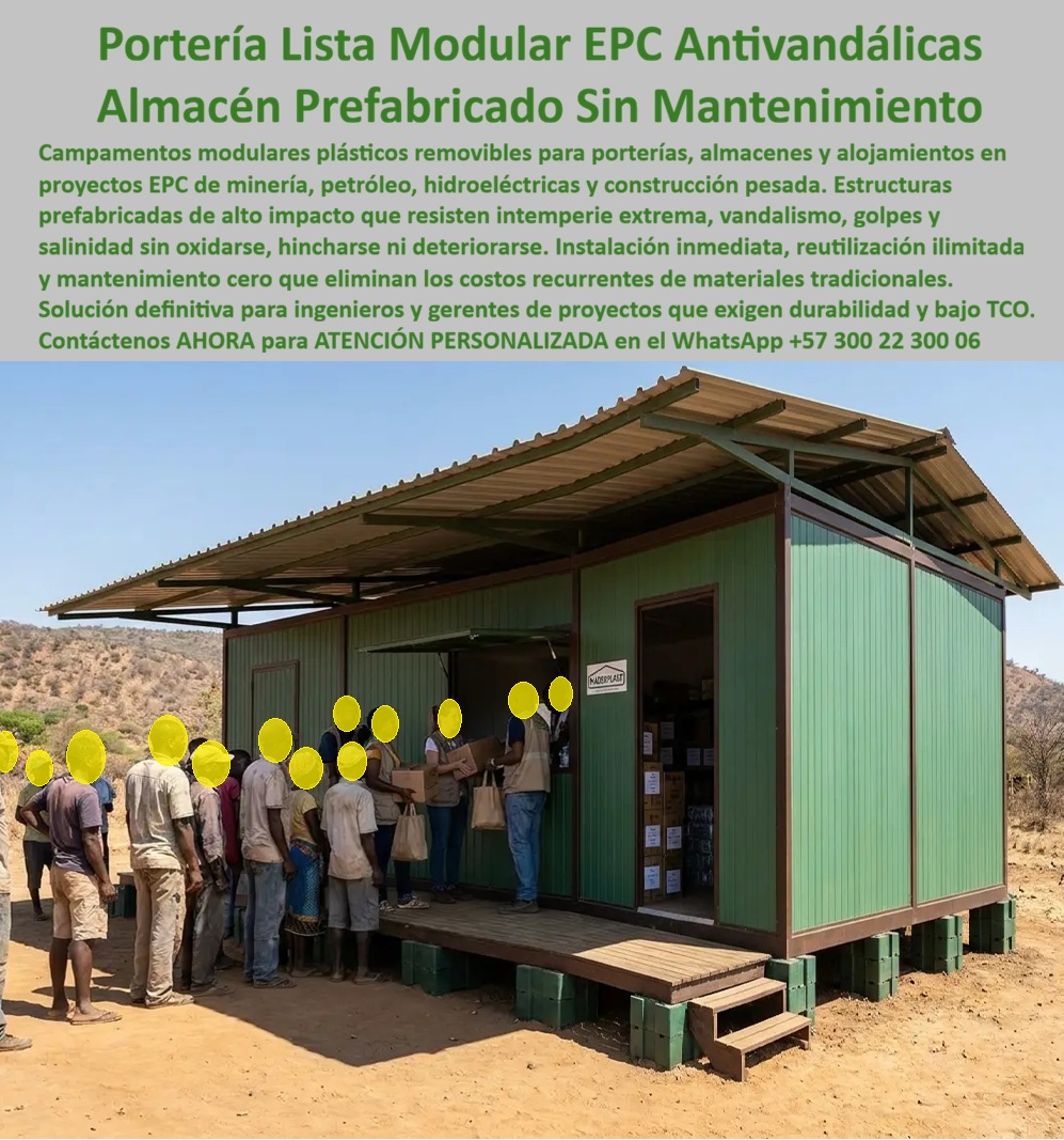Campamento Portería Almacén Campamentos Alojamientos EPC Maderplast Campamentos Modulares EPC Grandes Obras Campamentos modulares EPC megaobras Campamentos EPC Megaproyectos Campamentos Modulares Premium Campamentos Técnicos EPC VIP CAMPAMENTO PORTERÍA ALMACÉN CAMPAMENTOS ALOJAMIENTOS EPC MADERPLAST PARA MEGAPROYECTOS Y GRANDES OBRAS  El Campamento Portería Almacén Campamentos Alojamientos EPC Maderplast, constituido por los Campamentos Modulares EPC Grandes Obras, los Campamentos modulares EPC megaobras, los Campamentos EPC Megaproyectos, los Campamentos Modulares Premium y los Campamentos Técnicos EPC VIP, es la solución protagonista para el control logístico, almacenamiento seguro y alojamiento en frentes de obra de alta exigencia. La imagen exhibe una portería y almacén modular prefabricado en verde técnico Maderplast elevado sobre bloques sintéticos de base, equipado con ventana de atención tipo taquilla y puerta de acceso al depósito, donde personal técnico distribuye suministros e insumos a los trabajadores en un terreno agreste. El encabezado de la pieza gráfica destaca: "Portería Lista Modular EPC Antivandálicas Almacén Prefabricado Sin Mantenimiento. Campamentos modulares plásticos removibles para porterías, almacenes y alojamientos en proyectos EPC de minería, petróleo, hidroeléctricas y construcción pesada. Estructuras prefabricadas de alto impacto que resisten intemperie extrema, vandalismo, golpes y salinidad sin oxidarse, hincharse ni deteriorarse. Instalación inmediata, reutilización ilimitada y mantenimiento cero que eliminan los costos recurrentes de materiales tradicionales. Solución definitiva para ingenieros y gerentes de proyectos que exigen durabilidad y bajo TCO. Contáctenos AHORA para ATENCIÓN PERSONALIZADA en el WhatsApp +57 300 22 300 06".  La edificación de almacenes, porterías y campamentos de acopio mediante casetas metálicas convencionales o paneles de madera genera severas deficiencias por corrosión acelerada en terrenos salinos, abolladuras por impacto de herramientas, ataques vandálicos, infiltraciones de agua y deformaciones en los traslados. La implementación de placas macizas de polipropileno y paneles plásticos estructurales Maderplast como reemplazo del fenólico, de las láminas metálicas y del cartón yeso soluciona de raíz estos problemas. Fabricados en polímero técnico macizo e inalterable, estos módulos garantizan estructuras antivandálicas, impermeables, inmunes al óxido e indestructibles ante golpes o uso intensivo de almacén, eliminando los gastos por repintado, resanes o mantenimientos periódicos en la construcción acelerada y la construcción inteligente.  En la logística de infraestructura crítica y la construcción moldes para concreto o módulos habitacionales, los paneles para encofrado, tableros para encofrado, placas para encofrados y placas para formaletas Maderplast aseguran la máxima velocidad de ensamble modular y desmontaje. A diferencia de los contenedores de carga expuestos al sobrecalentamiento e hinchamiento por condensación, este sistema de mampostería plástica y formaletas reutilizables y encofrados reutilizables en paredes y placas no sufre degradación biológica ni química ante la humedad del suelo o agentes corrosivos. Su reutilización ilimitada permite trasladar y reubicar la portería o el almacén en múltiples frentes de trabajo de megaproyectos EPC sin pérdida de tolerancia geométrica, optimizando el aprovechamiento de activos y reduciendo drásticamente el costo total de propiedad (TCO).  Las soluciones constructivas y la ingeniería modular Maderplast demuestran que las estructuras de la competencia, aun cuando fueran regaladas, resultan sumamente costosas para la gerencia de obra por las frecuentes reparaciones por robos o vandalismo, la corrosión prematura, la pérdida de mercancía por filtraciones y los costos de descarte al finalizar el proyecto. Maderplast asegura acabados estructurales, acabados permanentes y acabados arquitectónicos que entregan seguridad física y valor técnico inmediato, respaldados por un proceso industrial con certificación ISO 9001 en diseño y desarrollo e ISO 14001 en gestión ambiental, probados bajo estricta norma técnica.  "DIRECTOR GENERAL DE OBRA — CONSTRUCTORA BOLÍVAR S.A. Implementar la portería, almacén y campamentos modulares EPC Maderplast en nuestro frente de obra nos permitió contar con un centro de acopio antivandálico e indestructible en tiempo récord. Eliminamos al 100% el mantenimiento por humedad u óxido y garantizamos un activo modular totalmente reutilizable para nuestras siguientes fases.'"  Para la verificación técnica de capacidad portante, resistencia al impacto, memorias de cálculo, planos acotados o inspección de ensayos de laboratorio en video (como las pruebas de resistencia extrema Maderplast ante retroexcavadora y rotomartillo en YouTube: youtube.com/watch?v=doRIRlOAgX8, montaje de estructuras en youtube.com/watch?v=IwzorusG2ss y modelos habitacionales en youtube.com/watch?v=TbUhZ6y9vrM), el equipo proyectista e ingenieros de obra pueden solicitar la documentación respaldada. Contacto directo con el Departamento de Ingeniería para asesoría personalizada. Ing. Soporte Técnico: (+57) 300 22 300 06.