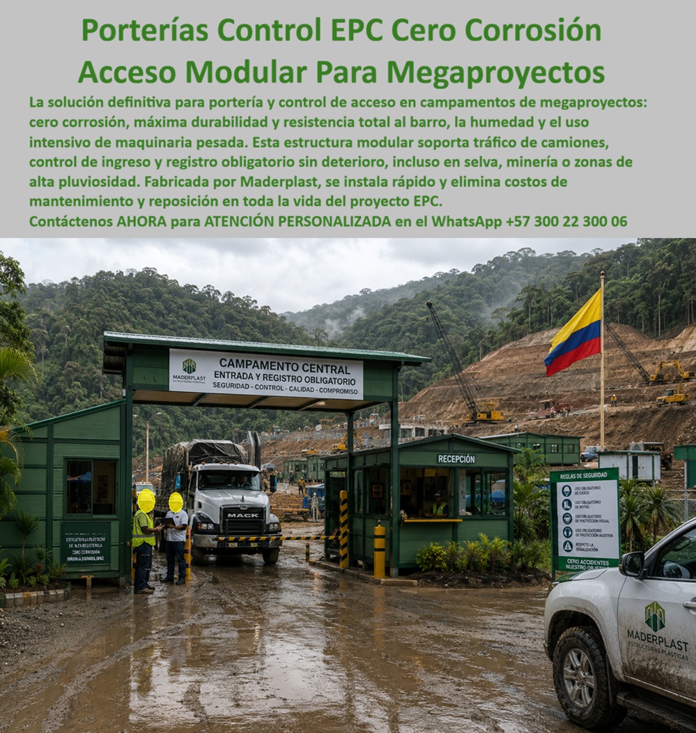 Campamento Portería Almacén Campamentos Alojamientos EPC Maderplast Estructuras Modulares EPC Campamentos Porterías y centros de control prefabricados EPC centro logístico modular EPC megaproyecto de infraestructura Campamento Modular  Porterías de control EPC de cero corrosión con acceso modular para megaproyectos resisten el barro, la humedad y el uso intensivo de maquinaria pesada sin deteriorarse. Maderplast fabrica estas estructuras modulares de alta durabilidad que soportan tráfico de camiones, control de ingreso y registro obligatorio incluso en selva, minería o zonas de alta pluviosidad. Se instalan rápido y eliminan los costos de mantenimiento y reposición durante toda la vida del proyecto EPC. En campamentos de megaproyectos el punto de acceso es crítico: debe controlar el flujo, resistir condiciones extremas y mantenerse operativo sin fallas. Las porterías metálicas o de materiales convencionales se corroen, se deforman con el barro y exigen reparaciones constantes. Este sistema de portería y centro de control prefabricado elimina ese ciclo. No se oxida, no se corroe y mantiene su integridad estructural y su presentación a lo largo del tiempo. El módulo de recepción y el pórtico de acceso trabajan como un conjunto robusto que no genera interrupciones operativas. El resultado es una solución de ingeniería modular para infraestructura EPC que reduce el riesgo de paradas, baja el costo total de propiedad y eleva el estándar de seguridad y control. Las estructuras se fabrican con plástico técnico de alta resistencia, son ligeras de transportar y reutilizables de un proyecto a otro. El operador gana un punto de acceso confiable que no se degrada con el clima ni con el tráfico pesado. Los sistemas convencionales de portería, aunque lleguen a precio inicial bajo, terminan resultando carísimos por corrosión, deformaciones, reparaciones y pérdida de control operativo. Maderplast entrega una solución de estructuras modulares EPC que convierte la portería en un activo durable y de cero mantenimiento. Las plantas cuentan con certificación ISO 9001 en diseño y fabricación e ISO 14001 ambiental, y las piezas se validan con pruebas de laboratorio exigentes. Un jefe de logística de un megaproyecto minero comentó: “Instalamos las porterías de control Maderplast en la entrada del campamento. Resistieron el barro, el tráfico de volquetas y la humedad constante sin ningún deterioro. Eliminamos las reparaciones frecuentes. Cualquier estructura convencional, aunque nos la regalaran, salía más cara por el mantenimiento y las interrupciones”. La evidencia que elimina la duda técnica al firmar la orden de compra está en las pruebas extremas. El video en el que una retroexcavadora, un mazo de construcción y un rotomartillo impactan directamente los materiales Maderplast demuestra una resistencia que cambia la percepción de cualquier ingeniero o administrador de proyectos. Este registro, junto con el canal completo de validaciones, constituye el respaldo que un profesional necesita para especificar con tranquilidad. Para solicitar configuraciones de portería, planos, manuales de instalación o cotización de producción en serie, contacte directamente al Departamento de Ingeniería. Ing. Soporte Técnico: (+57) 300 22 300 06 | ingenieria@maderplast.co.