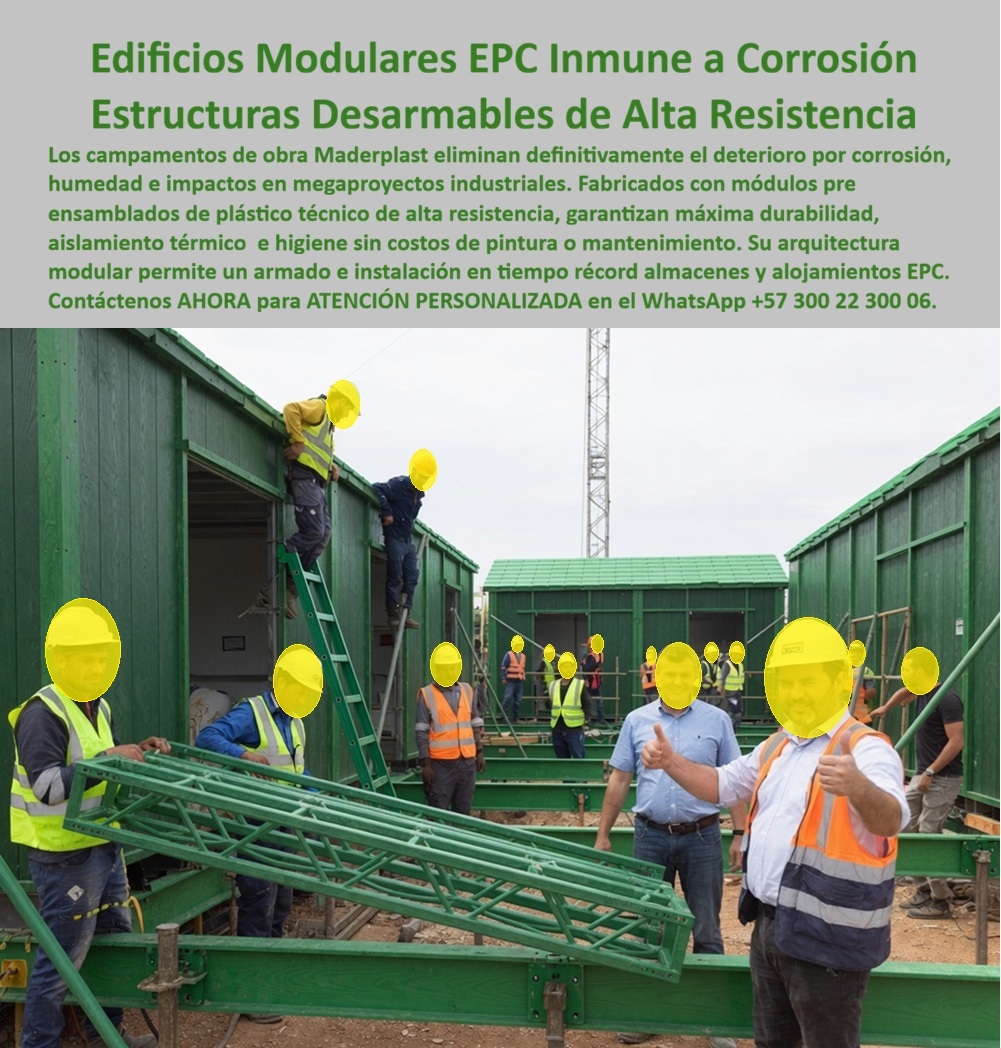 Campamento Portería Almacén Campamentos Alojamientos EPC Maderplast edificios modulares EPC industriales permanentes Estructuras modulares desarmables de alta resistencia minería y petróleo Campamento de proyecto con imagen EPC Edificios modulares EPC demuestran aquí, en pleno proceso de montaje, la ventaja que distingue a un sistema constructivo real de un simple contenedor prefabricado: cerchas y perfiles estructurales de plástico técnico de alta resistencia, ensamblados en obra con la misma lógica de una estructura metálica tradicional, pero sin la vulnerabilidad a la corrosión que enfrenta el acero expuesto en un frente de obra industrial durante meses o años. Este es un sistema, no un módulo cerrado: se arma, se ajusta y se instala pieza por pieza según la configuración que exige cada megaproyecto.  La corrosión es, para cualquier gerente de obra industrial, un costo oculto que rara vez se calcula al momento de decidir el tipo de campamento: estructuras metálicas expuestas a humedad, polvo y condiciones de intemperie constante requieren repintado periódico, inspección de puntos de oxidación y, eventualmente, refuerzo o reemplazo de elementos deteriorados. Los edificios modulares Maderplast eliminan ese ciclo de mantenimiento desde el material: perfiles y paneles altamente resistentes a la corrosión, la humedad y los impactos propios de un frente de obra activo, que no exigen pintura ni tratamiento anticorrosivo durante toda su vida útil de servicio.  La arquitectura modular desarmable de alta resistencia permite además algo que ningún campamento construido en sitio con materiales tradicionales ofrece: armado en tiempo récord por cuadrillas que siguen un procedimiento estandarizado, y la posibilidad real de desarmar la misma estructura al finalizar una fase del proyecto para instalarla en el siguiente frente de obra, sin que eso signifique perder la inversión inicial en infraestructura temporal. Esto es particularmente valioso en megaproyectos industriales, de minería o petróleo, donde los frentes de trabajo cambian de ubicación conforme avanza la operación y el campamento debe moverse con ellos.  El mismo polipropileno de alta densidad que estructura estos edificios modulares aporta, además, aislamiento térmico documentado en ensayo: en prueba controlada, un recinto cerrado con esta barrera de plástico mantuvo 70 grados centígrados de temperatura interna estable durante horas, mientras el exterior de la barrera se mantuvo entre 21 y 35 grados centígrados, evidenciando una capacidad real de aislamiento frente a condiciones térmicas extremas típicas de un frente de obra industrial a cielo abierto. Esa misma propiedad se traduce en almacenes y alojamientos EPC donde la temperatura interior no depende únicamente del clima externo, protegiendo tanto al personal como a los materiales o equipos almacenados dentro.  Este es, de hecho, el mismo razonamiento que lleva a Maderplast un paso adelante de la formaleta convencional: cuando un cliente necesita encofrado y fundir una pared en concreto para construir un campamento u oficina de obra, Maderplast plantea una alternativa más eficiente — en lugar de fabricar el molde para que el cliente funda su propia pared, entrega la pared ya terminada en polipropileno de alta resistencia, lista para ensamblar, trasladar y reutilizar. Se elimina el proceso completo de fundición, curado y acabado, y el cliente recibe directamente la solución final con las mismas propiedades de resistencia, aislamiento y durabilidad que ya demuestran los sistemas de encofrado Maderplast, pero sin tener que pasar por el paso intermedio del vaciado de concreto.  Cuando su megaproyecto industrial requiere edificios modulares desarmables con imagen corporativa EPC consistente en cada frente de obra, nuestro equipo de ingeniería puede diseñar la configuración estructural que su operación necesita. Escríbenos: (+57) 300 22 300 06 — ingenieria@maderplast.co. Maderplast: estructuras modulares que se arman, resisten y se desarman, sin perder valor entre un frente de obra y el siguiente.  Video sugerido para este bloque: Prueba extrema Maderplast frente a mazo, retroexcavadora y rotomartillo — https://www.youtube.com/watch?v=doRIRlOAgX8