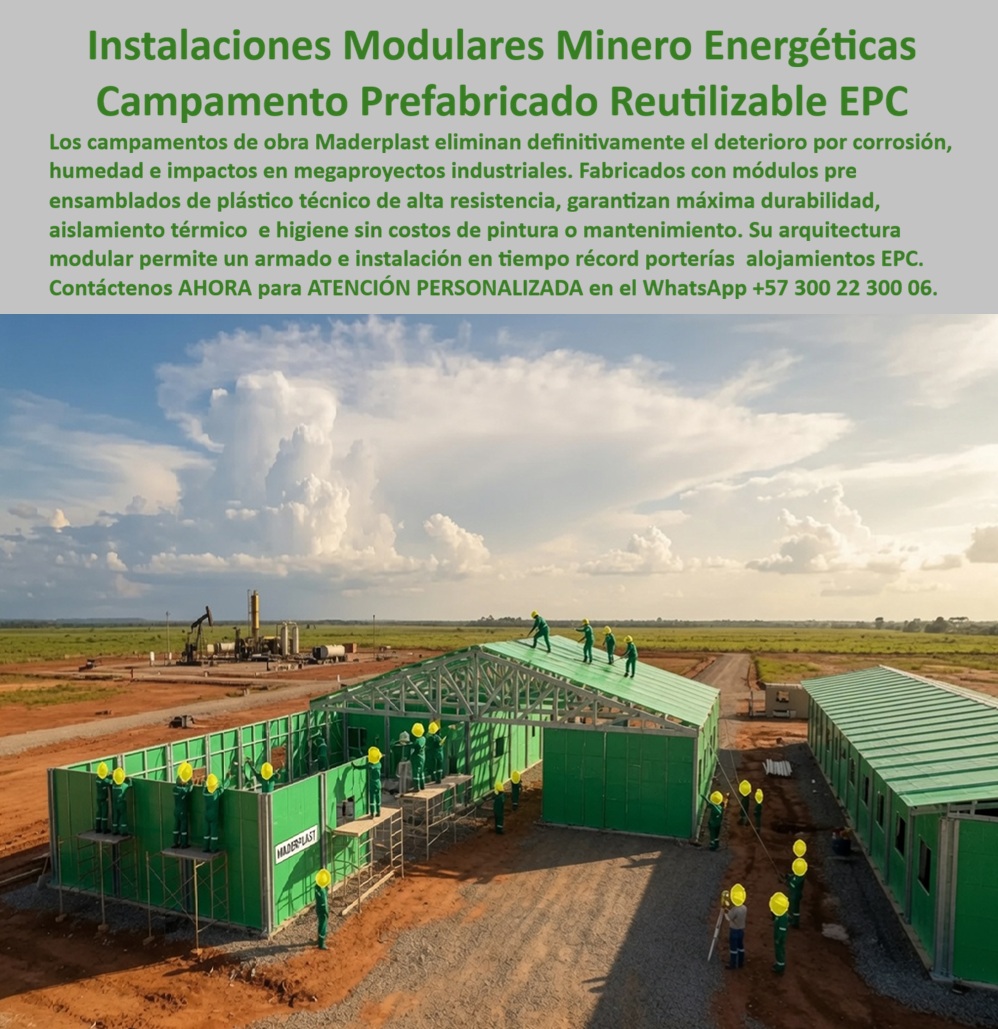 Campamento Portería Almacén Campamentos Alojamientos EPC Maderplast instalaciones modulares sector minero energético Campamentos Prefabricados Premium Campamentos de Personal Reutilizables EPC campamentos premium reutilizables Campamentos Modulares para Minería, Energía y Proyectos EPC: Infraestructura Reutilizable de Alto Desempeño para Grandes Operaciones Industriales  La imagen muestra un moderno campamento prefabricado reutilizable en plena etapa de instalación para un proyecto del sector minero–energético. El conjunto integra oficinas, alojamientos, bodegas, áreas de operación y servicios mediante una arquitectura modular diseñada para responder a los exigentes requerimientos de las compañías EPC (Engineering, Procurement and Construction), minería, petróleo, gas, energías renovables e infraestructura. Más que un grupo de edificaciones temporales, el sistema representa una plataforma industrial reutilizable que puede acompañar a una empresa durante múltiples proyectos, reduciendo tiempos de construcción, costos operativos y necesidades de mantenimiento.  En una gran obra, el campamento constituye el verdadero centro neurálgico de la operación. Desde allí se administran los contratos, la logística, la seguridad industrial, el almacenamiento de materiales, la ingeniería de campo, el alojamiento del personal y la coordinación de todas las actividades productivas. Cada día que se retrasa la disponibilidad de estas instalaciones representa pérdidas económicas, retrasos en el cronograma y disminución de la productividad. Por ello, las instalaciones modulares para el sector minero energético, los campamentos prefabricados premium, los campamentos reutilizables para personal EPC, las porterías modulares, los alojamientos industriales, los módulos administrativos, las bodegas prefabricadas y los campamentos corporativos de alta resistencia constituyen una solución cada vez más utilizada en proyectos de gran magnitud.  Una de las mayores fortalezas del sistema desarrollado por Maderplast es su capacidad de reutilización. Una vez finaliza una obra, los módulos pueden desmontarse cuidadosamente, transportarse hasta un nuevo proyecto y volver a instalarse con la misma funcionalidad, conservando su valor como activo de la empresa. Esto elimina la necesidad de construir nuevamente la infraestructura administrativa y habitacional en cada contrato, generando importantes ahorros durante toda la vida útil del sistema y convirtiendo la inversión inicial en un patrimonio reutilizable.  Desde el punto de vista técnico, los módulos son fabricados con materiales de ingeniería diseñados para soportar ambientes altamente exigentes. La resistencia frente a humedad, corrosión, radiación ultravioleta, insectos, termitas y agentes ambientales permite reducir significativamente las labores de mantenimiento respecto a edificaciones convencionales. Esta condición resulta especialmente importante para proyectos ubicados en zonas mineras, campos petroleros, parques solares, corredores energéticos, selvas tropicales, regiones costeras y áreas industriales donde las condiciones ambientales aceleran el deterioro de los materiales tradicionales.  Otro aspecto determinante es la rapidez de instalación. Al tratarse de un sistema industrializado, gran parte del proceso constructivo se desarrolla previamente en fábrica bajo condiciones controladas. Posteriormente, los módulos son transportados al sitio de la obra para ensamblarse de forma rápida y ordenada, permitiendo disponer en poco tiempo de oficinas administrativas, dormitorios, comedores, enfermeras, almacenes, salas de reuniones, centros de control, talleres, laboratorios y demás instalaciones necesarias para el funcionamiento integral del proyecto.  La modularidad también ofrece una extraordinaria capacidad de crecimiento. Conforme aumentan las necesidades operativas, es posible incorporar nuevos módulos sin alterar la infraestructura existente, facilitando ampliaciones progresivas, redistribuciones funcionales y adaptaciones específicas para cada fase del proyecto. Esta flexibilidad resulta especialmente valiosa en contratos EPC, donde el tamaño del personal y las necesidades logísticas evolucionan constantemente durante la ejecución de la obra.  Para gerentes de proyectos, directores de construcción, empresas mineras, petroleras, energéticas y contratistas de infraestructura, la evaluación técnica debe centrarse en el costo total de propiedad y no únicamente en el valor inicial de adquisición. Un campamento reutilizable, durable y de bajo mantenimiento reduce gastos repetitivos, disminuye tiempos improductivos y conserva un alto valor patrimonial durante muchos años. Bajo este enfoque, la infraestructura deja de ser un costo temporal para convertirse en una herramienta estratégica que acompaña permanentemente el crecimiento de la organización.  Maderplast diseña y fabrica estos campamentos modulares premium mediante procesos industriales especializados, ingeniería propia y fabricación personalizada para cada cliente. La empresa opera bajo sistemas certificados ISO 9001 para gestión de calidad e ISO 14001 para gestión ambiental, ofreciendo diseño arquitectónico, ingeniería, fabricación, transporte, instalación y acompañamiento técnico integral. Cada proyecto puede configurarse de acuerdo con el número de trabajadores, las condiciones climáticas, la duración de la obra y los requerimientos específicos del cliente, permitiendo desarrollar soluciones completamente adaptadas a cada operación.  Diversas compañías vinculadas a minería, hidrocarburos, energía, infraestructura, construcción y proyectos industriales han incorporado soluciones modulares desarrolladas por Maderplast buscando mejorar su eficiencia logística y reducir costos operativos. Por acuerdos de confidencialidad no se divulgan públicamente todos los proyectos ejecutados, pero la empresa puede presentar referencias comerciales, antecedentes de suministro, renders, modelos tridimensionales, planos arquitectónicos y propuestas técnicas personalizadas para facilitar la toma de decisiones.  La inversión en campamentos prefabricados reutilizables, instalaciones modulares para minería y energía, campamentos EPC, porterías industriales, alojamientos modulares, oficinas transportables y estructuras corporativas de alta durabilidad representa una decisión estratégica orientada a incrementar la productividad, proteger la inversión y disponer de infraestructura reutilizable para múltiples contratos futuros. Más que construir un campamento temporal, significa desarrollar una plataforma operativa permanente, preparada para crecer junto con la empresa, reducir costos de mantenimiento, acelerar el inicio de operaciones y fortalecer la competitividad de cada nuevo proyecto.  Descripción Ficha técnica Resumida del producto:  Campamentos modulares para minería, energía y proyectos EPC, instalaciones prefabricadas reutilizables, porterías, alojamientos, oficinas y bodegas industriales. Soluciones Maderplast de rápida instalación, alta durabilidad, bajo mantenimiento y reutilización continua para grandes proyectos de infraestructura.  Contáctenos ahora mismo por WhatsApp y reciba atención personalizada de un asesor especializado: +57 300 22 300 06.
