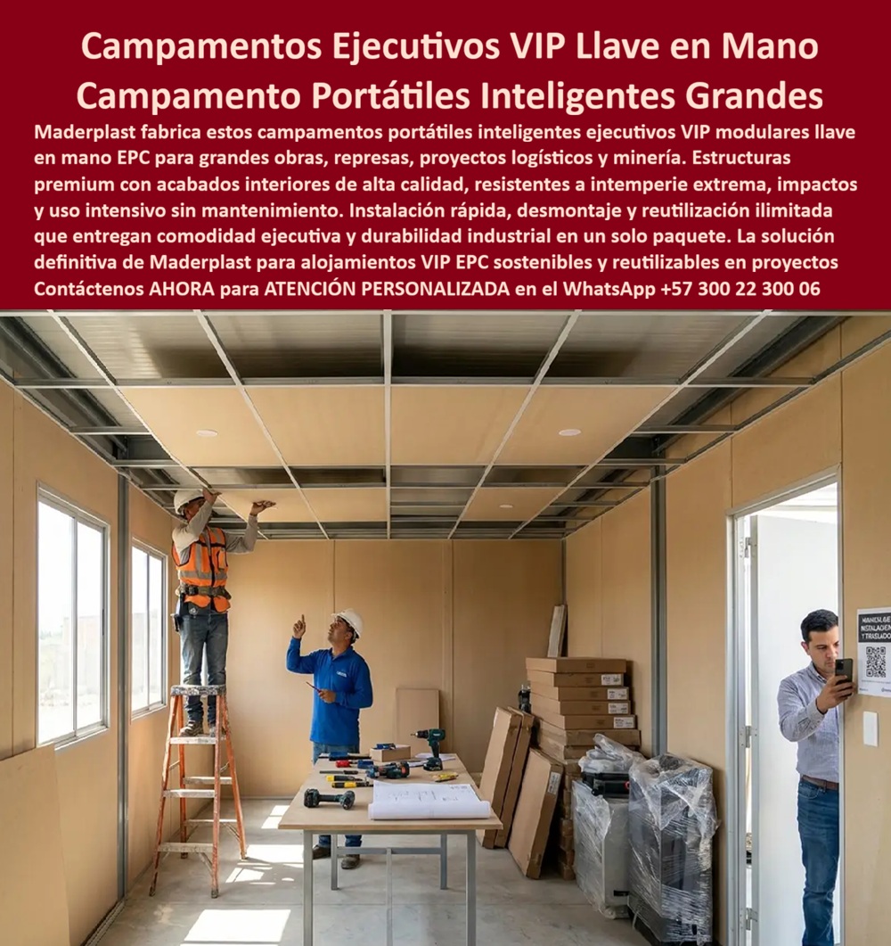 Campamentos Portátiles Inteligentes Campamentos Ejecutivos VIP Maderplast Campamento Llave en Mano Campamentos Modulares Grandes Obras campamento logístico construcción represa Campamentos Sostenibles y Reutilizables Campamentos VIP  CAMPAMENTOS PORTÁTILES INTELIGENTES Y CAMPAMENTOS EJECUTIVOS VIP MADERPLAST PARA GRANDES OBRAS  Los Campamentos Portátiles Inteligentes Campamentos Ejecutivos VIP Maderplast, constituidos por la solución de Campamento Llave en Mano, los Campamentos Modulares Grandes Obras, el campamento logístico construcción represa, los Campamentos Sostenibles y Reutilizables y los Campamentos VIP, representan la infraestructura modular de nivel superior para albergar personal directivo y técnico en proyectos EPC. La imagen ilustra el proceso de montaje e instalación interior de un módulo ejecutivo VIP donde operarios calificados ajustan paneles de cielo raso y muros de polipropileno color madera clara Maderplast sobre estructura metálica de perfilería liviana, mientras un ingeniero residente supervisa los acabados de alta especificación. El encabezado de la pieza gráfica precisa: "Campamentos Ejecutivos VIP Llave en Mano Campamento Portátiles Inteligentes Grandes. Maderplast fabrica estos campamentos portátiles inteligentes ejecutivos VIP modulares llave en mano EPC para grandes obras, represas, proyectos logísticos y minería. Estructuras premium con acabados interiores de alta calidad, resistentes a intemperie extrema, impactos y uso intensivo sin mantenimiento. Instalación rápida, desmontaje y reutilización ilimitada que entregan comodidad ejecutiva y durabilidad industrial en un solo paquete. La solución definitiva de Maderplast para alojamientos VIP EPC sostenibles y reutilizables en proyectos. Contáctenos AHORA para ATENCIÓN PERSONALIZADA en el WhatsApp +57 300 22 300 06".  El montaje de oficinas y módulos residenciales ejecutivos en frentes de obra aislados utilizando contenedores de carga adaptados, paneles de yeso cartón o madera contrachapada ocasiona serios inconvenientes por aislamiento térmico deficiente, condensación interna, formación de moho, abolladuras por impacto y rápido deterioro de la imagen corporativa. La implementación de placas macizas de polipropileno y paneles plásticos estructurales Maderplast como reemplazo del fenólico y del drywall resuelve definitivamente estas patologías. Fabricados en polipropileno técnico inerte y denso, estos módulos garantizan confort térmico y acústico, acabados interiores tipo madera inalterables al uso intensivo, inmunidad total al agua y facilidad de limpieza sin requerir pintura ni pañetes.  En la gestión logística de grandes obras como represas, minería y proyectos energéticos, los paneles para encofrado, tableros para encofrado, placas para encofrados y placas para formaletas Maderplast destacan por su máxima ligereza y facilidad de ensamble modular. A diferencia de las casetas metálicas tradicionales propensas a la oxidación o las estructuras de madera expuestas al deterioro biológico, este sistema de mampostería plástica y formaletas reutilizables y encofrados reutilizables en paredes y placas no sufre degradación ante la humedad del ambiente ni la radiación UV. Su diseño permite múltiples ciclos de desmonte, transporte y reubicación sin pérdida de tolerancia geométrica ni daño en sus componentes, lo que reduce sustancialmente el costo total de propiedad (TCO) para la firma contratista.  Las soluciones constructivas y la ingeniería modular Maderplast demuestran que las alternativas de la competencia, aun cuando fuesen obsequiadas, resultan carísimas para la dirección del proyecto por los altos gastos de climatización, las constantes reparaciones, la pérdida de confort ejecutivo y los costos de descarte al final del proyecto. Maderplast asegura acabados estructurales, acabados permanentes y acabados arquitectónicos de alta gama que protegen la inversión, respaldados por plantas de producción certificadas bajo norma ISO 9001 en diseño y desarrollo e ISO 14001 en gestión ambiental, probadas bajo estrictos ensayos de laboratorio.  "DIRECTOR GENERAL DE OBRA — CONSTRUCTORA BOLÍVAR S.A. Implementar los campamentos portátiles inteligentes y módulos ejecutivos VIP Maderplast en la logística de nuestra obra de represa nos permitió instalar oficinas de alta especificación en la mitad del tiempo habitual. Eliminamos por completo el mantenimiento por humedad, ofreciendo confort ejecutivo superior y garantizando un activo 100% reutilizable para nuestros siguientes proyectos.'"  Para verificación técnica de rendimiento térmico, memorias de cálculo, planos acotados o inspección de pruebas físicas en video (como los ensayos de resistencia extrema Maderplast ante retroexcavadora y rotomartillo en YouTube: youtube.com/watch?v=doRIRlOAgX8, montaje estructural en youtube.com/watch?v=IwzorusG2ss y modelos habitacionales en youtube.com/watch?v=TbUhZ6y9vrM), el equipo proyectista e ingenieros de obra pueden solicitar la documentación respaldada. Contacto directo con el Departamento de Ingeniería para asesoría personalizada. Ing. Soporte Técnico: (+57) 300 22 300 06.