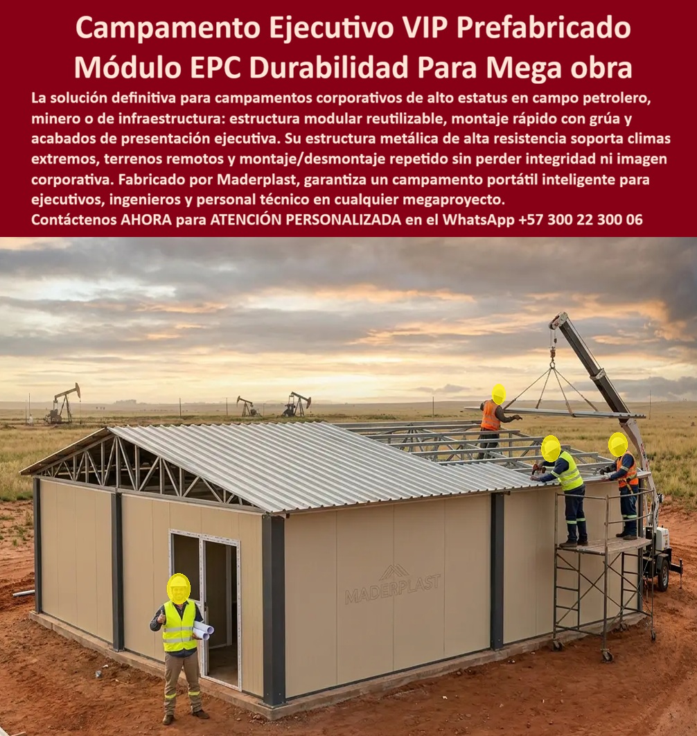 Campamentos Portátiles Inteligentes Campamentos Ejecutivos VIP Maderplast Campamentos de obra reutilizables de alto estatus y presentación corporativa Campamentos Portátiles de Alta Durabilidad Campamentos Corporativos Megaobras VIPs  Campamentos Ejecutivos VIP Prefabricados: Infraestructura Corporativa Modular para Megaobras, Minería, Petróleo y Proyectos EPC  La imagen presenta un campamento ejecutivo VIP prefabricado desarrollado para convertirse en el centro administrativo y operativo de proyectos de gran envergadura. Se observa una estructura modular durante su proceso de ensamblaje, donde la rapidez de instalación, la precisión industrial y la calidad arquitectónica permiten disponer en pocos días de instalaciones corporativas listas para operar. Este tipo de infraestructura responde a las necesidades de empresas EPC (Engineering, Procurement and Construction), compañías mineras, petroleras, energéticas, constructoras y concesionarias que requieren espacios administrativos de alto nivel en lugares remotos, manteniendo la imagen corporativa, la comodidad del personal directivo y la eficiencia operativa desde el inicio del proyecto.  En una megaobra, el campamento ejecutivo es mucho más que una oficina temporal. Es el lugar donde se toman decisiones técnicas, se realizan reuniones con clientes, interventores y entidades gubernamentales, se administra la logística del proyecto y se coordina el trabajo de cientos o miles de personas. Por ello, los campamentos portátiles inteligentes, los campamentos ejecutivos VIP, los campamentos corporativos para megaobras, los módulos administrativos EPC, las oficinas modulares premium, los campamentos reutilizables de alto estatus, los edificios administrativos transportables y las estructuras modulares de alta durabilidad representan una solución estratégica para compañías que buscan combinar eficiencia, imagen institucional y rentabilidad de largo plazo.  Uno de los principales beneficios de esta tecnología consiste en la velocidad de implementación. Mientras una oficina convencional puede requerir largos periodos de construcción, un módulo ejecutivo desarrollado por Maderplast puede fabricarse industrialmente, transportarse hasta el sitio del proyecto e instalarse mediante equipos de izaje en un tiempo considerablemente menor. Esta rapidez permite iniciar actividades administrativas desde las primeras etapas de la obra, reduciendo tiempos improductivos y facilitando la coordinación integral del proyecto.  La verdadera diferencia aparece cuando se analiza la vida útil de la infraestructura. Al finalizar una obra, el campamento no pierde su valor. Su diseño modular permite desmontarlo, transportarlo y utilizarlo en un nuevo proyecto sin necesidad de construir nuevamente toda la infraestructura administrativa. Esta capacidad convierte al campamento en un activo reutilizable que acompaña el crecimiento de la empresa durante múltiples contratos, reduciendo significativamente la inversión acumulada en oficinas temporales y mejorando el retorno del capital.  Desde el punto de vista técnico, los materiales de ingeniería desarrollados por Maderplast ofrecen excelente comportamiento frente a humedad, radiación ultravioleta, ambientes corrosivos, insectos, termitas y condiciones climáticas severas. Esta resistencia disminuye considerablemente los costos de mantenimiento y permite que la infraestructura conserve su apariencia ejecutiva aun después de numerosos procesos de transporte, montaje y desmontaje. Para proyectos ubicados en zonas petroleras, mineras, selvas, costas, desiertos o regiones montañosas, esta característica representa una ventaja operacional y económica de gran importancia.  La flexibilidad del sistema permite desarrollar configuraciones completamente personalizadas. Los módulos pueden incorporar oficinas gerenciales, salas de juntas, centros de control, áreas de ingeniería, recepción, auditorios, dormitorios ejecutivos, comedores VIP, salas de capacitación, centros médicos, laboratorios, módulos de telecomunicaciones y espacios especializados, integrando todos los servicios necesarios dentro de una infraestructura moderna, eficiente y fácilmente ampliable conforme evolucionan las necesidades del proyecto.  Para empresas constructoras, compañías EPC, operadores mineros, petroleros y desarrolladores de infraestructura, la decisión debe evaluarse desde el costo total de propiedad. Un campamento reutilizable, transportable y de alta durabilidad reduce inversiones repetitivas, disminuye tiempos de instalación, minimiza mantenimientos y mantiene una excelente imagen corporativa durante muchos años. Bajo este enfoque, la infraestructura deja de ser un gasto temporal para convertirse en un activo estratégico que genera valor proyecto tras proyecto.  Maderplast desarrolla estos campamentos ejecutivos VIP mediante procesos industriales especializados, diseño modular propio y fabricación personalizada de soluciones para grandes proyectos. La empresa opera bajo sistemas certificados ISO 9001 para gestión de calidad e ISO 14001 para gestión ambiental, ofreciendo diseño arquitectónico, ingeniería, fabricación, transporte, instalación y acompañamiento técnico integral. Cada campamento puede adaptarse al número de usuarios, condiciones climáticas, ubicación geográfica y requerimientos específicos del cliente, garantizando una solución completamente personalizada.  Diversas compañías de infraestructura, minería, energía, hidrocarburos y construcción han implementado soluciones modulares desarrolladas por Maderplast buscando reducir tiempos de movilización y optimizar sus costos operativos. Por acuerdos de confidencialidad no se publican todos los proyectos ejecutados, pero la empresa puede presentar referencias comerciales, antecedentes de suministro, renders, planos arquitectónicos, modelos tridimensionales y propuestas técnicas específicas para cada proyecto. Además, puede desarrollar soluciones llave en mano que integren todas las áreas administrativas y operativas requeridas para una megaobra.  Invertir en campamentos portátiles inteligentes, campamentos ejecutivos VIP, oficinas modulares corporativas, estructuras reutilizables para megaobras, módulos administrativos EPC y campamentos premium de alta durabilidad significa dotar a la organización de una infraestructura preparada para crecer junto con sus proyectos. Más que construir una oficina temporal, representa adquirir una plataforma corporativa reutilizable que reduce costos, acelera el inicio de operaciones, fortalece la imagen institucional y acompaña a la empresa durante muchos años. Para organizaciones que buscan eficiencia, movilidad, presentación ejecutiva y rentabilidad sostenida, las soluciones modulares desarrolladas por Maderplast constituyen una inversión respaldada por ingeniería, innovación y fabricación especializada.  Descripción Ficha técnica Resumida del producto:  Campamentos ejecutivos VIP prefabricados, oficinas modulares EPC, campamentos corporativos reutilizables, estructuras portátiles inteligentes y módulos administrativos para minería, petróleo, energía y megaobras. Soluciones Maderplast con rápida instalación, alta durabilidad, excelente presentación corporativa y reutilización para múltiples proyectos.  Contáctenos ahora mismo por WhatsApp y reciba atención personalizada de un asesor especializado: +57 300 22 300 06.
