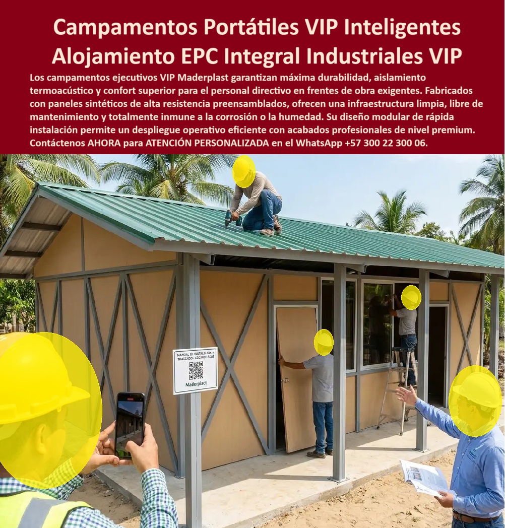 Campamentos Portátiles Inteligentes Campamentos Ejecutivos VIP Maderplast Sistemas Integrales de Campamentos Industriales Campamentos con Acabado Profesional Campamentos de obra termoacústicos con acabados limpios listos para usar VIP Campamentos portátiles VIP inteligentes resuelven una necesidad distinta a la del campamento operativo estándar de una obra: alojar y dar oficina digna al personal directivo y ejecutivo que visita o permanece en un frente de obra exigente, sin que la comodidad quede subordinada a la lógica de "es temporal, así que no importa el acabado". El sistema modular Maderplast está diseñado exactamente para esa exigencia, con paneles preensamblados de alta resistencia que entregan un acabado profesional de nivel premium desde el primer día de instalación.  La diferencia frente a un campamento improvisado en madera, lámina o contenedor reciclado es evidente en el detalle: estructura con paneles sintéticos que no absorben humedad ni se deforman con el calor, techo con cubierta de fijación segura para climas de alta radiación solar, y un ensamble documentado —el mismo módulo incluye su manual de instalación y traslado con código QR, permitiendo que la cuadrilla arme la estructura siguiendo un procedimiento estandarizado, sin depender de mano de obra altamente especializada ni de conocimiento no documentado que se pierde cuando cambia el personal de montaje.  Para el personal directivo que pasa semanas o meses en un frente de obra remoto, el confort no es un lujo accesorio, es una condición que afecta directamente el desempeño y la retención del talento técnico en proyectos exigentes. Un campamento con buen desempeño térmico y acústico, altamente resistente a la corrosión y la humedad, y con acabados limpios y uniformes, cambia radicalmente la experiencia de habitar un campamento de obra frente a la alternativa tradicional de estructuras metálicas o de madera que se deterioran rápido y ofrecen poco confort real.  Este mismo estándar de calidad aplica tanto para alojamiento ejecutivo como para oficinas de campo, permitiendo que un proyecto EPC mantenga una imagen profesional consistente frente a clientes, interventoría o visitantes externos que evalúan el proyecto también por la calidad de su infraestructura temporal — un detalle que en licitaciones y auditorías de gran escala sí se tiene en cuenta.  Para el personal directivo que pasa semanas o meses en un frente de obra remoto, el confort no es un lujo accesorio, es una condición que afecta directamente el desempeño y la retención del talento técnico en proyectos exigentes. El polipropileno de alta densidad que utiliza Maderplast está respaldado en ensayo documentado como aislante térmico y acústico real, no solo como propiedad teórica del material: en prueba de aislamiento acústico con micrófono de alta sensibilidad a campo abierto, una barrera de este polipropileno redujo el nivel de sonido de 120 a 80 decibeles, una atenuación considerable en términos de percepción auditiva real. En prueba de aislamiento térmico, un recinto llevado a 70 grados centígrados en su interior mantuvo esa temperatura interna estable durante horas, mientras la superficie exterior de la barrera de polipropileno se mantuvo entre 21 y 35 grados centígrados, evidenciando una capacidad de aislamiento térmico consistente en el tiempo, no solo en el instante inicial de contacto. Aplicado al panel de un campamento, esto se traduce en interiores que no absorben el calor extremo de la cubierta ni transmiten el ruido de la actividad de obra con la intensidad de una estructura metálica convencional, altamente resistente además a la corrosión y la humedad, con acabados limpios y uniformes que cambian radicalmente la experiencia de habitar un campamento de obra frente a la alternativa tradicional.   Cuando su proyecto requiera campamentos ejecutivos VIP o alojamiento de personal directivo en frentes de obra industriales, nuestro equipo de ingeniería puede diseñar la configuración de confort y acabado que su equipo directivo necesita. Escríbenos: (+57) 300 22 300 06 — ingenieria@maderplast.co. Maderplast: infraestructura temporal con estándar de acabado permanente, para el personal que dirige sus proyectos más exigentes.  Video sugerido para este bloque: Casa plástica Maderplast — https://www.youtube.com/watch?v=TbUhZ6y9vrM