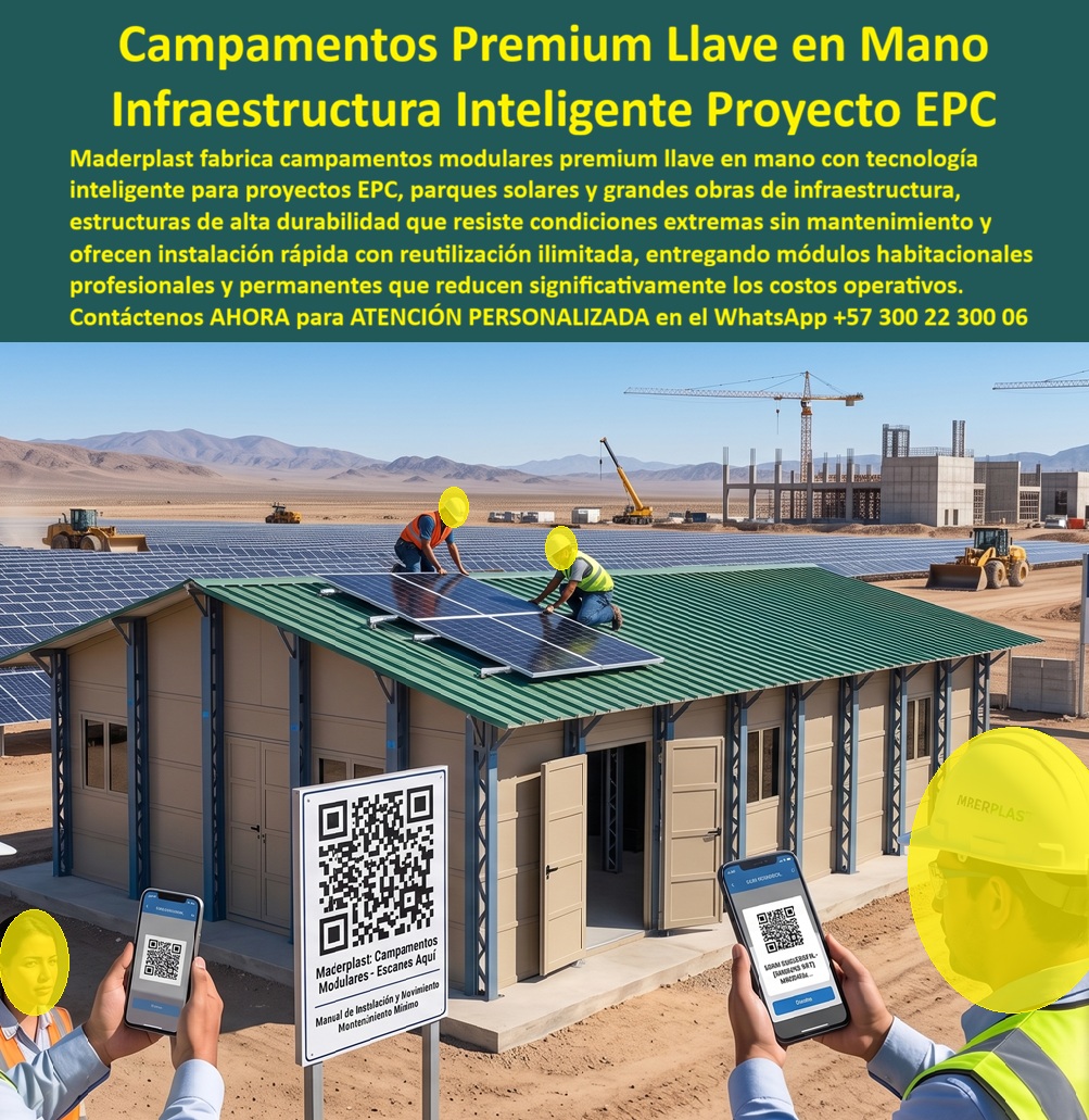 Campamentos Prefabricados Alta Calidad Smart Campamento Maderplast Campamentos Modulares Premium Campamentos Llave en Mano Ingeniería Campamentos Modulares Permanentes infraestructura proyectos EPC Módulos habitacionales removibles A Campamentos Modulares Premium Llave en Mano: Infraestructura Inteligente para Proyectos EPC, Parques Solares y Megaobras de Ingeniería  La imagen representa una nueva generación de campamentos modulares premium llave en mano, desarrollados para convertirse en el centro operativo de grandes proyectos EPC (Engineering, Procurement and Construction), parques solares, minería, petróleo, energía, infraestructura y construcción industrial. El sistema integra arquitectura modular, materiales de ingeniería de alta durabilidad y herramientas digitales de gestión mediante códigos QR, creando una infraestructura inteligente diseñada para acelerar la puesta en marcha de los proyectos, reducir costos operativos y facilitar el mantenimiento durante toda su vida útil. Más que un campamento temporal, constituye una solución corporativa reutilizable preparada para acompañar a la empresa durante múltiples contratos.  En cualquier megaproyecto, la infraestructura de apoyo determina gran parte de la eficiencia operacional. Antes de iniciar la producción es indispensable contar con oficinas administrativas, salas de coordinación, centros de ingeniería, alojamientos, comedores, áreas de capacitación, bodegas, enfermeras y espacios de soporte capaces de funcionar desde el primer día. Los campamentos modulares premium, los campamentos llave en mano para ingeniería, los campamentos modulares permanentes, la infraestructura para proyectos EPC, los módulos habitacionales removibles, las oficinas modulares inteligentes, los campamentos corporativos reutilizables y las instalaciones industriales transportables permiten resolver esta necesidad mediante un proceso altamente industrializado que reduce significativamente los tiempos de ejecución.  Uno de los aspectos más innovadores del sistema mostrado es la incorporación de herramientas digitales directamente en la infraestructura. Mediante códigos QR estratégicamente ubicados, ingenieros, supervisores, operadores y personal de mantenimiento pueden acceder desde dispositivos móviles a manuales de instalación, procedimientos técnicos, protocolos de seguridad, planos constructivos, inventarios, programas de mantenimiento preventivo y documentación actualizada. Esta integración entre infraestructura física y gestión digital mejora la trazabilidad, facilita la capacitación del personal y reduce errores durante el montaje y la operación del campamento.  La modularidad constituye otra ventaja estratégica. Cada edificio puede fabricarse industrialmente, transportarse al lugar de instalación y ensamblarse rápidamente con procedimientos estandarizados. Cuando el proyecto finaliza, los módulos pueden desmontarse y trasladarse a un nuevo frente de trabajo, conservando su funcionalidad y valor económico. Esto transforma el campamento en un activo reutilizable de largo plazo, eliminando la necesidad de construir nuevas instalaciones temporales para cada contrato y mejorando sustancialmente el retorno de la inversión.  Desde el punto de vista técnico, los materiales desarrollados por Maderplast presentan un excelente comportamiento frente a humedad, radiación ultravioleta, ambientes corrosivos, salinidad, insectos y condiciones climáticas severas. Estas propiedades permiten utilizar los módulos en parques solares, campos petroleros, explotaciones mineras, proyectos hidroeléctricos, corredores viales, puertos, aeropuertos y zonas industriales donde la infraestructura permanece expuesta durante largos periodos a condiciones ambientales altamente exigentes. La reducción del mantenimiento disminuye los costos operativos y garantiza una excelente presentación corporativa durante numerosos ciclos de reutilización.  La flexibilidad del sistema permite desarrollar configuraciones completamente adaptadas a cada cliente. Los campamentos pueden integrar edificios administrativos, dormitorios, comedores, cocinas industriales, laboratorios, centros médicos, talleres, bodegas, centros de control, salas de reuniones, auditorios, módulos de capacitación, porterías, edificios de seguridad y cualquier otra instalación necesaria para la operación del proyecto. Esta capacidad de personalización convierte al sistema en una plataforma escalable que evoluciona junto con las necesidades de la empresa.  Para compañías constructoras, empresas EPC, operadores energéticos, desarrolladores de parques solares, concesionarios y organizaciones dedicadas a grandes proyectos de infraestructura, el análisis económico debe centrarse en el costo total de propiedad y no únicamente en la inversión inicial. Un campamento reutilizable, durable, digitalmente documentado y preparado para múltiples ciclos de montaje reduce costos recurrentes, acelera el inicio de operaciones y mantiene un importante valor patrimonial durante muchos años. Bajo esta perspectiva, la infraestructura modular deja de ser un gasto temporal para convertirse en una herramienta estratégica que fortalece la competitividad de la organización.  Maderplast desarrolla estos campamentos modulares premium llave en mano mediante procesos industriales especializados, ingeniería propia y fabricación personalizada. La empresa trabaja bajo sistemas certificados ISO 9001 para gestión de calidad e ISO 14001 para gestión ambiental, ofreciendo diseño arquitectónico, ingeniería, fabricación, transporte, instalación y acompañamiento técnico integral. Cada solución puede diseñarse específicamente para el número de usuarios, las condiciones ambientales, la duración del proyecto y los requerimientos funcionales del cliente, permitiendo desarrollar complejos completamente adaptados a minería, petróleo, energía, infraestructura, industria y construcción.  Diversas organizaciones han incorporado soluciones modulares desarrolladas por Maderplast buscando optimizar sus procesos logísticos, reducir tiempos de implementación y mejorar la rentabilidad de sus inversiones. Por razones de confidencialidad no se publican todos los proyectos ejecutados, pero la empresa puede presentar referencias comerciales, modelos tridimensionales, renders, planos arquitectónicos y propuestas técnicas personalizadas durante los procesos de evaluación. Asimismo, puede desarrollar proyectos completamente llave en mano que integren infraestructura física, documentación digital, sistemas inteligentes de identificación y acompañamiento técnico especializado.  La incorporación de campamentos modulares premium, infraestructura inteligente para proyectos EPC, campamentos llave en mano, módulos habitacionales removibles, oficinas corporativas reutilizables, campamentos para parques solares y estructuras industriales de alta ingeniería representa una inversión orientada a incrementar la productividad, disminuir costos operativos y disponer de infraestructura reutilizable durante muchos años. Más que instalar edificaciones temporales, significa implementar una plataforma inteligente preparada para crecer junto con la organización, reducir tiempos de ejecución, facilitar la gestión técnica y ofrecer una infraestructura moderna, durable y altamente eficiente para cualquier megaproyecto.  Descripción Ficha técnica Resumida del producto:  Campamentos modulares premium llave en mano, infraestructura inteligente para proyectos EPC, parques solares, minería, energía y grandes obras. Campamentos reutilizables, oficinas modulares, módulos habitacionales removibles y soluciones Maderplast de rápida instalación, alta durabilidad y mínimo mantenimiento.  Contáctenos ahora mismo por WhatsApp y reciba atención personalizada de un asesor especializado: +57 300 22 300 06.