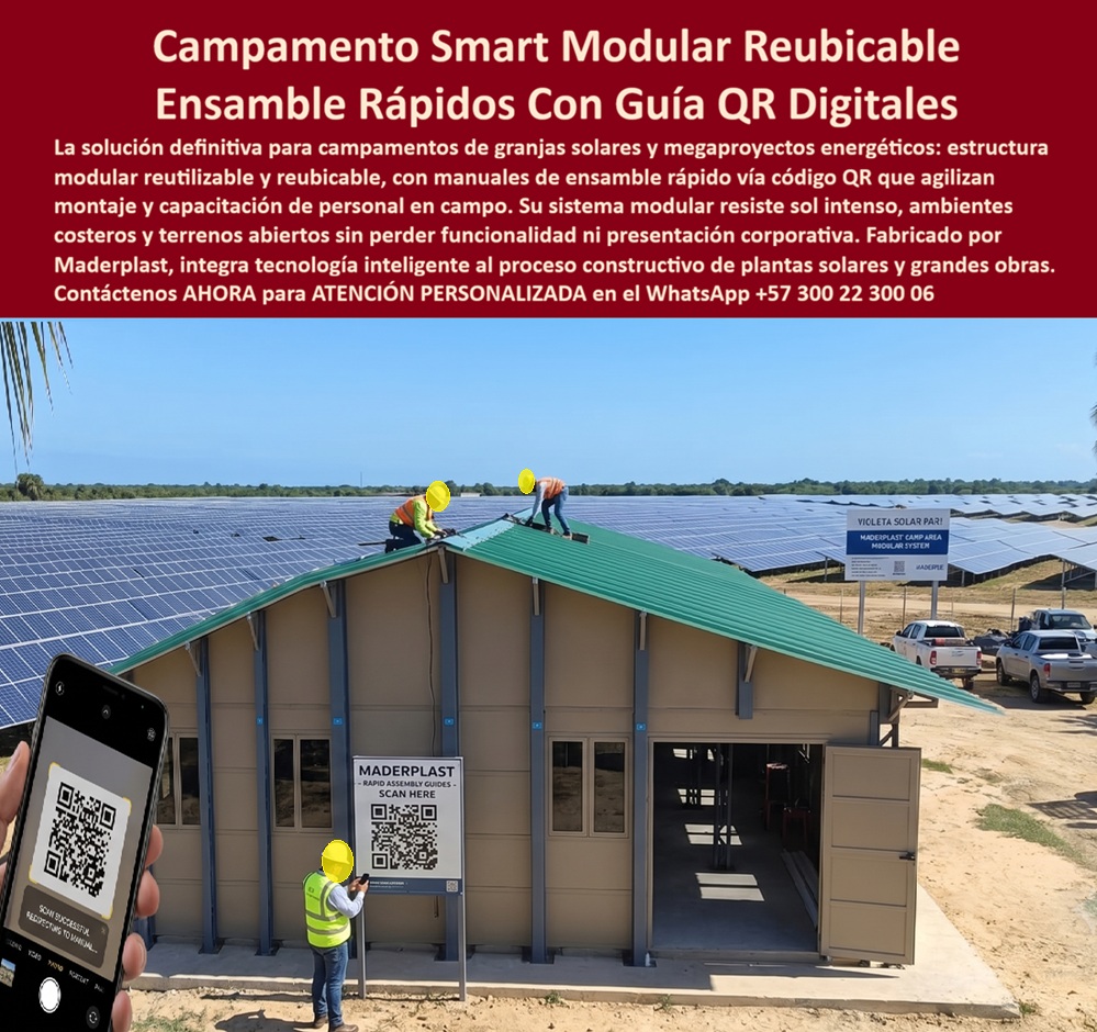 Campamentos Prefabricados Alta Calidad Smart Campamento Maderplast Campamentos de obra reutilizables y reubicables Campamentos Corporativos Grandes Proyectos Campamentos Modulares Grandes Obras Campamentos Modulares altas Megaobras A Campamentos Smart Modulares Reubicables: Infraestructura Inteligente para Grandes Proyectos Energéticos, Mineros e Industriales  La imagen presenta una nueva generación de campamentos Smart modulares reubicables, desarrollados para proyectos donde la velocidad de ejecución, la movilidad y la gestión eficiente del conocimiento técnico resultan determinantes. Se observa un campamento instalado junto a una gran planta solar, incorporando un sistema de manuales digitales mediante códigos QR que permite acceder inmediatamente a instrucciones de montaje, mantenimiento, inventarios, procedimientos técnicos y capacitación del personal directamente desde dispositivos móviles. Esta integración entre infraestructura modular e información digital transforma el concepto tradicional de campamento temporal en una plataforma inteligente preparada para acompañar la operación de megaproyectos modernos.  Las grandes obras de infraestructura, los parques solares, parques eólicos, minas, proyectos petroleros, gasoductos, hidroeléctricas, líneas de transmisión, carreteras y desarrollos industriales requieren instalaciones que puedan movilizarse rápidamente conforme avanza la ejecución del proyecto. Por ello, los campamentos prefabricados de alta calidad, los campamentos de obra reutilizables y reubicables, los campamentos corporativos para grandes proyectos, los campamentos modulares para megaobras, las oficinas inteligentes transportables, los módulos administrativos, los campamentos llave en mano y la infraestructura modular digital representan una solución de ingeniería diseñada para optimizar la logística y reducir costos durante toda la vida útil del proyecto.  Uno de los elementos más innovadores del sistema mostrado es la incorporación de información técnica mediante códigos QR. Cada módulo puede disponer de acceso inmediato a manuales de ensamble, procedimientos de mantenimiento, planos, listas de repuestos, protocolos de seguridad, instructivos de operación y registros técnicos. Esta herramienta facilita la capacitación del personal, reduce errores durante el montaje, mejora la estandarización de los procesos y permite que cualquier técnico autorizado consulte la documentación más actualizada directamente desde un teléfono móvil o una tableta, sin depender de manuales impresos que suelen deteriorarse o extraviarse durante la ejecución de la obra.  La arquitectura modular también aporta una ventaja económica muy importante. Al finalizar un proyecto, el campamento puede desmontarse, transportarse e instalarse nuevamente en otra ubicación, manteniendo prácticamente intacta su funcionalidad. Esto transforma la infraestructura temporal en un activo reutilizable que acompaña el crecimiento de la empresa durante múltiples contratos, reduciendo considerablemente la inversión acumulada en instalaciones provisionales y mejorando el retorno económico del sistema.  Desde el punto de vista técnico, los materiales desarrollados por Maderplast presentan excelente comportamiento frente a radiación ultravioleta, humedad, ambientes corrosivos, cambios climáticos y uso intensivo. Estas características permiten instalar los módulos tanto en regiones costeras como en desiertos, selvas, zonas mineras, campos petroleros, parques solares y áreas industriales donde la infraestructura permanece expuesta continuamente a condiciones ambientales severas. La disminución del mantenimiento contribuye además a reducir costos operativos y prolongar la vida útil de cada módulo.  La flexibilidad del sistema permite configurar oficinas administrativas, salas de reuniones, centros de control, dormitorios, comedores, laboratorios, enfermeras, talleres, almacenes, edificios de seguridad y cualquier otra instalación requerida por el proyecto. La modularidad facilita ampliaciones, redistribuciones y adaptaciones conforme evolucionan las necesidades operativas, manteniendo siempre una imagen corporativa uniforme y una elevada calidad arquitectónica.  Para empresas EPC, constructoras, compañías energéticas, operadores mineros, desarrolladores de parques solares y grandes contratistas, la decisión de invertir en infraestructura modular debe evaluarse considerando el costo total de propiedad. Un campamento reutilizable, fácilmente transportable, digitalmente documentado y preparado para múltiples ciclos de instalación ofrece una rentabilidad considerablemente superior a soluciones convencionales que deben construirse nuevamente para cada contrato. La reducción del tiempo de montaje, la facilidad de capacitación, la reutilización permanente y la disminución de mantenimientos generan beneficios económicos que se acumulan durante toda la vida útil del sistema.  Maderplast desarrolla estos campamentos Smart modulares mediante procesos industriales especializados, diseño propio y fabricación personalizada para proyectos nacionales e internacionales. La empresa trabaja bajo sistemas certificados ISO 9001 para gestión de calidad e ISO 14001 para gestión ambiental, ofreciendo ingeniería, diseño arquitectónico, fabricación, transporte, instalación y acompañamiento técnico integral. Además, puede integrar soluciones digitales, señalización inteligente, sistemas de identificación mediante códigos QR, documentación electrónica y herramientas de apoyo para facilitar la operación y el mantenimiento de la infraestructura.  Diversas organizaciones vinculadas a infraestructura, energía, minería y construcción han incorporado soluciones modulares desarrolladas por Maderplast buscando optimizar la logística de sus proyectos y mejorar la eficiencia operacional. Por razones de confidencialidad no se publican todos los desarrollos realizados, pero la empresa puede presentar referencias comerciales, renders, modelos tridimensionales, planos, propuestas de distribución y soluciones personalizadas adaptadas a la duración, ubicación y características específicas de cada proyecto.  La inversión en campamentos prefabricados de alta calidad, campamentos Smart reutilizables, infraestructura modular reubicable, campamentos corporativos para grandes proyectos, módulos administrativos inteligentes y estructuras transportables de ingeniería representa una decisión orientada a incrementar la productividad, reducir costos ocultos y disponer de una infraestructura preparada para evolucionar junto con las necesidades de la organización. Más que instalar un campamento temporal, significa incorporar una plataforma inteligente, reutilizable y tecnológicamente integrada que mejora la operación, facilita la capacitación del personal y fortalece la competitividad de la empresa en cada nuevo proyecto.  Descripción Ficha técnica y Descripción Ficha técnica Resumida del producto: Ficha técnica resumida Resumen del producto   Descripción Ficha técnica y Descripción Ficha técnica Resumida del producto:  Campamentos Smart modulares reubicables, campamentos prefabricados de alta calidad, oficinas inteligentes para grandes proyectos, módulos corporativos reutilizables e infraestructura digital con códigos QR para minería, energía, parques solares y megaobras. Soluciones Maderplast de rápida instalación, alta durabilidad y mínimo mantenimiento.  Contáctenos ahora mismo por WhatsApp y reciba atención personalizada de un asesor especializado: +57 300 22 300 06.
