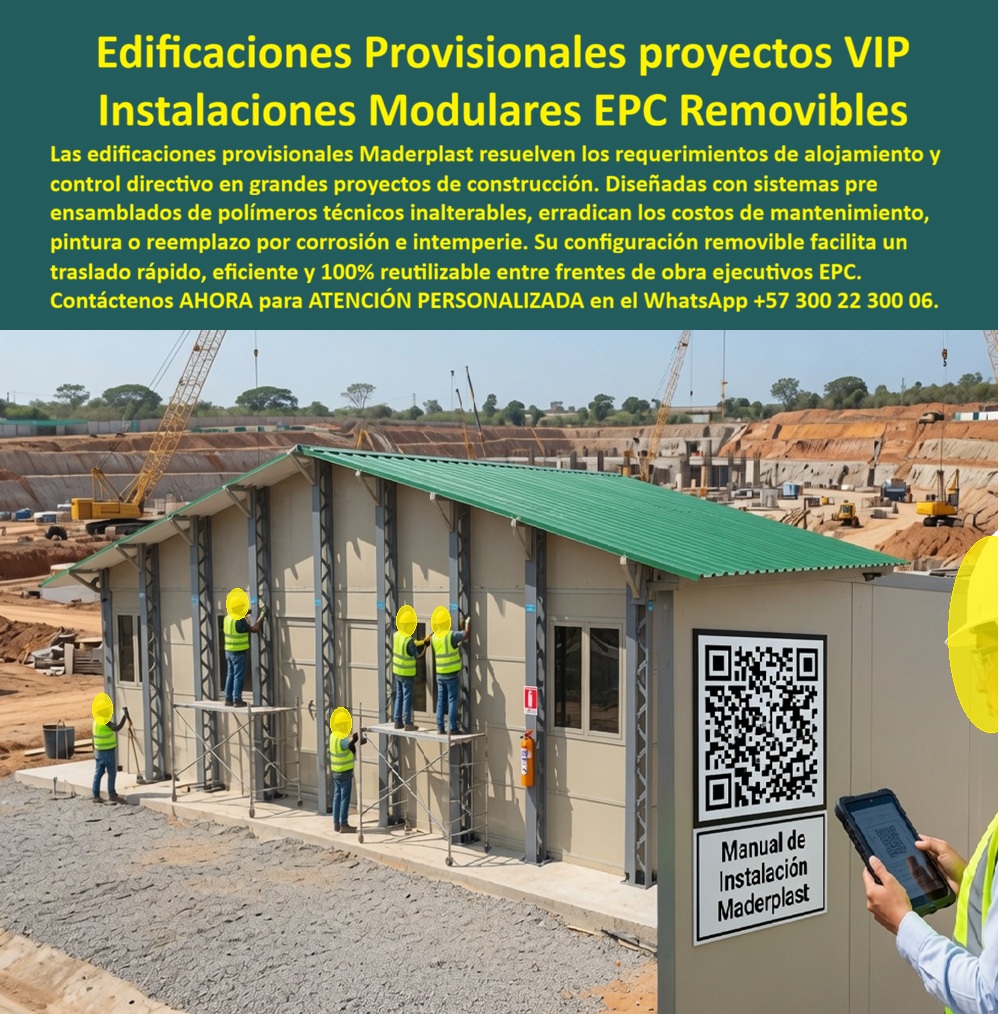Campamentos Prefabricados Alta Calidad Smart Campamento Maderplast Edificaciones provisionales preensambladas y removibles grandes proyectos Campamentos Ejecutivos Proyectos EPC Instalaciones modulares grandes proyectos de construcción Edificaciones provisionales para proyectos VIP resuelven una necesidad que surge mucho antes de que un megaproyecto tenga su primera estructura definitiva construida: dar alojamiento y control directivo digno al equipo de dirección desde el mismo día en que arranca el movimiento de tierra. La imagen lo muestra con claridad — mientras la excavación masiva y la maquinaria pesada apenas comienzan a modelar el terreno del proyecto, la edificación provisional Maderplast ya está en pie, siendo ajustada en sus últimos detalles de acabado, lista para operar como sede de control mucho antes de que exista cualquier construcción permanente en el sitio.  Este es, de hecho, el mismo razonamiento que lleva a Maderplast un paso adelante de la formaleta convencional: cuando un proyecto necesita encofrado y fundir en concreto las oficinas o el alojamiento provisional de su equipo directivo, Maderplast ofrece la alternativa más eficiente — en lugar de fabricar el molde para que el cliente funda su propia edificación, entrega la construcción ya terminada en polímero técnico de alta resistencia, lista para instalar antes incluso de que el resto del proyecto tenga infraestructura definitiva. Se elimina el tiempo de fundición, curado y acabado que ninguna mega obra puede esperar cuando el cronograma exige presencia directiva inmediata en sitio.  La configuración removible de estas edificaciones facilita un traslado rápido y eficiente entre frentes de obra, un factor decisivo en proyectos de movimiento de tierra a gran escala donde el centro de operaciones se desplaza conforme avanza la excavación o la construcción principal. Fabricadas con polímeros técnicos inalterables, estas edificaciones erradican los costos de mantenimiento, pintura o reemplazo por corrosión e intemperie que sí enfrenta cualquier estructura metálica o de madera expuesta durante meses en un frente de obra activo, con polvo, maquinaria pesada y condiciones de intemperie constante alrededor.  Cada edificación incluye su manual de instalación documentado, accesible mediante código QR directamente en la fachada, permitiendo que el equipo de montaje siga el procedimiento estandarizado de instalación sin depender de conocimiento no documentado. Esto es lo que le permite a un proyecto de gran escala tener presencia directiva operativa en sitio en tiempo récord, con el mismo estándar de calidad y control que exige un proyecto EPC de nivel VIP.  Cuando su megaproyecto requiera edificaciones provisionales para control directivo desde la fase inicial de obra, nuestro equipo de ingeniería puede diseñar la solución modular que su cronograma de movimiento de tierra y construcción exige. Escríbenos: (+57) 300 22 300 06 — ingenieria@maderplast.co. Maderplast: presencia directiva instalada antes de que la obra tenga su primera estructura permanente.  Video sugerido para este bloque: Formaletas y camillas para placas Maderplast — https://www.youtube.com/watch?v=IwzorusG2ss