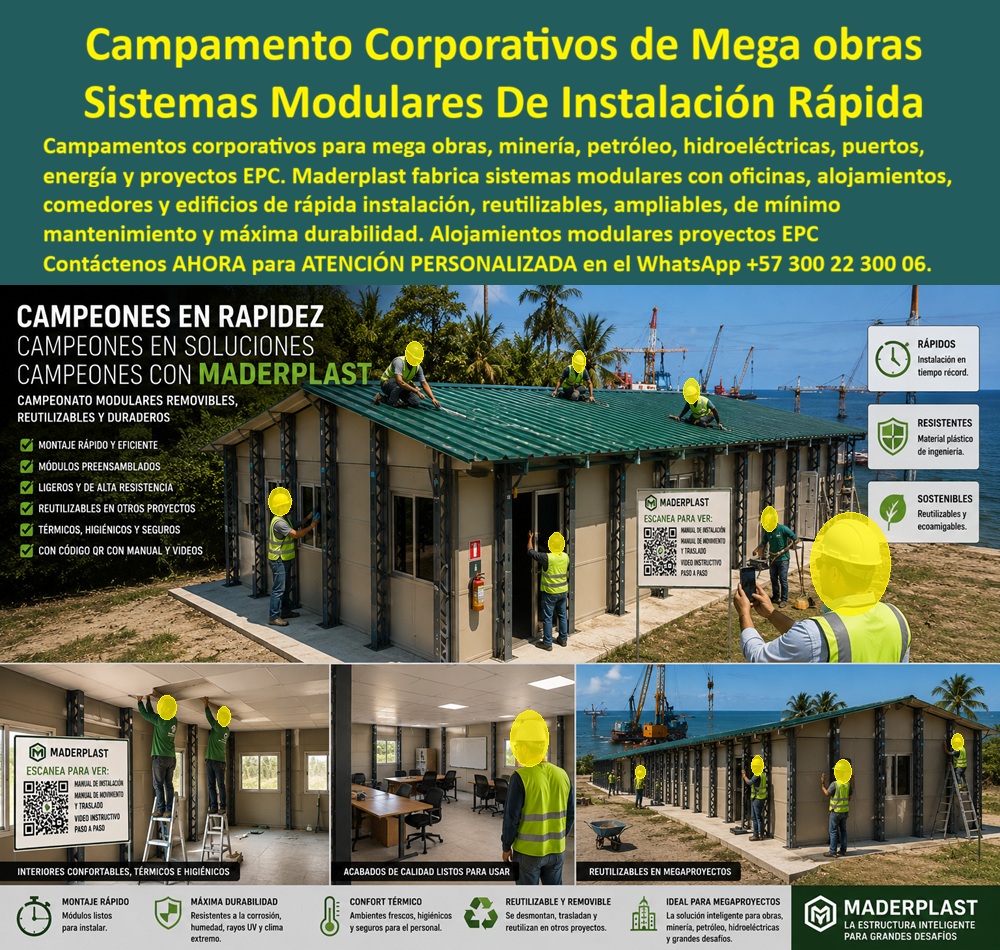 Campamentos Prefabricados Alta Calidad Smart Campamento Maderplast Sistemas de alojamiento y oficinas de obra Campamentos 00 Campamentos corporativos para mega obras llevan el sistema modular Maderplast a su versión más completa: no solo la estructura y la envolvente resistente, sino el espacio ya terminado y listo para operar, con oficinas amobladas, iluminación funcional y áreas de trabajo que un equipo directivo puede ocupar el mismo día que se entrega el módulo. Esta es la diferencia entre instalar un campamento y entregar una sede de proyecto completamente operativa desde el primer día.  Este es, de hecho, el mismo razonamiento que lleva a Maderplast un paso adelante de la formaleta convencional: cuando un cliente necesita encofrado y fundir una pared en concreto para construir las oficinas o alojamientos de su mega obra, Maderplast plantea una alternativa más eficiente — en lugar de fabricar el molde para que el cliente funda su propia pared, entrega la pared ya terminada en polipropileno de alta resistencia, lista para ensamblar, trasladar y reutilizar en el siguiente proyecto. Se elimina el proceso completo de fundición, curado y acabado, y el cliente recibe directamente la solución final con las mismas propiedades de resistencia que ya demuestran los sistemas de encofrado Maderplast, sin pasar por el vaciado de concreto.  Para minería, petróleo, hidroeléctricas, puertos y proyectos de energía —los sectores donde la escala y la ubicación remota, muchas veces costera, elevan la exigencia sobre cualquier infraestructura temporal—, el sistema modular Maderplast ofrece montaje rápido con módulos pre ensamblados, ligeros y de alta resistencia, que se instalan en tiempo récord incluso en frentes de obra de difícil acceso como los que exige la construcción costera o marítima de gran escala. Cada módulo incluye su propio código QR con manual de instalación, manual de movimiento y traslado, y video instructivo paso a paso, permitiendo que cualquier cuadrilla, sin necesidad de personal altamente especializado, arme y desarme la estructura siguiendo un procedimiento documentado y estandarizado.  La resistencia a la corrosión, la humedad, los rayos UV y el clima extremo no es una promesa aislada: se traduce en interiores confortables, térmicos e higiénicos que protegen tanto al personal como a los equipos de oficina instalados dentro, incluso en proyectos ubicados en ambientes costeros de alta exposición salina o climas tropicales de humedad constante. Y cuando la fase del proyecto concluye o el frente de obra se traslada, el mismo módulo se desmonta, se traslada y se reutiliza en el siguiente proyecto, protegiendo la inversión inicial en infraestructura corporativa en lugar de convertirla en un activo de un solo uso.  Cuando su mega obra requiera campamentos corporativos completos, con oficinas, alojamientos y comedores integrados, nuestro equipo de ingeniería puede diseñar el sistema modular ampliable que su proyecto necesita, desde la fase inicial hasta su eventual traslado a la siguiente etapa. Escríbenos: (+57) 300 22 300 06 — ingenieria@maderplast.co. Maderplast: la estructura inteligente para los desafíos más grandes, lista para trabajar desde el primer día.  Video sugerido para este bloque: Formaletas y camillas para placas Maderplast — https://www.youtube.com/watch?v=IwzorusG2ss