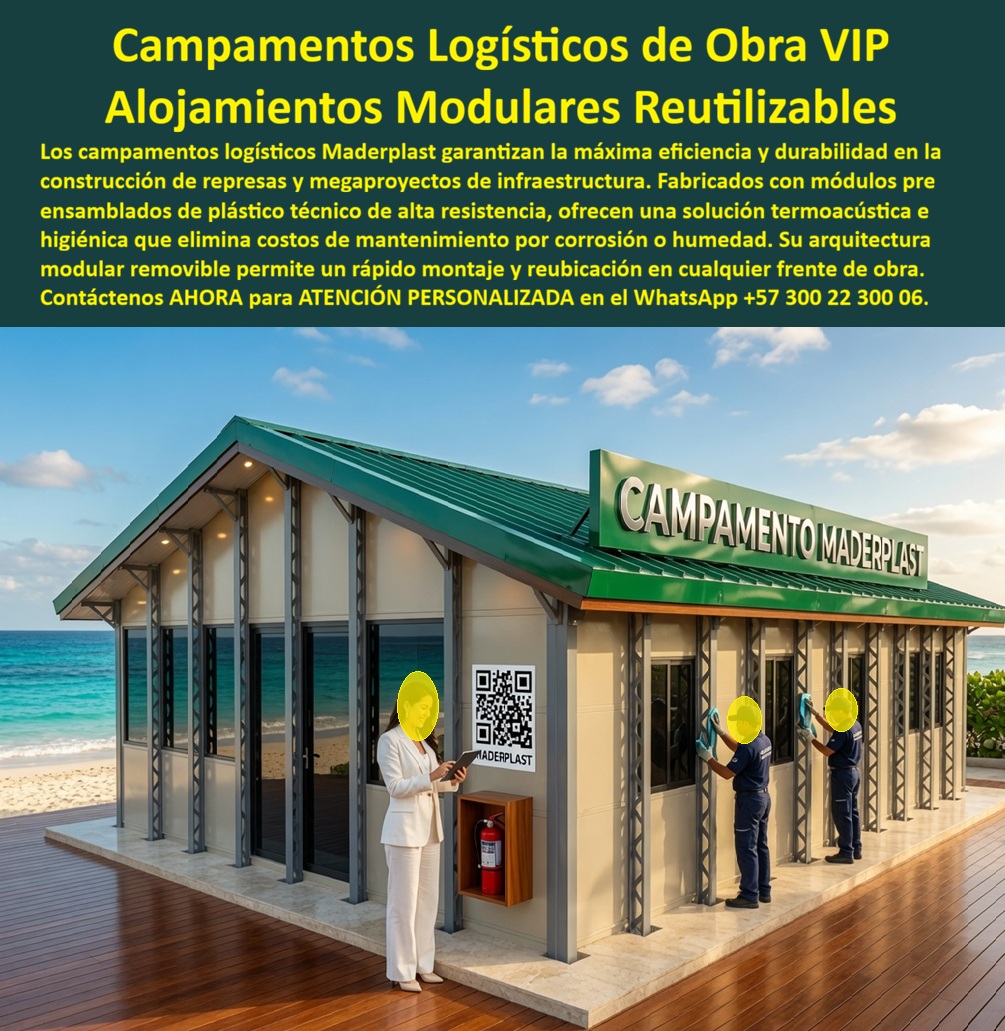 Campamentos Prefabricados Alta Calidad Smart Campamento Maderplast infraestructura temporal reutilizable Alojamientos Modulares Construcción campamento logístico construcción de represa centro logístico megaproyecto de infraestructura Campamentos Logísticos VIP y Alojamientos Modulares Reutilizables: Infraestructura Inteligente para Represas, Megaobras y Grandes Proyectos de Ingeniería  La imagen presenta un moderno campamento logístico VIP desarrollado como una plataforma operativa de alto desempeño para proyectos de infraestructura de gran escala. Su arquitectura modular integra oficinas administrativas, áreas de coordinación, espacios de atención, módulos de alojamiento y servicios logísticos dentro de una infraestructura reutilizable, diseñada para responder a los requerimientos de constructoras, empresas EPC (Engineering, Procurement and Construction), concesiones, hidroeléctricas, represas, minería, petróleo, energía y megaproyectos nacionales e internacionales. Más que un conjunto de edificaciones temporales, este sistema representa una solución industrializada concebida para acompañar a la empresa durante múltiples proyectos, conservando su funcionalidad, presentación corporativa y valor económico.  Las grandes obras civiles requieren una logística altamente organizada desde el primer día. Antes de iniciar la producción, es indispensable disponer de oficinas, salas de ingeniería, centros de control, alojamiento para el personal, áreas de reuniones, bodegas, servicios y espacios administrativos que permitan coordinar eficientemente cientos o incluso miles de trabajadores. Los campamentos prefabricados de alta calidad, la infraestructura temporal reutilizable, los alojamientos modulares para construcción, los campamentos logísticos para represas, los centros logísticos para megaproyectos de infraestructura, los campamentos corporativos inteligentes, las oficinas modulares premium y las instalaciones desmontables de alta ingeniería responden precisamente a esta necesidad de operar con rapidez, eficiencia y confiabilidad.  Uno de los principales beneficios de este sistema consiste en su capacidad de reutilización. Finalizado un proyecto, toda la infraestructura puede desmontarse, transportarse e instalarse en una nueva obra, conservando prácticamente intactas sus características técnicas y arquitectónicas. Esta capacidad transforma el campamento en un activo permanente de la organización, eliminando la necesidad de construir nuevamente instalaciones temporales para cada contrato y reduciendo significativamente el costo total de propiedad durante muchos años de operación.  Desde el punto de vista constructivo, los materiales de ingeniería utilizados por Maderplast presentan un excelente comportamiento frente a humedad, ambientes corrosivos, radiación ultravioleta, insectos, termitas y condiciones climáticas severas. Esta resistencia disminuye considerablemente los trabajos de mantenimiento y permite conservar una imagen corporativa impecable incluso en proyectos desarrollados en regiones tropicales, zonas costeras, áreas montañosas, selvas, campos petroleros, parques energéticos o corredores de infraestructura donde las condiciones ambientales aceleran el deterioro de los sistemas convencionales.  La modularidad también ofrece una extraordinaria flexibilidad operativa. El conjunto puede configurarse para integrar porterías, edificios administrativos, salas de juntas, dormitorios, comedores, cocinas industriales, centros médicos, laboratorios, talleres, bodegas, áreas de capacitación, centros de monitoreo y cualquier otra instalación requerida por el cliente. Conforme evolucionan las necesidades del proyecto, nuevos módulos pueden incorporarse rápidamente sin afectar la operación existente, facilitando ampliaciones progresivas y una administración mucho más eficiente de la infraestructura.  La incorporación de tecnologías digitales constituye otro elemento diferenciador. Sistemas de identificación mediante códigos QR, documentación técnica digital, manuales electrónicos, control de activos, inventarios, procedimientos de mantenimiento y protocolos de seguridad pueden integrarse directamente a la infraestructura, facilitando la gestión documental y permitiendo que supervisores, ingenieros y técnicos accedan de manera inmediata a la información necesaria mediante dispositivos móviles. Esta digitalización fortalece la trazabilidad, mejora la capacitación del personal y optimiza la operación diaria del campamento.  Para empresas constructoras, operadores energéticos, compañías mineras, concesionarios y organizaciones dedicadas a grandes proyectos de infraestructura, la evaluación económica debe considerar mucho más que el costo inicial. Un campamento reutilizable, durable, fácilmente transportable y de bajo mantenimiento representa una inversión estratégica que reduce costos recurrentes, disminuye tiempos improductivos y conserva un importante valor patrimonial durante múltiples contratos. Bajo este enfoque, la infraestructura deja de ser un gasto temporal para convertirse en una herramienta permanente que mejora la competitividad de la organización.  Maderplast desarrolla estos campamentos logísticos VIP mediante procesos industriales especializados, diseño modular propio y fabricación personalizada para cada proyecto. La empresa trabaja bajo sistemas certificados ISO 9001 para gestión de calidad e ISO 14001 para gestión ambiental, ofreciendo diseño arquitectónico, ingeniería, fabricación, transporte, instalación y acompañamiento técnico integral. Cada solución puede adaptarse a las condiciones climáticas, número de usuarios, duración del proyecto y requerimientos operativos específicos, permitiendo desarrollar complejos completamente personalizados para minería, hidroeléctricas, parques solares, infraestructura vial, petróleo, gas, industria y construcción.  Diversas organizaciones han incorporado soluciones modulares desarrolladas por Maderplast buscando optimizar sus procesos logísticos y reducir tiempos de implementación. Por acuerdos de confidencialidad no se publican todos los proyectos ejecutados, pero la empresa puede presentar referencias comerciales, antecedentes de suministro, renders, modelos tridimensionales, planos arquitectónicos y propuestas técnicas diseñadas específicamente para cada cliente, facilitando el proceso de evaluación y toma de decisiones.  Invertir en campamentos logísticos VIP, infraestructura temporal reutilizable, alojamientos modulares para construcción, campamentos corporativos inteligentes, centros logísticos para megaproyectos, instalaciones modulares EPC y estructuras prefabricadas de alta ingeniería significa disponer de una plataforma operativa preparada para acompañar el crecimiento de la empresa durante muchos años. Más que construir instalaciones temporales, representa desarrollar una infraestructura estratégica que reduce costos, acelera el inicio de operaciones, fortalece la imagen corporativa y proporciona la flexibilidad necesaria para afrontar con éxito los desafíos de los grandes proyectos de ingeniería.  Descripción Ficha técnica Resumida del producto:  Campamentos logísticos VIP, infraestructura temporal reutilizable, alojamientos modulares para construcción, campamentos prefabricados premium y centros logísticos para represas, minería, energía y megaproyectos EPC. Soluciones Maderplast de rápida instalación, alta durabilidad, bajo mantenimiento y reutilización permanente.  Contáctenos ahora mismo por WhatsApp y reciba atención personalizada de un asesor especializado: +57 300 22 300 06.