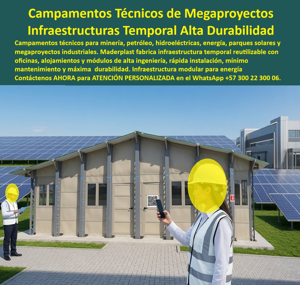 Campamentos Prefabricados Alta Calidad Smart campamento Maderplast infraestructura temporal de alta durabilidad Campamentos Campamentos de obra termoacústicos con acabados limpios listos usar Campamentos Modulares Grandes Obras CAMPAMENTOS PREFABRICADOS ALTA CALIDAD SMART CAMPAMENTO MADERPLAST PARA INFRAESTRUCTURA TEMPORAL DE ALTA DURABILIDAD  Los Campamentos Prefabricados Alta Calidad Smart campamento Maderplast, constituidos por la infraestructura temporal de alta durabilidad, los Campamentos de obra termoacústicos con acabados limpios listos usar y los Campamentos Modulares Grandes Obras, constituyen la solución tecnológica insignia para alojamientos y oficinas técnicas en megaproyectos de energía renovable, parques solares e infraestructura industrial. La imagen expone un módulo técnico inteligente de campamento prefabricado en acabado beige claro y gris industrial Maderplast, instalado en el frente operativo de un parque solar fotovoltaico. Una ingeniera de proyecto escanea un código QR de control de acceso e inspección mediante su teléfono móvil, mientras un profesional de obra revisa especificaciones técnicas junto al andén exterior pavimentado. El encabezado de la pieza gráfica destaca: "Campamentos Técnicos de Megaproyectos Infraestructuras Temporal Alta Durabilidad. Campamentos técnicos para minería, petróleo, hidroeléctricas, energía, parques solares y megaproyectos industriales. Maderplast fabrica infraestructura temporal reutilizable con oficinas, alojamientos y módulos de alta ingeniería, rápida instalación, mínimo mantenimiento y máxima durabilidad. Infraestructura modular para energía. Contáctenos AHORA para ATENCIÓN PERSONALIZADA en el WhatsApp +57 300 22 300 06".  La edificación de alojamientos y centros operativos en proyectos de energía renovable mediante casetas de lámina metálica, paneles de yeso cartón o madera sin tratamiento genera severas deficiencias por sobrecalentamiento interior, abolladuras por impacto, condensación, formación de moho y acelerada corrosión en la base. La implementación de placas macizas de polipropileno y paneles plásticos estructurales Maderplast como reemplazo del fenólico, de las láminas metálicas y del drywall elimina de raíz estos problemas. Fabricados en polímero técnico macizo de alta densidad, estos módulos ofrecen aislamiento termoacústico, estanqueidad total, inmunidad a la radiación UV y resistencia al impacto, entregando espacios limpios, higiénicos y listos para usar sin requerir pañetes, estucos ni capas de pintura protectora.  En la gestión logística de frentes de obra dispersos y en la construcción moldes para concreto o módulos habitacionales, los paneles para encofrado, tableros para encofrado, placas para encofrados y placas para formaletas Maderplast aseguran la máxima velocidad de ensamblaje modular y desmonte. A diferencia de los contenedores metálicos pesados o de la mampostería tradicional expuesta al agrietamiento por asentamiento del terreno, este sistema de mampostería plástica y formaletas reutilizables y encofrados reutilizables en paredes y placas no sufre degradación biológica ni química. Su diseño permite traslados e instalaciones ilimitadas en múltiples sitios de trabajo sin perder tolerancia geométrica ni deteriorar sus componentes, lo que reduce drásticamente el costo total de propiedad (TCO) para las empresas contratistas y gerencias EPC.  Las soluciones constructivas e ingeniería modular Maderplast demuestran que las infraestructuras temporales tradicionales de la competencia, aun cuando fueran regaladas, resultan sumamente costosas para la dirección de obra debido a los desmesurados costos de climatización, el deterioro estético del campamento, los retrasos en la entrega y las pérdidas totales por descarte al cambiar de localización. Maderplast asegura acabados estructurales, acabados permanentes y acabados arquitectónicos que protegen la inversión y garantizan durabilidad inalterable, respaldados por un proceso industrial con certificación ISO 9001 en diseño y desarrollo e ISO 14001 en gestión ambiental, aprobados bajo estrictas normas técnicas.  "DIRECTOR GENERAL DE OBRA — CONSTRUCTORA BOLÍVAR S.A. Implementar los campamentos prefabricados alta calidad smart campamento y módulos termoacústicos Maderplast en la logística de nuestro parque solar nos permitió instalar oficinas y alojamientos técnicos en tiempo récord. Eliminamos por completo el mantenimiento por temperatura y humedad, garantizando una infraestructura 100% reutilizable para nuestras siguientes etapas.'"  Para la verificación técnica de desempeño térmico, absorción acústica, memorias de cálculo, planos acotados o inspección de pruebas de laboratorio en video (como los ensayos de resistencia extrema Maderplast ante retroexcavadora y rotomartillo en YouTube: youtube.com/watch?v=doRIRlOAgX8, montaje estructural en youtube.com/watch?v=IwzorusG2ss y modelos habitacionales en youtube.com/watch?v=TbUhZ6y9vrM), el equipo proyectista e ingenieros de obra pueden solicitar la documentación respaldada. Contacto directo con el Departamento de Ingeniería para asesoría personalizada. Ing. Soporte Técnico: (+57) 300 22 300 06.