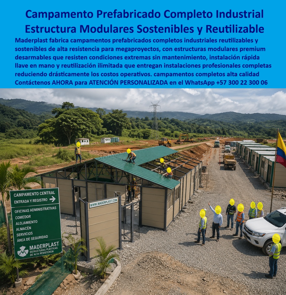 Campamentos Prefabricados Completos Diseño Campamentos Maderplast Campamentos Industriales Reutilizables Campamentos Sostenibles y Reutilizables Campamentos Prefabricados Premium Estructuras modulares desarmables de alta resistencia A Campamentos Prefabricados Industriales Reutilizables: Infraestructura Modular Inteligente para Megaproyectos, Minería, Energía y Grandes Obras  La imagen muestra un campamento prefabricado industrial completo desarrollado bajo un concepto de infraestructura modular reutilizable para atender las necesidades de proyectos de gran escala. Se observa un complejo en plena etapa de instalación que integra oficinas administrativas, alojamiento, comedor, almacenes, áreas de servicios y zonas de seguridad dentro de un mismo sistema constructivo. La característica más importante de esta solución no es únicamente su rapidez de montaje, sino su capacidad para desmontar, trasladar y volver a instalarse en nuevos proyectos, convirtiendo el campamento en un activo permanente de la empresa y no en una infraestructura desechable al finalizar la obra.  En proyectos de minería, petróleo, gas, hidroeléctricas, infraestructura vial, concesiones, ferrocarriles, puertos, aeropuertos, energía renovable, transmisión eléctrica, grandes urbanizaciones y construcción industrial, el campamento constituye el centro operativo desde donde se administra toda la ejecución del proyecto. Cada retraso en su instalación significa pérdida de productividad, incremento en costos indirectos y dificultades logísticas. Por esta razón, los campamentos industriales reutilizables, los campamentos sostenibles, los campamentos prefabricados premium, las estructuras modulares desarmables de alta resistencia, las oficinas modulares, los campamentos llave en mano, los módulos habitacionales y los complejos industriales transportables representan una solución cada vez más utilizada por compañías que requieren máxima eficiencia operacional.  Uno de los principales beneficios de este sistema consiste en la industrialización del proceso constructivo. Mientras una edificación convencional demanda largos periodos de construcción directamente en obra, los módulos desarrollados por Maderplast pueden fabricarse de manera controlada, transportarse al proyecto y ensamblarse rápidamente mediante un proceso organizado que reduce considerablemente el tiempo necesario para iniciar operaciones. Esta velocidad permite que el personal técnico, administrativo y operativo disponga oportunamente de oficinas, dormitorios, comedores, salas de reuniones, áreas médicas, almacenes y espacios de soporte desde las primeras etapas del proyecto.  La modularidad también transforma la manera de administrar las inversiones. En lugar de construir instalaciones permanentes que posteriormente deben demolerse o abandonarse, la empresa dispone de una infraestructura completamente reutilizable que puede desmontarse, transportarse y adaptarse a nuevos contratos. Esto convierte al campamento en un activo de largo plazo capaz de generar valor durante múltiples proyectos, disminuyendo significativamente el costo total de propiedad y mejorando la rentabilidad de la inversión inicial.  Desde el punto de vista técnico, los materiales desarrollados por Maderplast ofrecen excelente comportamiento frente a humedad, radiación ultravioleta, ambientes corrosivos, insectos, termitas y condiciones climáticas severas. Esta resistencia ambiental reduce considerablemente las necesidades de mantenimiento respecto a soluciones convencionales, permitiendo que los módulos conserven su apariencia, funcionalidad y desempeño durante numerosos ciclos de instalación y reutilización. Para compañías que operan en regiones tropicales, zonas costeras, selvas, desiertos o ambientes industriales agresivos, esta característica representa una ventaja económica y operativa muy importante.  La flexibilidad arquitectónica permite desarrollar configuraciones completamente personalizadas según las necesidades del proyecto. Los campamentos pueden incorporar oficinas administrativas, salas de ingeniería, dormitorios, comedores, cocinas industriales, lavanderías, enfermeras, centros de control, bodegas, laboratorios, talleres, áreas recreativas, auditorios, módulos de capacitación, porterías y edificios especializados, integrando todos los servicios necesarios para la operación de grandes proyectos bajo un mismo sistema constructivo.  Para directores de proyectos, gerentes de construcción, empresas EPC, compañías mineras, petroleras y contratistas de infraestructura, la decisión no debe evaluarse únicamente por el costo inicial del campamento. El análisis profesional considera el tiempo de instalación, la facilidad de transporte, la reutilización futura, la durabilidad de los materiales, la disminución del mantenimiento y la posibilidad de recuperar la inversión mediante el uso continuo de la infraestructura en diferentes contratos. Bajo este criterio, un sistema reutilizable ofrece una rentabilidad considerablemente superior frente a instalaciones tradicionales construidas para un único proyecto.  Maderplast desarrolla estos campamentos prefabricados completos mediante procesos industriales especializados, diseño modular propio y fabricación personalizada para proyectos de cualquier dimensión. La empresa trabaja bajo sistemas certificados de gestión ISO 9001 para calidad e ISO 14001 para gestión ambiental, ofreciendo además diseño arquitectónico, ingeniería, fabricación, transporte, instalación y acompañamiento técnico durante toda la ejecución del proyecto. Su experiencia permite desarrollar soluciones adaptadas a minería, hidrocarburos, energía, infraestructura, turismo, defensa, industria y construcción, incorporando criterios de eficiencia, sostenibilidad y rápida implementación.  Diversas organizaciones públicas y privadas han implementado soluciones modulares desarrolladas por Maderplast para optimizar la logística de sus proyectos. Por acuerdos de confidencialidad no se divulgan públicamente todos los clientes atendidos, pero la empresa puede presentar referencias comerciales, antecedentes de suministro, modelos arquitectónicos, renders, planos y diseños personalizados durante el proceso de evaluación técnica. También puede desarrollar configuraciones especiales de acuerdo con el número de personas, condiciones climáticas, duración del proyecto y necesidades operativas de cada cliente.  La incorporación de campamentos industriales reutilizables, estructuras modulares sostenibles, campamentos prefabricados premium, módulos habitacionales, oficinas transportables, infraestructura desmontable y sistemas llave en mano representa una inversión orientada a maximizar la productividad, reducir costos ocultos y disponer de infraestructura reutilizable para múltiples proyectos futuros. Más que construir un campamento temporal, significa desarrollar una plataforma operativa permanente capaz de acompañar el crecimiento de la empresa durante años, ofreciendo rapidez de instalación, bajo mantenimiento, alta durabilidad y una excelente relación entre inversión y vida útil.  Descripción Ficha técnica Resumida del producto:  Campamentos prefabricados industriales reutilizables, estructuras modulares sostenibles, oficinas transportables, módulos habitacionales y campamentos llave en mano para minería, petróleo, energía, infraestructura y grandes obras. Soluciones Maderplast de rápida instalación, alta durabilidad, reutilización continua y mínimo mantenimiento.  Contáctenos ahora mismo por WhatsApp y reciba atención personalizada de un asesor especializado: +57 300 22 300 06.