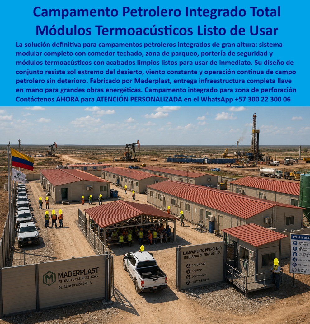 Campamentos Prefabricados Completos Diseño Campamentos Maderplast Campamentos de obra termoacústicos con acabados limpios listos usar Campamentos Modulares Grandes Obras Oficinas de campo modulares infraestructura Campamento modular A Campamentos petroleros integrados totales con módulos termoacústicos listos de usar resuelven la infraestructura habitacional de grandes obras energéticas. Maderplast fábrica este sistema modular completo que incluye comedor techado, zona de parqueo, portería de seguridad y módulos termoacústicos con acabados limpios listos para uso inmediato. El diseño de conjunto resiste el sol extremo del desierto, el viento constante y la operación continua de campo petrolero sin deterioro. En proyectos de perforación y producción el problema recurrente es la calidad y la durabilidad de los campamentos: deterioro rápido por clima agresivo, falta de aislamiento, altos costos de mantenimiento y pérdida de condiciones habitables. Este campamento integrado de gran altura elimina ese ciclo. Los módulos de polímero técnico de alta resistencia no se oxidan, no se corroen y mantienen su presentación y desempeño a lo largo del tiempo. La entrega es llave en mano, con infraestructura completa que acelera el inicio de operaciones y reduce la logística de montaje. El resultado es una solución de ingeniería modular para grandes obras que eleva el estándar de vida del personal mientras baja el costo total de propiedad. Los acabados limpios, el aislamiento termoacústico y la resistencia a condiciones extremas convierten el campamento en un activo reutilizable y de bajo mantenimiento. El sistema se adapta a las exigencias de seguridad, calidad y sostenibilidad de la industria energética. Los campamentos convencionales de materiales inferiores, aunque lleguen a precio inicial bajo, terminan resultando carísimos por deterioro acelerado, filtraciones, reposiciones y pérdida de condiciones operativas. Maderplast entrega una solución de campamento modular integral que convierte la infraestructura de personal en un activo durable y de presentación profesional. Las plantas cuentan con certificación ISO 9001 en diseño y fabricación e ISO 14001 ambiental, y las piezas se validan con pruebas de laboratorio exigentes. Un gerente de operaciones de un campo petrolero comentó: “Implementamos el campamento integrado Maderplast en zona de perforación. Los módulos termoacústicos llegaron listos para usar, resistieron el clima extremo y eliminaron los problemas de mantenimiento. Cualquier alternativa convencional, aunque nos la regalaran, salía más cara por el deterioro y las intervenciones constantes”. La evidencia que elimina la duda técnica al firmar la orden de compra está en las pruebas extremas. El video en el que una retroexcavadora, un mazo de construcción y un rotomartillo impactan directamente los materiales Maderplast demuestra una resistencia que cambia la percepción de cualquier ingeniero o administrador de proyectos energéticos. Este registro, junto con el canal completo de validaciones, constituye el respaldo que un profesional necesita para especificar con tranquilidad. Para solicitar configuraciones de campamento, planos, manuales de instalación o cotización de producción en serie, contacte directamente al Departamento de Ingeniería. Ing. Soporte Técnico: (+57) 300 22 300 06 | ingenieria@maderplast.co.