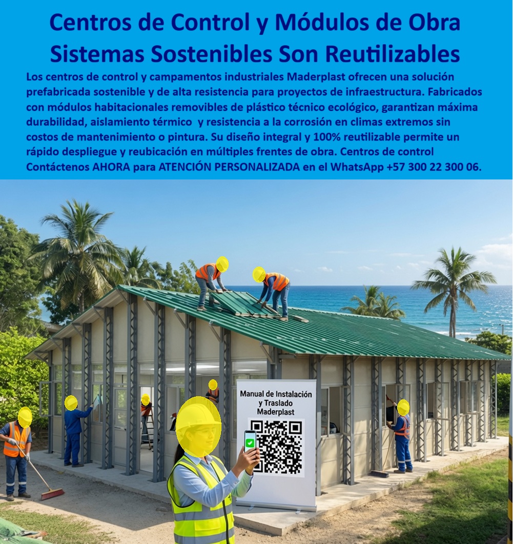 Campamentos Prefabricados Completos Diseño Campamentos Maderplast centros de control prefabricados Módulos habitacionales removibles campamentos de personal Campamentos Industriales Reutilizables Campamentos Sostenibles y Reutilizable Centros de control y módulos de obra resuelven una necesidad que todo proyecto de infraestructura de gran escala enfrenta más de una vez durante su ejecución: instalar rápido, operar con condiciones dignas para el personal, y luego trasladar ese mismo activo a un nuevo frente de obra sin tener que construir de cero cada vez. El sistema modular de Maderplast está diseñado exactamente para ese ciclo completo, documentado incluso con manual de instalación y traslado propio, de modo que la cuadrilla que arma el módulo en un sitio pueda desarmarlo y reubicarlo en el siguiente frente de obra siguiendo un procedimiento estandarizado, sin depender de conocimiento no documentado ni de personal especializado externo.  La fabricación en plástico técnico ecológico resuelve, además, el problema que enfrenta cualquier campamento industrial instalado en climas extremos o zonas costeras: la corrosión acelerada por humedad y salinidad que deteriora rápidamente los campamentos metálicos tradicionales, obligando a mantenimiento constante o reemplazo prematuro de estructuras que, en teoría, deberían ser temporales pero que terminan generando costos permanentes de reparación. Los módulos habitacionales removibles de Maderplast eliminan esa carga de mantenimiento: no requieren pintura anticorrosiva periódica ni tratamiento contra oxidación, y mantienen su integridad estructural aun en instalaciones prolongadas frente a ambientes agresivos como el que se ve en zonas de playa o alta exposición solar.  Para el gerente de proyecto que administra varios frentes de obra simultáneos o consecutivos —típico en proyectos de infraestructura vial, energética o portuaria—, esto representa una diferencia operativa real: en lugar de comprar y desechar campamentos improvisados en cada nueva locación, invierte una sola vez en un sistema modular de diseño íntegramente reutilizable, que se traslada, se instala y vuelve a operar en el siguiente frente con el mismo estándar de calidad y habitabilidad que en el anterior.  El resultado es un centro de control que no compromete la comodidad del personal por su condición temporal: buen desempeño térmico frente al calor extremo de zonas costeras o tropicales, superficies fáciles de mantener limpias, y una estructura que se percibe —y se comporta— como una instalación permanente, aunque esté planeada para moverse con el avance de la obra.  Cuando su proyecto de infraestructura requiera centros de control, campamentos industriales o módulos habitacionales removibles, nuestro equipo de ingeniería puede diseñar la configuración exacta según el número de frentes de obra y las condiciones climáticas de cada ubicación. Escríbenos: (+57) 300 22 300 06 — ingenieria@maderplast.co. Maderplast: campamentos que se instalan, operan y se trasladan, sin perder calidad en ningún frente de obra.  Video sugerido para este bloque: Formaletas y camillas para placas Maderplast — https://www.youtube.com/watch?v=IwzorusG2ss