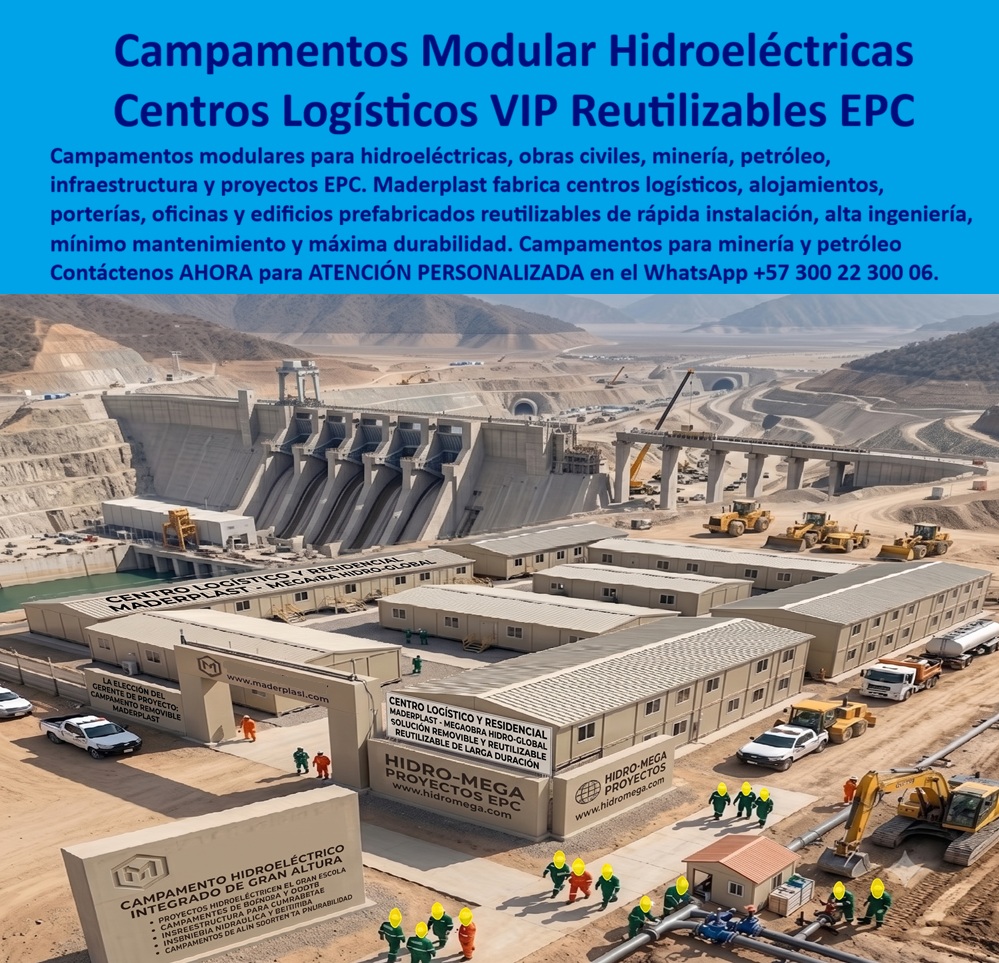 Campamentos Prefabricados Completos Diseño Campamentos Maderplast infraestructura hidroeléctricas Campamento modular multiuso obra civil Sistema Inteligente de Campamentos Reutilizables Porterías y centros de control prefabricados VIP Campamentos modulares para hidroeléctricas enfrentan una exigencia que ningún campamento de obra convencional resuelve bien: instalar infraestructura habitacional y logística completa —oficinas, portería, alojamiento, centro logístico— en terrenos remotos de alta montaña o zonas áridas, con acceso limitado y plazos de construcción que no pueden esperar a que se levante una edificación tradicional en sitio. Maderplast fabrica ese sistema completo en formato modular reutilizable, permitiendo que un proyecto EPC de generación hidroeléctrica cuente con campamento operativo en semanas, no en meses, sin sacrificar la calidad ni la organización que exige un proyecto de esta magnitud.  La escala de un proyecto hidroeléctrico impone además una condición que pocos sistemas de campamento resuelven bien: coexistir de forma ordenada con maquinaria pesada, tránsito constante de vehículos de carga y actividad de construcción civil intensa alrededor. El centro logístico y residencial modular Maderplast se distribuye en bloques identificables y señalizados, integrando oficinas, alojamiento y áreas comunes en una configuración que un gerente de proyecto puede escalar según el tamaño de la obra y el número de personal en sitio, sin perder el orden operativo que un proyecto de esta envergadura exige desde el primer día.  Como en cualquier otra aplicación de Maderplast en campamentos industriales, el sistema modular reutilizable elimina el ciclo de mantenimiento por corrosión y deterioro ambiental que sí enfrenta un campamento metálico convencional expuesto durante años a condiciones extremas de montaña, radiación solar intensa o clima árido. Esto significa que la misma infraestructura instalada al inicio del proyecto puede acompañar toda su fase de construcción —que en una hidroeléctrica suele extenderse varios años— sin degradarse ni requerir reemplazo parcial de estructuras.  Para el operador EPC de un proyecto de generación hidroeléctrica, minería, petróleo o infraestructura de gran escala, esto se traduce en una decisión de infraestructura temporal que se comporta con la solidez de una instalación permanente: menor tiempo de despliegue inicial, menor gasto de mantenimiento durante la vida del proyecto, y la posibilidad de reubicar o redimensionar el campamento si el alcance de la obra cambia en el camino.  Cuando su proyecto de infraestructura de gran escala requiere un campamento modular completo, nuestro equipo de ingeniería puede diseñar la distribución logística y habitacional según el terreno, el clima y el número de personal de su obra. Escríbenos: (+57) 300 22 300 06 — ingenieria@maderplast.co. Maderplast: campamentos modulares diseñados para sostener proyectos de infraestructura de la mayor escala, en las condiciones más exigentes.  Imagen de referencia: montaje ilustrativo de posible aplicación en proyecto de infraestructura hidroeléctrica.  Video sugerido para este bloque: Formaletas y camillas para placas Maderplast — https://www.youtube.com/watch?v=IwzorusG2ss