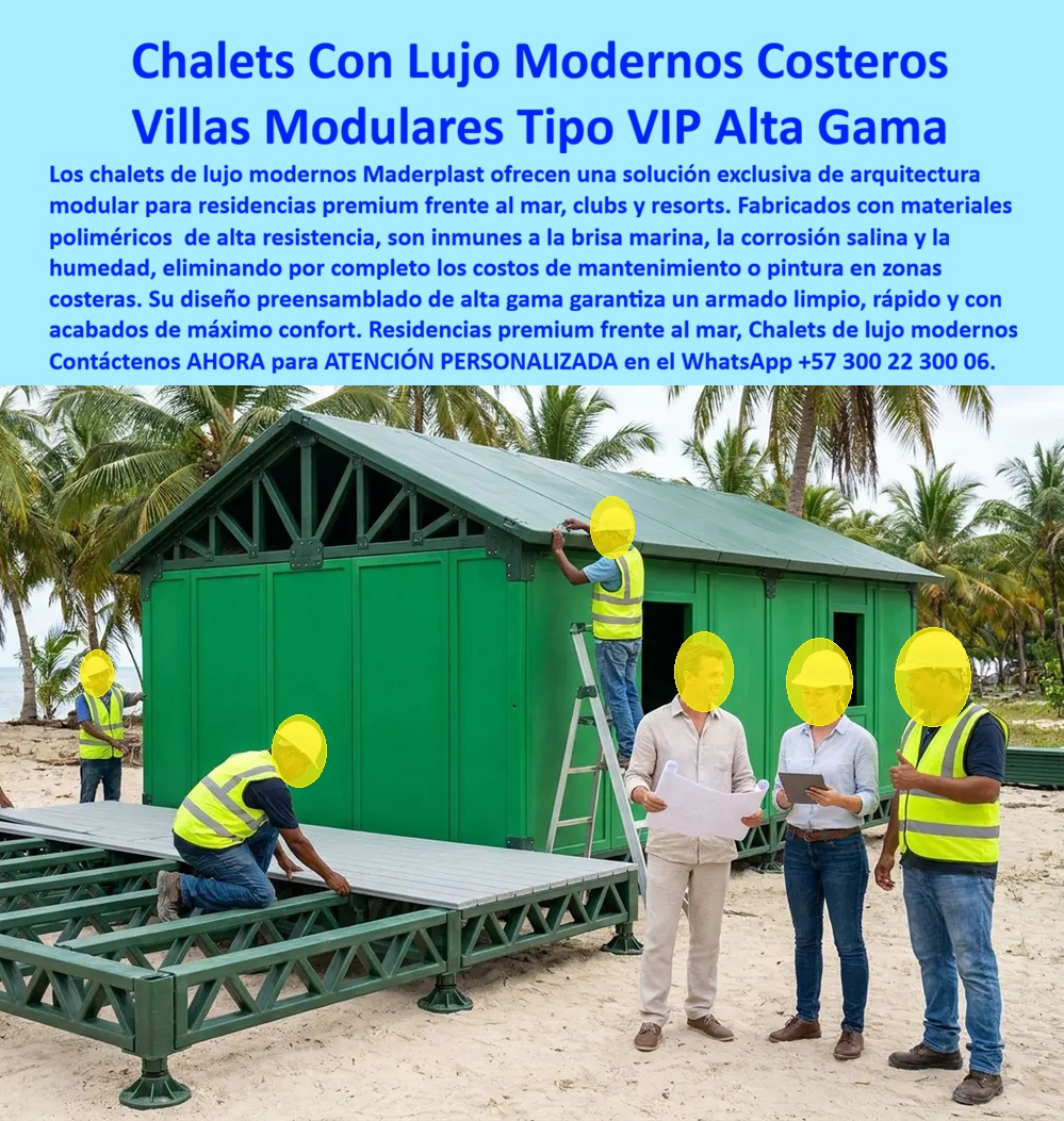 Chalets De Lujo Modernos Casas Exclusivas Clubs Y Resorts Maderplast Residencias Premium Frente al Mar Chalets de Lujo Modernos Chalet exclusivo zona costera Villa modular de alta gama Residencias VIP de Arquitectura Modular Casas  Chalets de lujo moderno costeros y villas modulares tipo VIP de alta gama resuelven las residencias premium frente al mar, clubs y resorts. Maderplast fabrica estas unidades de arquitectura modular con materiales poliméricos de alta resistencia que son inmunes a la brisa marina, la corrosión salina y la humedad. El diseño preensamblado de alta gama garantiza un armado limpio, rápido y con acabados de máximo confort, eliminando por completo los costos de mantenimiento o pintura en zonas costeras. En proyectos exclusivos frente al mar el problema recurrente es el deterioro acelerado por salinidad, la necesidad constante de repintado y los mantenimientos costosos que afectan la operación del resort o la residencia. Estas villas modulares de alta gama eliminan ese ciclo. No se oxidan, no se corroen y mantienen su apariencia y desempeño a lo largo del tiempo. La estructura elevada y el sistema modular permite una instalación controlada sobre la arena o plataformas, reduciendo tiempos de obra y entregando un producto terminado de estándar VIP. El resultado es una residencia premium de ingeniería costera que combina estética moderna, confort y durabilidad extrema. El propietario o el operador del club gana un activo de larga vida útil sin los costos ocultos de la corrosión marina. El material es ligero, transportable y de bajo mantenimiento, alineado con exigencias de proyectos de alto valor en zonas de exposición salina. Los sistemas constructivos convencionales en madera o metal, aunque lleguen a precio inicial competitivo, terminan resultando carísimos por deterioro, repintes y pérdida de valor visual. Maderplast entrega una solución de arquitectura modular que convierte cada chalet en una inversión de alto desempeño y mínima intervención. Las plantas cuentan con certificación ISO 9001 en diseño y fabricación e ISO 14001 ambiental, y las piezas se validan con pruebas de laboratorio exigentes. Un director de desarrollo de un resort costero comentó: “Especificamos los chalets modulares Maderplast para las residencias VIP frente al mar. Eliminamos por completo los problemas de corrosión y el mantenimiento de pintura. El montaje fue rápido y el estándar de acabado superó las expectativas. Cualquier construcción convencional, aunque nos la regalaran, salía más cara por el deterioro constante en ambiente salino”. La evidencia que elimina la duda técnica al firmar la orden de compra está en las pruebas extremas. El video en el que una retroexcavadora, un mazo de construcción y un rotomartillo impactan directamente los materiales Maderplast demuestra una resistencia que cambia la percepción de cualquier ingeniero o desarrollador. Este registro, junto con el canal completo de validaciones, constituye el respaldo que un profesional necesita para especificar con tranquilidad en proyectos costeros de alta gama. Para solicitar planos, personalización de diseños, memorias técnicas o cotización de producción en serie, contacte directamente al Departamento de Ingeniería. Ing. Soporte Técnico: (+57) 300 22 300 06 | ingenieria@maderplast.co.