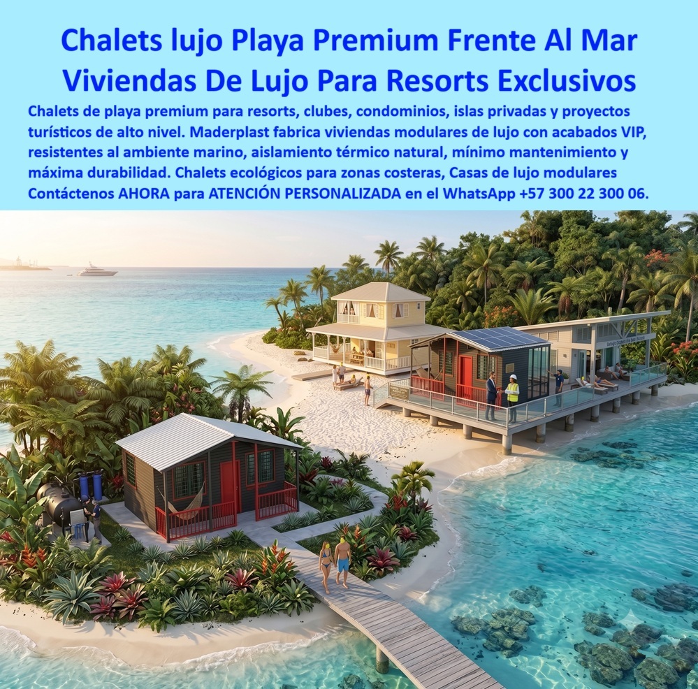Chalets De Lujo Modernos Casas Exclusivas Clubs Y Resorts Maderplast Vivienda de lujo modular para finca Chalets de Playa Premium Casa VIP para proyecto recreacional Casas Recreativas con Acabado VIP Viviendas de Lujo para Descanso Chalets de lujo frente al mar representan la aplicación más exigente estéticamente de la ingeniería en plástico técnico que ya conoce el sector industrial y constructivo: llevar la misma resistencia a salinidad, humedad y condiciones marinas extremas que protege un muelle o una estructura portuaria, hasta el estándar de acabado que exige un resort, un club privado o una isla de proyecto turístico exclusivo. Aquí la exigencia no es solo estructural, es doble: el material debe sobrevivir décadas de exposición directa al ambiente marino sin deteriorarse, y al mismo tiempo debe verse impecable desde el primer día hasta el último, porque en un proyecto de lujo el desgaste visible no es aceptable bajo ningún concepto.  El problema que enfrenta cualquier desarrollador de proyectos turísticos costeros con materiales tradicionales es conocido: la madera se pudre y requiere tratamiento constante contra humedad y plagas, el metal se oxida en presencia de brisa salina sin importar cuántas capas de pintura anticorrosiva se apliquen, y ambos exigen un ciclo de mantenimiento recurrente que en una isla privada o un resort remoto significa además el costo logístico de movilizar cuadrillas y materiales a sitios de difícil acceso. Las viviendas modulares de lujo Maderplast eliminan esa cadena de mantenimiento desde el diseño: paneles que no absorben humedad, no se oxidan ni se degradan por radiación UV constante, manteniendo su acabado VIP sin el deterioro progresivo que exhiben los chalets construidos en materiales convencionales tras pocos años de exposición marina directa.  La construcción modular ofrece además una ventaja operativa decisiva para proyectos en zonas de difícil acceso como islas privadas o zonas costeras remotas: al fabricarse por módulos y ensamblarse en sitio, se reduce drásticamente el tiempo de obra y la necesidad de transportar grandes volúmenes de material de construcción tradicional hasta ubicaciones donde cada viaje logístico representa un costo significativo. Esto permite desarrollar proyectos turísticos de alto nivel con cronogramas de despliegue que la construcción convencional en concreto o mampostería simplemente no puede igualar en ubicaciones remotas.  Para el desarrollador o el operador de un resort, club o condominio frente al mar, la decisión de material no es solo estética no solo estructural: es una decisión de rentabilidad a largo plazo. Un chalet que no exige repintado anual, no sufre pudrición ni oxidación, y mantiene su apariencia premium con mínimo mantenimiento, protege directamente el margen operativo del proyecto durante toda su vida útil, en lugar de convertirse en un gasto recurrente de mantenimiento estético que erosiona la rentabilidad año tras año.  Cuando su proyecto turístico o residencial de alto nivel requiere diseño y fabricación de viviendas de lujo modulares para ambiente costero, nuestro equipo de ingeniería y diseño puede desarrollar la propuesta arquitectónica y estructural específica para su ubicación. Escríbenos: (+57) 300 22 300 06 — ingenieria@maderplast.co. Maderplast: donde el lujo frente al mar se construye para no deteriorarse frente al mar.  Imagen de referencia: render conceptual ilustrativo de posible aplicación arquitectónica.  Video sugerido para este bloque: Casa plástica Maderplast — https://www.youtube.com/watch?v=TbUhZ6y9vrM