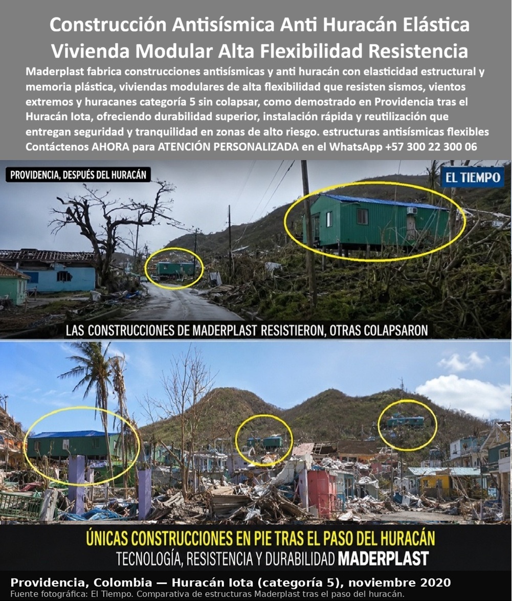 Construcciones Antisísmicas Anti Huracán Elasticidad Estructural Maderplast Edificaciones con memoria plástica inmunes sismos Viviendas modulares antihuracanes de alta flexibilidad plástica Casas prefabricadas elástica alta resistencia Construcciones Antisísmicas y Anti Huracán con Memoria Estructural: Viviendas Modulares de Alta Resiliencia para Zonas de Riesgo Climático La imagen documenta un escenario real posterior al paso del huracán Iota por la isla de Providencia, donde se observa una situación que resulta especialmente valiosa para la ingeniería: mientras numerosas edificaciones convencionales sufrieron daños severos o colapsaron, varias construcciones modulares de Maderplast permanecieron en pie y continuaron siendo identificables dentro del paisaje afectado. Más allá del impacto visual, este tipo de evidencia demuestra la importancia de diseñar infraestructura preparada para responder a fenómenos naturales mediante principios de resiliencia estructural, materiales de alto desempeño y sistemas constructivos concebidos para adaptarse a condiciones ambientales extremas. Las construcciones antisísmicas y anti huracán, las viviendas modulares de alta flexibilidad plástica, las edificaciones con memoria estructural, las casas prefabricadas resistentes y las soluciones desarrolladas por Maderplast buscan precisamente ofrecer una alternativa moderna para proyectos ubicados en regiones expuestas a sismos, huracanes, tormentas tropicales y eventos climáticos de gran intensidad. La ingeniería contemporánea reconoce que una estructura no solamente debe soportar cargas permanentes, sino también responder adecuadamente a acciones dinámicas generadas por movimientos sísmicos y fuertes vientos. En ese contexto, la capacidad de deformarse sin perder estabilidad constituye una característica altamente valorada. Los sistemas desarrollados con estructuras plásticas de alta flexibilidad, infraestructura de adaptación climática, viviendas modulares anti huracán, construcciones Y, edificaciones resilientes y sistemas industrializados de alta resistencia ambiental ofrecen una alternativa orientada a mejorar el comportamiento global de la infraestructura frente a condiciones extremas, siempre dentro de un diseño estructural realizado conforme a la normativa aplicable ya los cálculos específicos de cada proyecto. Las imágenes también reflejan otra ventaja propia de la construcción modular: la rapidez de fabricación e instalación. Este tipo de edificaciones puede producirse mediante procesos industriales controlados, transportarse hasta el sitio definitivo y ensamblar en tiempos considerablemente menores que los de la construcción tradicional. Esa capacidad resulta especialmente importante para programas de vivienda social, infraestructura institucional, instalaciones temporales, proyectos turísticos, reconstrucción posterior a desastres naturales y soluciones para zonas de difícil acceso, donde la velocidad de respuesta representa un factor crítico. Desde el punto de vista de la durabilidad, los materiales empleados por Maderplast presentan un comportamiento favorable frente a humedad, salinidad, radiación ultravioleta y ambientes altamente agresivos. Estas características permiten disminuir significativamente los procesos de mantenimiento asociados a corrosión, pudrición o deterioro acelerado que suelen afectar otros materiales expuestos permanentemente al ambiente exterior. Para propietarios, entidades públicas y operadores de infraestructura, esta reducción del mantenimiento se traduce en menores costos de operación y una mayor disponibilidad de las edificaciones durante su vida útil. Para ingenieros estructurales, arquitectos, organismos de gestión del riesgo y responsables de inversión pública, la selección de un sistema constructivo debe fundamentarse en un análisis integral que considere seguridad, desempeño, velocidad de construcción, facilidad de mantenimiento y costo total de propiedad. El verdadero valor de una infraestructura resiliente no se limita al momento de su construcción; se manifiesta durante toda su operación, especialmente cuando debe enfrentar eventos naturales para los cuales fue diseñada. Cada proyecto requiere un diseño estructural específico, desarrollado por profesionales competentes y conforme a la reglamentación vigente, de manera que el comportamiento esperado corresponda a las condiciones reales del sitio y del uso previsto. Maderplast desarrolla estas soluciones mediante procesos industriales especializados en plásticos técnicos, diseño y fabricación de sistemas modulares personalizados y procesos certificados bajo ISO 9001 para gestión de calidad e ISO 14001 para gestión ambiental. La empresa cuenta con experiencia en el desarrollo de edificaciones industrializadas para aplicaciones residenciales, institucionales, turísticas e industriales, ofreciendo además diseño, planos, renders, prototipos y fabricación a medida para proyectos nacionales e internacionales. La evidencia mostrada en la imagen constituye un ejemplo de desempeño observado en un contexto real y no reemplaza el análisis estructural que debe realizarse para cada obra específica. Sin embargo, demuestra el potencial que ofrecen los materiales de ingeniería y los sistemas modulares cuando se integran dentro de un diseño técnico adecuado. Diversos proyectos desarrollados por Maderplast respaldan esta experiencia y pueden ser presentados durante los procesos de evaluación técnica. Asimismo, la empresa dispone de ensayos de laboratorio, demostraciones prácticas y documentación técnica que apoyan el proceso de especificación por parte de ingenieros y arquitectos. La incorporación de construcciones antisísmicas, viviendas modulares anti huracán, edificaciones con memoria estructural, casas prefabricadas de alta resistencia, infraestructura de adaptación climática y sistemas constructivos industrializados representa una inversión orientada a incrementar la resiliencia, reducir costos de mantenimiento y mejorar la capacidad de recuperación frente a fenómenos naturales. Más que construir una vivienda, significa desarrollar infraestructura preparada para afrontar escenarios exigentes mediante ingeniería, innovación y materiales de alto desempeño. Cuando el objetivo consiste en combinar seguridad, rapidez de instalación, durabilidad y eficiencia durante toda la vida útil del proyecto, las soluciones modulares desarrolladas por Maderplast constituyen una alternativa tecnológica respaldada por experiencia, diseño especializado y fabricación industrial. Descripción Ficha técnica Resumida del producto:  construcciones antisísmicas y anti huracán con estructuras modulares de alta flexibilidad, edificaciones resilientes, viviendas prefabricadas de ingeniería e infraestructura de adaptación climática. Soluciones Maderplast para proyectos en zonas de riesgo con rápida instalación, alta durabilidad, bajo mantenimiento y diseño estructural orientado a condiciones ambientales exigentes. Contáctenos ahora mismo por WhatsApp y reciba atención personalizada de un asesor especializado: +57 300 22 300 06.