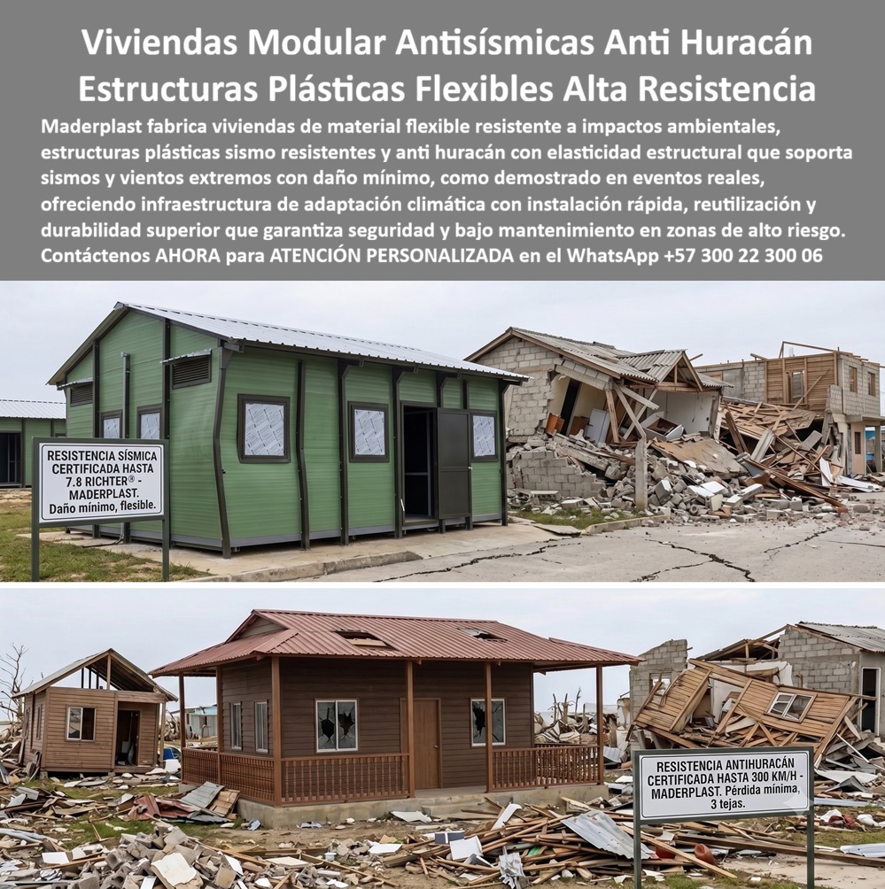 Construcciones Antisísmicas Anti Huracán Elasticidad Estructural Maderplast Vivienda de material flexible resistente a impactos ambientales Estructura plástica sismo resistente infraestructura de adaptación climática Construcciones UV Viviendas Modulares Antisísmicas y Anti Huracán: Infraestructura Flexible de Alta Ingeniería para Zonas de Riesgo Climático y Sísmico  La imagen ilustra el principio de una construcción resiliente, donde una vivienda modular con estructura plástica flexible permanece en servicio mientras edificaciones convencionales del entorno presentan colapsos severos ocasionados por un evento sísmico o un fenómeno de vientos extremos. Más allá del contraste visual, el concepto representa una nueva generación de infraestructura de adaptación climática, desarrollada para responder a los desafíos actuales del cambio climático, el incremento de fenómenos naturales y la necesidad de construir edificaciones capaces de absorber esfuerzos dinámicos sin comprometer la seguridad de sus ocupantes. Las construcciones antisísmicas y anti huracán desarrolladas por Maderplast incorporan materiales de ingeniería con alta capacidad de deformación elástica, resistencia ambiental y excelente comportamiento frente a humedad, radiación ultravioleta y ambientes altamente agresivos.  En regiones costeras, zonas sísmicas, áreas expuestas a huracanes, ciclones, tormentas tropicales, inundaciones y eventos climáticos extremos, la ingeniería moderna busca estructuras que no solamente resisten grandes cargas estáticas, sino que también sean capaces de disipar parte de la energía producida por movimientos dinámicos. Las viviendas de material flexible resistente a impactos ambientales, las estructuras plásticas sismo resistentes, las construcciones UV, los sistemas modulares de alta resistencia, las viviendas industrializadas, las casas prefabricadas resistentes a huracanes, los edificios modulares de adaptación climática y las estructuras resilientes constituyen una alternativa orientada a mejorar la seguridad, reducir los daños estructurales y facilitar una rápida recuperación después de un evento natural.  Desde el punto de vista de la ingeniería estructural, uno de los factores más importantes durante un sismo o un huracán es la capacidad del sistema para deformarse sin fallar de manera frágil. Los materiales con comportamiento flexible pueden absorber parte de la energía transmitida por el movimiento o por la acción del viento, reduciendo concentraciones de esfuerzo y disminuyendo el riesgo de daños severos. Este principio de comportamiento estructural constituye uno de los fundamentos utilizados internacionalmente para el diseño de edificaciones resilientes. La capacidad específica de un proyecto para resistir un determinado evento depende del diseño estructural completo, del cálculo realizado por el ingeniero responsable, de la normativa aplicable y de los ensayos correspondientes para cada caso.  Otro beneficio importante de estas soluciones consiste en la rapidez de construcción y su carácter modular. Las viviendas pueden fabricarse en planta, transportarse hasta el sitio de instalación y ensamblarse con gran velocidad, permitiendo responder de manera eficiente a proyectos de vivienda permanente, campamentos, infraestructura institucional, soluciones para atención de emergencias, instalaciones industriales y programas de reconstrucción posteriores a desastres naturales. La modularidad también facilita futuras ampliaciones, reubicaciones y reutilización de componentes, contribuyendo a una construcción más sostenible y eficiente.  Para ingenieros, arquitectos, entidades públicas, organismos de gestión del riesgo y desarrolladores inmobiliarios, la decisión técnica debe basarse en un análisis integral del desempeño durante toda la vida útil de la infraestructura. No solamente se evalúa el costo inicial de construcción, sino también la durabilidad, la resistencia ambiental, la facilidad de mantenimiento, la velocidad de instalación y la capacidad de recuperación después de eventos extremos. Un sistema que reduce reparaciones, disminuye tiempos de reconstrucción y mantiene la operatividad representa una inversión significativamente más eficiente que una solución que requiere constantes intervenciones o reemplazos.  Maderplast desarrolla estas soluciones mediante procesos industriales especializados en plásticos técnicos, diseño propio y fabricación personalizada para proyectos de vivienda, infraestructura institucional y edificaciones modulares. La empresa cuenta con procesos certificados bajo ISO 9001 para gestión de calidad e ISO 14001 para gestión ambiental, además de experiencia en diseño y desarrollo de sistemas constructivos adaptados a condiciones ambientales exigentes. Sus materiales son sometidos a ensayos de laboratorio y pruebas técnicas que permiten evaluar su comportamiento mecánico, proporcionando información objetiva para apoyar los procesos de especificación e ingeniería.  Diversos proyectos han incorporado tecnologías modulares desarrolladas por Maderplast en aplicaciones donde la rapidez constructiva, la resistencia ambiental y el bajo mantenimiento constituyen factores prioritarios. Por razones de confidencialidad no se publican todos los nombres de los proyectos ejecutados, pero la empresa puede suministrar referencias comerciales, mostrar desarrollos realizados, elaborar prototipos, renders, planos y fabricar soluciones completamente personalizadas. Cuando un proyecto requiere validaciones específicas de desempeño estructural, estas deben realizarse mediante cálculos, simulaciones y ensayos desarrollados por profesionales competentes y conforme a la normativa técnica aplicable.  La incorporación de viviendas modulares antisísmicas, estructuras plásticas flexibles, construcciones anti huracán, infraestructura de adaptación climática, edificaciones resistentes a ambientes extremos y sistemas constructivos industrializados representa una inversión orientada a incrementar la resiliencia, reducir costos de mantenimiento y mejorar la capacidad de respuesta frente a fenómenos naturales. Más que construir una vivienda, significa desarrollar infraestructura preparada para enfrentar condiciones ambientales exigentes mediante ingeniería, materiales de alto desempeño y soluciones constructivas diseñadas para una larga vida útil. Cuando el objetivo consiste en combinar rapidez de construcción, durabilidad, sostenibilidad y capacidad de adaptación, las soluciones desarrolladas por Maderplast constituyen una alternativa tecnológica respaldada por experiencia en diseño, fabricación especializada e innovación en plásticos de ingeniería.  Descripción Ficha técnica Resumida del producto:  Viviendas modulares antisísmicas y construcciones anti huracán con estructuras plásticas flexibles, infraestructura de adaptación climática y sistemas industrializados de alta resistencia ambiental. Soluciones Maderplast para proyectos modulares con rápida instalación, alta durabilidad, bajo mantenimiento y diseño orientado a condiciones climáticas exigentes.  Contáctenos ahora mismo por WhatsApp y reciba atención personalizada de un asesor especializado: +57 300 22 300 06.