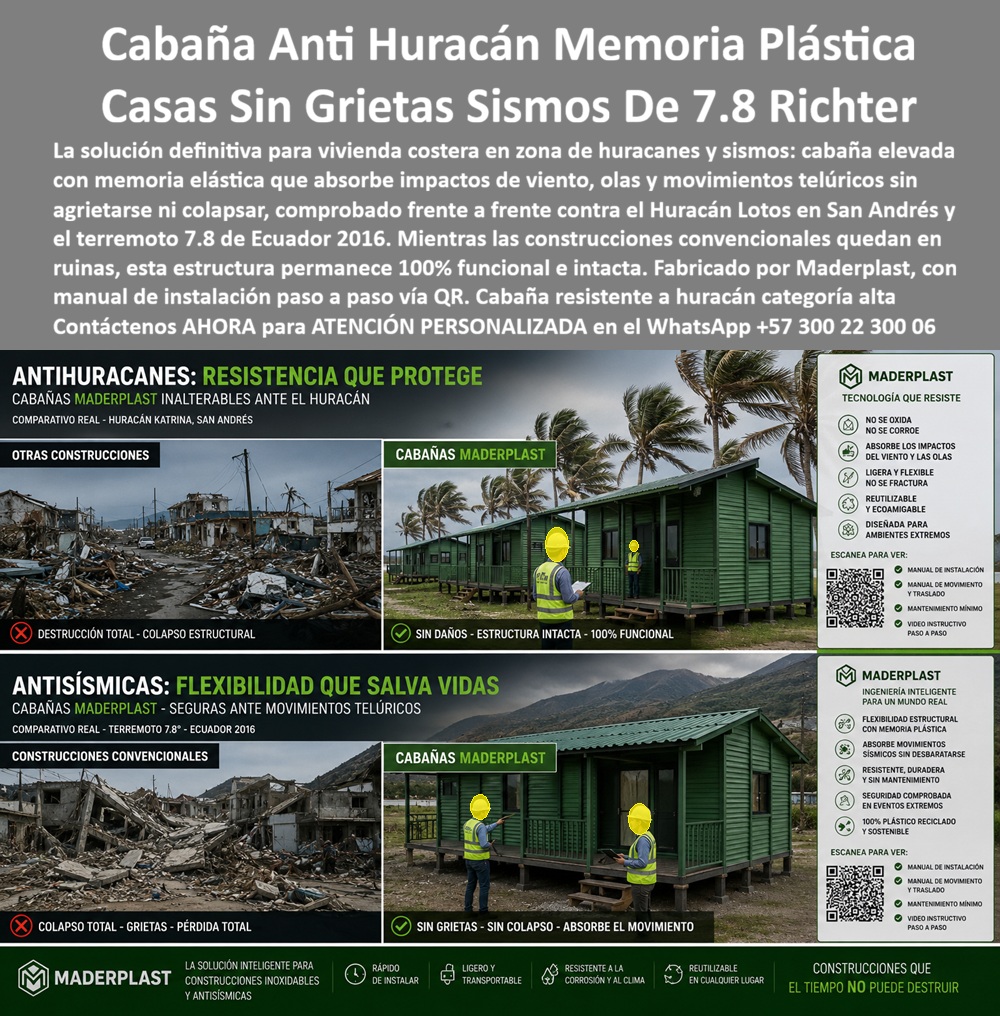 Construcciones Antisísmicas Anti Huracán Elasticidad Estructural Maderplast Viviendas con Memoria Plástica Antisísmica viviendas para zonas costeras Estructura flexible antisísmica en material plástico Casa Elevada Resistente Tornados Cabañas elevadas con memoria plástica anti-huracán y anti-sísmica permanecen intactas frente a sismos de 7.8 Richter y huracanes de alta categoría. Maderplast fabrica estas viviendas de estructura flexible en material plástico que absorben impactos de viento, olas y movimientos telúricos sin agrietarse ni colapsar. Comprobadas frente a frente contra el Huracán Lotus en San Andrés y el terremoto 7.8 de Ecuador 2016, estas cabañas permanecen 100 % funcionales mientras las construcciones convencionales quedan en ruinas. En zonas costeras e inundables el problema central es la vulnerabilidad de los sistemas rígidos. Las estructuras tradicionales se fracturan, se corroen y pierden operatividad después de un evento extremo. La memoria plástica estructural de Maderplast disipa energía, recupera forma y mantiene integridad. La cabaña elevada no se oxida, no se corroe, es ligera, transportable y reutilizable. El montaje se realiza con manual paso a paso accesible por código QR, lo que facilita la instalación controlada y reduce errores en la obra. El resultado es una vivienda de ingeniería resiliente diseñada para ambientes extremos. Reduce el riesgo de pérdida total, acelera la recuperación post-desastre y baja el costo total de propiedad al eliminar mantenimientos por corrosión y reforzamientos posteriores. El material es 100 % plástico reciclable y sostenible, alineado con exigencias de infraestructura crítica en zonas de alta amenaza. Los sistemas constructivos convencionales, aunque lleguen a precio inicial bajo, terminan resultando carísimos por destrucción, grietas, pérdida de habitabilidad y costos de reconstrucción. Maderplast entrega una solución de ingeniería validada que convierte cada cabaña en un activo que el tiempo y los eventos extremos no pueden destruir. Las plantas cuentan con certificación ISO 9001 en diseño y fabricación e ISO 14001 ambiental, y las piezas se validan con pruebas de laboratorio exigentes. Un responsable de proyecto en zona costera comentó: “Después de revisar el desempeño de las cabañas Maderplast frente a huracán y sismo real, especificamos el sistema para vivienda de emergencia y permanente. Las estructuras permanecieron intactas y operativas. Cualquier construcción convencional, aunque nos la regalaran, representaba un riesgo de pérdida total inaceptable”. La evidencia que elimina la duda técnica al firmar la orden de compra está en las pruebas extremas. El video en el que una retroexcavadora, un mazo de construcción y un rotomartillo impactan directamente los materiales Maderplast demuestra una resistencia que cambia la percepción de cualquier ingeniero. Este registro, junto con el canal completo de validaciones, constituye el respaldo que un profesional necesita para especificar con tranquilidad en zonas de alta amenaza sísmica y huracanada. Para solicitar planos, memorias de cálculo, manuales de instalación o cotización de producción en serie, contacte directamente al Departamento de Ingeniería. Ing. Soporte Técnico: (+57) 300 22 300 06 | ingenieria@maderplast.co.