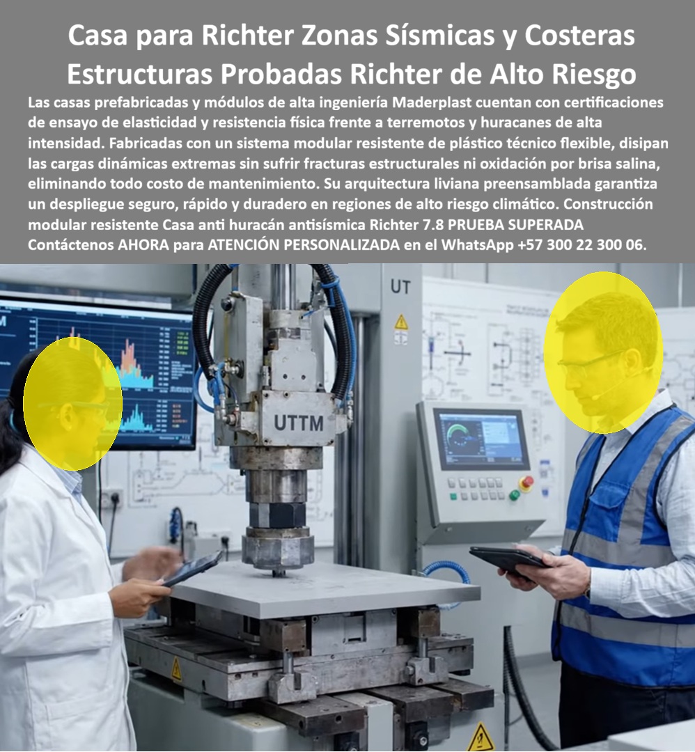 Construcciones Pruebas Antisísmicas Prueba Anti Huracán Elasticidad Maderplast Casa prefabricada zonas sísmicas y Sistema Constructivo Resiliente Infraestructura Crítica Casas sismo resistentes con memoria plástica estructural Sistema constructivo resiliente en plástico técnico responde a una pregunta que ningún propietario en zona sísmica o costera quiere responder por experiencia propia: cuando la estructura se mueve, ¿el material se fractura y cae encima de las personas, o flexiona y absorbe el movimiento? Esa es la diferencia real entre un material rígido y un material con memoria elástica, y es precisamente lo que Maderplast válida en laboratorio: ensayos de vibración, frecuencia e impacto puntual de hasta 500 kilogramos sobre el material, midiendo su capacidad de flexionar y recuperar su forma en lugar de quebrarse.  Los materiales de construcción tradicionales —concreto, mampostería rígida, ciertos paneles industriales— comparten una debilidad común frente a movimiento dinámico intenso: son resistentes mientras la carga es estática, pero frágiles frente a vibración o impacto repentino, y cuando fallan, lo hacen por fractura súbita, generando fragmentos que representan un riesgo directo para quienes están dentro o cerca de la estructura. El plástico técnico de alta ingeniería que utiliza Maderplast está diseñado para comportarse de forma distinta bajo ese mismo tipo de esfuerzo: en lugar de fracturarse, el material flexiona y disipa la energía del impacto, reduciendo el riesgo de que fragmentos estructurales caigan sobre los ocupantes durante un evento de movimiento extremo.  Esta propiedad de elasticidad estructural cobra especial relevancia en regiones costeras de alto riesgo climático, donde además de la exigencia mecánica del material se suma la exposición constante a humedad y brisa salina. Mientras una estructura metálica en esas condiciones enfrenta el doble riesgo de corrosión progresiva y fragilidad ante movimiento, el sistema modular de Maderplast no se oxida por salinidad y mantiene su capacidad de flexión intacta con el paso del tiempo, sin el deterioro que la corrosión introduce silenciosamente en un material metálico expuesto al ambiente marino.  La arquitectura liviana y preensamblada de estos módulos permite además un despliegue más rápido que la construcción tradicional en concreto o mampostería, un factor que en proyectos de vivienda de emergencia o reconstrucción posdesastre en zonas de alto riesgo climático puede significar la diferencia entre semanas y meses de espera para que una familia cuente con una vivienda habitable.  Es importante ser precisos sobre el alcance real de esta evidencia: los ensayos descritos evalúan el comportamiento del material bajo vibración, frecuencia e impacto puntual en laboratorio, y son la base técnica sobre la cual se diseña el sistema estructural completo. No sustituyen una certificación sismorresistente de norma para una edificación terminada, y Maderplast trabaja junto con el diseñador estructural de cada proyecto para que el sistema final cumpla la normativa sismorresistente aplicable a su ubicación específica.  Si su proyecto se ubica en una zona sísmica o costera de alto riesgo, nuestro equipo de ingeniería puede acompañar el diseño estructural con la información de comportamiento del material que su calculista requiera. Escríbenos: (+57) 300 22 300 06 — ingenieria@maderplast.co. Maderplast: plástico técnico con memoria elástica, diseñado para flexionar donde otros materiales se fracturan.  Video sugerido para este bloque: Pruebas de laboratorio Maderplast llevadas al límite extremo — https://www.youtube.com/watch?v=qG7 olSeNs