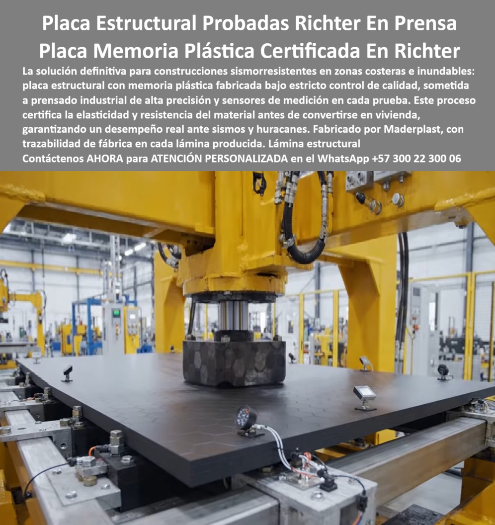 Construcciones Pruebas Antisísmicas Prueba Anti Huracán Elasticidad Maderplast Sistema Constructivo Resiliente Infraestructura Crítica Casas sismo resistentes con memoria plástica estructural Construcciones Zonas Costeras e Inundables Placas estructurales con memoria plástica certificadas en pruebas Richter resuelven las construcciones sismo-resistentes en zonas costeras e inundables. Maderplast fabrica estas láminas de alta ingeniería bajo estricto control de calidad, sometidas a prensado industrial de alta precisión y sensores de medición en cada ensayo. El proceso certifica la elasticidad y la resistencia del material antes de convertirse en vivienda o infraestructura, garantizando un desempeño real ante sismos y huracanes. En regiones de amenaza sísmica o exposición a vientos extremos el problema central es la capacidad del material para absorber energía y recuperar su forma sin fallar. Estas placas con memoria plástica estructural entregan exactamente esa capacidad. Cada lámina sale de fábrica con trazabilidad completa y con evidencia de haber superado ensayos de carga controlada. El sistema constructivo resiliente resultante permite edificar casas e infraestructura crítica con mayor seguridad y menor riesgo de colapso o daño irreversible. El material combina resistencia mecánica con comportamiento elástico que disipa energía. No se fractura de manera frágil bajo cargas dinámicas y mantiene integridad después de eventos extremos. La construcción en zonas costeras e inundables gana una herramienta de ingeniería que reduce la vulnerabilidad y acelera la recuperación post-evento. El costo total de propiedad baja porque se evitan reforzamientos posteriores y se prolonga la vida útil de la estructura. Los sistemas convencionales de menor elasticidad o sin certificación de desempeño dinámico, aunque lleguen a precio inicial bajo, terminan resultando carísimos por daños, reparaciones y pérdida de operatividad después de un sismo o huracán. Maderplast entrega una solución de ingeniería validada que convierte cada placa en un componente confiable de infraestructura crítica. Las plantas cuentan con certificación ISO 9001 en diseño y fabricación e ISO 14001 ambiental, y las piezas se validan con pruebas de laboratorio exigentes. Un ingeniero estructural de un proyecto en zona costera comentó: “Especificamos las placas con memoria plástica Maderplast después de revisar los ensayos en prensa. La trazabilidad y el comportamiento elástico nos dieron la confianza para usarla en viviendas sismo-resistentes. Cualquier alternativa sin esa evidencia, aunque nos la regalaran, representaba un riesgo técnico inaceptable”. La evidencia que elimina la duda técnica al firmar la orden de compra está en las pruebas extremas. El video en el que una retroexcavadora, un mazo de construcción y un rotomartillo impactan directamente los materiales Maderplast demuestra una resistencia que cambia la percepción de cualquier ingeniero. Este registro, junto con el canal completo de validaciones, constituye el respaldo que un profesional necesita para especificar con tranquilidad en zonas de alta amenaza. Para solicitar ensayos, memorias de cálculo, especificación en pliegos o cotización de producción en serie, contacte directamente al Departamento de Ingeniería. Ing. Soporte Técnico: (+57) 300 22 300 06 | ingenieria@maderplast.co.
