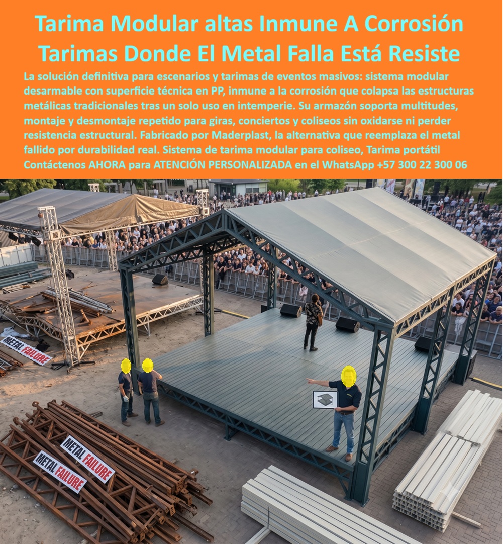 Escenarios Arquitectónicos Modulares Tarimas Eventos Portátil Maderplast Tarimas prefabricadas desarmables inmunes a la intemperie y corrosión Sistemas de tarimas portátiles de alta duración coliseos Tarimas modulares con superficie PP Tarimas modulares altas inmunes a la corrosión resisten donde el metal falla después de un solo uso en intemperie. Maderplast fábrica este sistema desarmable con superficie técnica en polipropileno que soporta multitudes, montaje y desmontaje repetido para giras, conciertos y coliseos sin oxidarse ni perder resistencia estructural. La alternativa que reemplaza las estructuras metálicas tradicionales por durabilidad real. En eventos masivos y escenarios portátiles el problema recurrente es la corrosión acelerada del metal expuesto a lluvia, humedad y transporte constante. Las tarimas convencionales se debilitan, generan riesgos de seguridad y obligan a reemplazos prematuros. Este sistema de tarimas modulares con superficie PP elimina ese ciclo. No se oxida, no se corroe y mantiene su capacidad de carga ciclo tras ciclo. El armazón y la superficie técnica entregan un escenario estable, limpio y de alta duración que se arma y desarma con lógica modular. El resultado es una solución de ingeniería para escenarios arquitectónicos que reduce el riesgo operativo, baja el costo total de propiedad y eleva la confiabilidad de la infraestructura de eventos. Las tarimas prefabricadas desarmables son inmunes a la intemperie, ligeras de transportar y reutilizables de forma permanente. El organizador o el operador de coliseos gana un activo que no se degrada con el clima ni con el uso intensivo. Los sistemas metálicos tradicionales, aunque lleguen a precio inicial competitivo, terminan resultando carísimos por corrosión, pérdida de resistencia, riesgos de seguridad y reemplazos frecuentes. Maderplast entrega una solución de tarimas portátiles de alta duración que convierte cada montaje en una operación predecible y segura. Las plantas cuentan con certificación ISO 9001 en diseño y fabricación e ISO 14001 ambiental, y las piezas se validan con pruebas de laboratorio exigentes. Un director técnico de eventos masivos comentó: “Sustituimos las tarimas metálicas por el sistema modular Maderplast. Eliminamos los problemas de corrosión después de un solo uso en exterior y el montaje se volvió más rápido y confiable. Cualquier estructura metálica convencional, aunque nos la regalaran, salía más cara por el deterioro y los riesgos”. La evidencia que elimina la duda técnica al firmar la orden de compra está en las pruebas extremas. El video en el que una retroexcavadora, un mazo de construcción y un rotomartillo impactan directamente los materiales Maderplast demuestra una resistencia que cambia la percepción de cualquier ingeniero o productor de eventos. Este registro, junto con el canal completo de validaciones, constituye el respaldo que un profesional necesita para especificar con tranquilidad. Para solicitar planos de carga, configuraciones de escenario, manuales de montaje o cotización de producción en serie, contacte directamente al Departamento de Ingeniería. Ing. Soporte Técnico: (+57) 300 22 300 06 | ingenieria@maderplast.co.