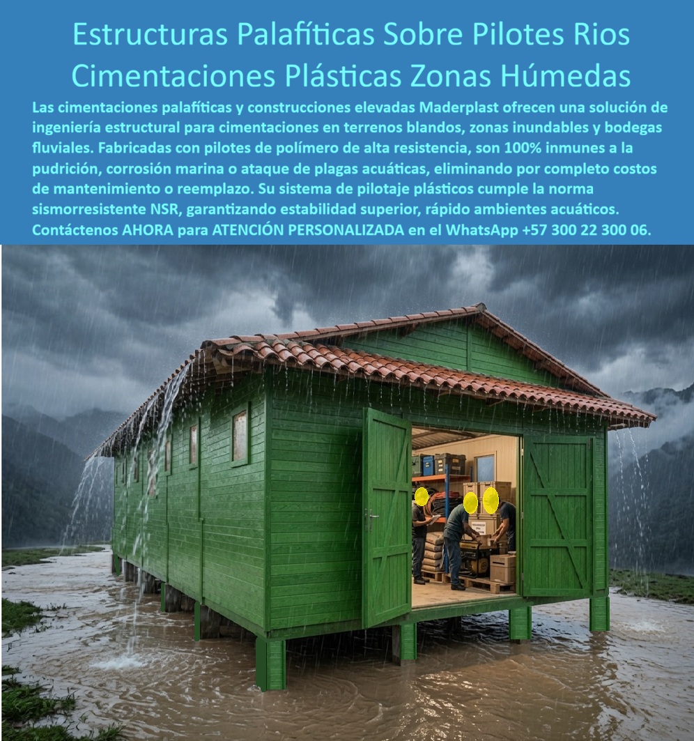 Estructura Palafítica Construcciones Elevadas Sobre Pilotes Maderplast Cimentaciones con pilotes plásticos en terrenos blandos Pilotes de polímero muelles y bodegas fluviales Pilotaje de cimentación plástico zonas húmedas Sistema NSR ESTRUCTURA PALAFÍTICA CONSTRUCCIONES ELEVADAS SOBRE PILOTES MADERPLAST PARA CIMENTACIONES EN ZONAS HÚMEDAS Y TERRENOS BLANDOS  La Estructura Palafítica Construcciones Elevadas Sobre Pilotes Maderplast, constituida por las Cimentaciones con pilotes plásticos en terrenos blandos, los Pilotes de polímero muelles y bodegas fluviales, el Pilotaje de cimentación plástico zonas húmedas y el Sistema NSR, es la solución de ingeniería protagonista para edificaciones en terrenos inestables, riberas y áreas de inundación. La imagen exhibe una bodega o taller industrial elevado sobre pilotes de polipropileno macizo color verde Maderplast, instalado en medio de un terreno inundado bajo lluvias torrenciales. La estructura palafítica mantiene el nivel interior completamente seco, seguro y operativo, donde ingenieros y personal técnico realizan labores de almacenamiento y logística con iluminación adecuada sobre el piso elevado. El texto del encabezado precisa: "Estructuras Palafíticas Sobre Pilotes Ríos Cimentaciones Plásticas Zonas Húmedas. Las cimentaciones palafíticas y construcciones elevadas Maderplast ofrecen una solución de ingeniería estructural para cimentaciones en terrenos blandos, zonas inundables y bodegas fluviales. Fabricadas con pilotes de polímero de alta resistencia, son 100% inmunes a la pudrición, corrosión marina o ataque de plagas acuáticas, eliminando por completo costos de mantenimiento o reemplazo. Su sistema de pilotaje plásticos cumple la norma sismorresistente NSR, garantizando estabilidad superior, rápido ambientes acuáticos. Contáctenos AHORA para ATENCIÓN PERSONALIZADA en el WhatsApp +57 300 22 300 06".  La cimentación y edificación sobre terrenos pantanosos, humedales o márgenes fluviales mediante pilotes de madera tratada, acero o concreto armado genera graves problemas por pudrición acelerada, lixiviación, corrosión galvánica y desintegración del concreto por sulfatos o cloruros. La implementación de pilotes de polímero macizo y placas plásticas Maderplast como reemplazo del fenólico, de la madera y de las estructuras metálicas soluciona de raíz estas patologías. Fabricados en polímero sintético inerte de alta densidad, estos pilotes no absorben agua, no sufren ataque de teredos ni plagas acuáticas y no se degradan ante la humedad constante, garantizando una cimentación sólida, estable y 100% inmune a la corrosión bajo norma sismorresistente NSR.  En el desarrollo de puertos fluviales, bodegas logísticas y la construcción moldes para concreto o cimentaciones profundas, los paneles para encofrado, tableros para encofrado, placas para encofrados y placas para formaletas Maderplast aseguran la máxima eficiencia operacional. A diferencia de las cimentaciones tradicionales de concreto propensas a fisuras o del metal sujeto a picadura por óxido, este sistema de mampostería plástica y formaletas reutilizables y encofrados reutilizables en paredes y placas resiste crecientes, humedad extrema y agresividad química del suelo sin perder tolerancia geométrica. Esto elimina los retrasos en la obra, evita los resanes y reduce drásticamente el costo total de propiedad (TCO).  Las soluciones constructivas e ingeniería del concreto Maderplast demuestran que las estructuras palafíticas convencionales de la competencia, aun cuando fueran regaladas, resultan astronómicamente caras para la gerencia de obra por sus constantes mantenimientos, reemplazos prematuros de pilotes podridos, pérdida de mercancía por inundaciones y multas contractuales. Maderplast asegura acabados estructurales, acabados permanentes y acabados arquitectónicos que ofrecen durabilidad inalterable por décadas, respaldados por un proceso industrial con certificación ISO 9001 en diseño y desarrollo e ISO 14001 en gestión ambiental, probados bajo estricta norma técnica.  "DIRECTOR GENERAL DE OBRA — CONSTRUCTORA BOLÍVAR S.A. Implementar las estructuras palafíticas y cimentaciones con pilotes plásticos Maderplast en nuestro proyecto en zona húmeda nos permitió construir una bodega fluvial indestructible en tiempo récord. Eliminamos al 100% el gasto en mantenimiento por pudrición o corrosión, garantizando una cimentación 100% estable y segura.'"  Para la verificación técnica de capacidad de carga, pruebas de hincado de pilotes, memorias de cálculo, planos acotados o inspección de ensayos de laboratorio en video (como las pruebas de resistencia extrema Maderplast ante retroexcavadora y rotomartillo en YouTube: youtube.com/watch?v=doRIRlOAgX8, montaje estructural en youtube.com/watch?v=IwzorusG2ss y acabados en youtube.com/watch?v=_IV-ub_6hUY), el equipo proyectista e ingenieros de obra pueden solicitar la documentación respaldada. Contacto directo con el Departamento de Ingeniería para asesoría personalizada. Ing. Soporte Técnico: (+57) 300 22 300 06.
